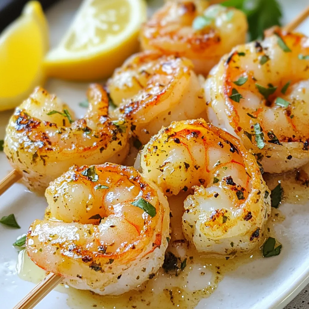 - 1 pound large shrimp (peeled and deveined) - 2 tablespoons extra virgin olive oil - 2 tablespoons freshly squeezed lemon juice - 1 teaspoon finely grated lemon zest - 3 cloves garlic (minced) - 1 tablespoon fresh parsley (chopped) - 1 tablespoon fresh basil (chopped) - 1 teaspoon dried oregano - Salt and freshly ground black pepper (to taste) - Lemon wedges (for serving) If you run out of fresh herbs, use dried ones. Dried herbs are strong, so use less. You can swap fresh parsley with cilantro for a different taste. If you don’t have basil, try using thyme or dill. For the olive oil, any oil will work, but olive gives the best flavor. You can also replace shrimp with chicken or tofu if you want a twist. The secret to this dish is in the seasonings. Lemon juice adds brightness, while lemon zest gives a punch of flavor. Garlic brings a savory note that enhances the shrimp. Fresh herbs like parsley and basil lift the dish with freshness. Dried oregano rounds out the flavors well. Don’t forget salt and pepper; they balance the dish and make it pop. {{ingredient_image_2}} To start, gather your ingredients in a large mixing bowl. You need: - 2 tablespoons extra virgin olive oil - 2 tablespoons freshly squeezed lemon juice - 1 teaspoon finely grated lemon zest - 3 cloves garlic (minced) - 1 tablespoon fresh parsley (chopped) - 1 tablespoon fresh basil (chopped) - 1 teaspoon dried oregano - Salt and freshly ground black pepper (to taste) Add the olive oil, lemon juice, lemon zest, and minced garlic to the bowl. Mix these ingredients well. Then, add the chopped parsley, chopped basil, and dried oregano. Season with salt and pepper. Whisk until everything is blended. This marinade smells bright and fresh. Now, it’s time to add the shrimp. Use one pound of large shrimp that are peeled and deveined. Place the shrimp into the bowl with the marinade. With a spatula, gently toss the shrimp. Make sure each piece is well coated in the marinade. Cover the bowl with plastic wrap. Put it in the fridge for about 30 minutes. This time allows the shrimp to soak up the flavors. While the shrimp is marinating, prepare your grill. Preheat it to medium-high heat. If you're using wooden skewers, soak them in water for 15 minutes. This step helps prevent burning. After marinating, thread the shrimp onto the skewers. Place 4-5 shrimp on each skewer. Keep them close together for even cooking. Once your grill is hot, carefully place the skewers on it. Grill the shrimp for 2-3 minutes on each side. The shrimp should turn opaque and have nice grill marks. Avoid overcrowding the grill. After grilling, remove the skewers. Let them rest for about a minute. For added flavor, garnish with fresh herbs. Serve with lemon wedges for a zesty touch. Grilling shrimp takes skill. Start with a medium-high heat. This gives you a nice sear and keeps the shrimp juicy. If the grill is too hot, the shrimp can cook too fast and dry out. Use a grill thermometer for best results. Aim for about 400°F (200°C). To get tender shrimp, don’t overcook them. They only need about 2-3 minutes on each side. Shrimp cook quickly, so watch them closely. They turn a bright pink when done. If they are rubbery, they are overcooked. Marinating also helps make shrimp tender. The lemon juice breaks down tough fibers. One common mistake is overcrowding the grill. This can lead to uneven cooking. Make sure to space the skewers apart. Another mistake is not soaking wooden skewers. Soak them for 15 minutes before use to prevent burning. Finally, always let the shrimp rest for a minute after grilling. This helps keep them juicy and flavorful. Pro Tips Marinate for Maximum Flavor: Allowing the shrimp to marinate for at least 30 minutes enhances the flavor, but don’t exceed 1 hour as the acid in the lemon juice can begin to cook the shrimp. Skewer Safety: If using wooden skewers, soak them in water for at least 15 minutes prior to grilling to prevent them from burning. Even Cooking: When threading the shrimp onto skewers, make sure they are close together but not tightly packed to ensure even cooking on the grill. Check for Doneness: Shrimp are cooked when they turn opaque and form a 'C' shape. Remove from the grill as soon as they are cooked to avoid overcooking. {{image_4}} You can switch up the marinade with different flavors. Try using lime juice instead of lemon juice for a twist. You can also add a splash of soy sauce for a savory kick. For a spicy touch, mix in some crushed red pepper flakes. If you want a sweet note, add a bit of honey or brown sugar. Each change gives the shrimp a new taste. Grilling is just one way to cook shrimp. You can also bake them at 400°F for 10-12 minutes. If you want a quicker method, pan-sear them in a hot skillet for about 2-3 minutes per side. If you like a smoky flavor, try using a stovetop grill pan. Each method brings out a different texture and taste. When serving your lemon herb grilled shrimp, think about color and texture. Arrange the shrimp skewers on a bright platter. Add fresh salad or grilled veggies for a full meal. You can also serve the shrimp with rice or quinoa for a hearty option. For a refreshing finish, squeeze fresh lemon juice on top just before serving. After enjoying your lemon herb grilled shrimp, you may have some leftovers. To store them, let the shrimp cool down to room temperature. Then, place them in an airtight container. You can keep them in the fridge for up to three days. This way, they stay fresh and tasty for your next meal. When you want to enjoy the leftovers, reheating is simple. You can use a skillet on medium heat. Just add a little olive oil to the pan. Place the shrimp in the skillet and heat for about 2-3 minutes. Stir gently to avoid overcooking. You can also use a microwave. Heat them for about 30 seconds. Check if they are warm enough and heat more if needed. If you want to save shrimp for later, freezing is a great option. First, make sure the shrimp are completely cooled. Then, place them in a freezer-safe bag or container. Squeeze out as much air as possible before sealing. They can last in the freezer for up to three months. To use them, simply thaw in the fridge overnight before reheating. This keeps them juicy and flavorful. You should marinate the shrimp for about 30 minutes. This time allows the shrimp to soak up all the flavors. If you marinate them too long, the acid in the lemon juice can change the shrimp's texture. Keep an eye on that! Yes, you can use frozen shrimp. Just make sure to thaw them first. Place the frozen shrimp in the fridge overnight or run them under cold water for a quick thaw. Pat them dry before marinating to help the flavors stick better. Lemon herb grilled shrimp pairs well with many sides. Here are some great options: - A fresh green salad with a light vinaigrette - Grilled vegetables like zucchini or bell peppers - Garlic bread for a tasty bite - Rice or quinoa for a filling meal - Pasta with olive oil and herbs for a hearty side Feel free to mix and match these ideas to create your perfect meal! In this article, we covered the key ingredients for lemon herb grilled shrimp. We went through how to prepare your marinade, marinate the shrimp, and grill them perfectly. I shared tips to help you get tender shrimp and avoid mistakes. You also learned storage options for leftovers and variations to keep your meals fresh. Remember, the right ingredients and techniques make all the difference. Enjoy your cooking!