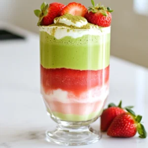 - 1 cup milk of your choice (dairy, almond, oat, etc.) - 1 tablespoon culinary grade matcha powder - 1 tablespoon hot water (just below boiling) - 1 cup fresh strawberries, hulled and chopped - 2 tablespoons honey or maple syrup (adjust according to your sweetness preference) - 1/2 teaspoon vanilla extract - Ice cubes (optional, for an iced version) Gather these ingredients before you start. You can use any milk you like. Almond milk or oat milk adds a nice flavor. Choose culinary grade matcha powder for the best taste. Fresh strawberries give a bright, fruity note. Sweeten with honey or maple syrup based on your taste. A bit of vanilla extract adds warmth. If you want an iced version, grab some ice cubes. These ingredients work together to create a drink that is both tasty and refreshing. When you combine them, you'll make a lovely matcha strawberry latte that everyone will enjoy. {{ingredient_image_2}} 1. Start with a small mixing bowl. Add 1 tablespoon of culinary grade matcha powder to it. 2. Pour in 1 tablespoon of hot water. The water should be just below boiling. 3. Using a bamboo whisk or a handheld milk frother, whisk the mixture well. 4. Keep whisking until you see a smooth, lump-free green mixture. This step is key for a great taste! 1. Take 1 cup of fresh strawberries. Make sure to hull and chop them first. 2. Place the chopped strawberries in a blender. Add 2 tablespoons of honey or maple syrup for sweetness. 3. Pour in 1/2 teaspoon of vanilla extract for extra flavor. 4. Blend everything on high speed until it turns into a silky smooth puree. 5. If you want a smoother texture, strain the puree through a fine sieve. 1. Grab a separate glass or cup. Pour the strawberry puree into it first. 2. Next, carefully pour the vibrant matcha mixture over the strawberry layer. 3. To create a beautiful layered effect, you can use the back of a spoon while pouring. 4. If you want an iced version, add ice cubes to the glass before pouring in the milk. 5. Finally, pour your choice of milk over the layers. Stir gently to mix the flavors without losing the pretty layers. Enjoy your colorful and delicious Matcha Strawberry Latte! To make a smooth matcha mixture, start with good quality matcha powder. Use a small bowl for mixing. Add one tablespoon of hot water, just below boiling, to the matcha. Whisk it with a bamboo whisk or a handheld frother. Keep whisking until there are no lumps. This step is key. A smooth texture makes your drink enjoyable. Water temperature matters! If the water is too hot, it can make the matcha taste bitter. Aim for a temperature around 175°F (80°C). This allows the matcha to shine without losing its lovely flavor. For the best taste, choose ripe strawberries. They should be bright red and smell sweet. Ripe strawberries bring out the natural sweetness, making your drink better. You can also add flavor boosters. A hint of lemon juice can brighten the taste. You might also try a pinch of salt. Salt can enhance the sweetness of the strawberries, giving you a richer flavor. Serve your latte in clear glasses. This way, the pink strawberry and green matcha layers show beautifully. It's a feast for the eyes! For garnish, place a fresh strawberry on the rim of the glass. You can also sprinkle a little matcha powder on top. This adds an elegant touch and makes your drink look even more inviting. Pro Tips Quality Matcha Matters: Choose high-quality culinary grade matcha powder for the best flavor and vibrant color. Look for matcha that is bright green and has a smooth texture. Fresh Strawberries for Flavor: Use ripe, fresh strawberries for the puree to ensure maximum sweetness and flavor. If strawberries are out of season, consider using frozen ones, but thaw them first for blending. Layering Technique: When layering the matcha and strawberry mixtures, pour slowly over the back of a spoon to create distinct layers. This will enhance the visual appeal of your drink. Customize Your Sweetness: Adjust the amount of honey or maple syrup according to your taste preference. Start with less and add more if needed after mixing, as the flavors meld together. {{image_4}} You can enjoy your Matcha Strawberry Latte hot or iced. For the hot version, prepare the matcha and strawberry puree as usual. Just pour warm milk over the top. This creates a cozy drink perfect for cooler days. For an iced version, add ice cubes before pouring the milk. The ice cools down the drink quickly and makes it refreshing. You can also add flavored syrups, like vanilla or caramel, to personalize your drink. This adds a special touch. Changing up the ingredients can give your latte a new twist. Start with different milk options. Almond, oat, or coconut milk can change the taste and texture. Each type adds a unique flavor. You can also try other fruits in your latte. Bananas, mangoes, or blueberries can create fun flavors. Blend these fruits with the strawberries for a fruity surprise. Sweeteners can vary too. Use agave nectar or stevia instead of honey or maple syrup for a different sweetness. If you want a lighter drink, try low-calorie sweeteners like monk fruit or erythritol. These can help cut down on sugar without losing taste. For a dairy-free or vegan option, use plant-based milk. Almond, soy, or oat milk works well. This way, everyone can enjoy this delicious drink and feel good about it. You can make the matcha strawberry latte ahead of time. For best results, prepare the matcha and strawberry puree separately. Store each in airtight containers in the fridge. Keep the matcha mixture in a dark place to avoid light exposure, which can affect its taste. To maintain ingredient quality, use fresh strawberries and good matcha. Only blend what you need. The prepared drink can stay fresh in the fridge for about 24 hours. If you notice changes in smell or color, it's best to discard it. If you want to heat your latte, do it slowly on the stove or in the microwave. Use a low setting to avoid hot spots. Stir gently while reheating to keep the texture smooth. Avoid boiling, as this can change the drink's creaminess. A Matcha Strawberry Latte is a tasty drink made with matcha and fresh strawberries. The drink has a bright green layer of matcha and a sweet, pink layer of strawberry puree. You get a lovely mix of earthy matcha and sweet strawberries. This drink is both refreshing and full of flavor. You can find matcha powder at local health food stores or Asian markets. Strawberries are often available at grocery stores or farmers' markets. If you prefer shopping online, marketplaces like Amazon or specialty food sites sell matcha powder and fresh strawberries. Matcha is full of antioxidants and can boost your energy. It may also help improve focus. Strawberries are rich in vitamins and can support heart health. Together, they make a nutritious drink that is both tasty and good for you. Yes, you can use different sweeteners. Honey and maple syrup work well, but you can also try agave or stevia. Adjust the amount to fit your taste. Start with a little and add more if needed. To get that lovely layered look, pour the strawberry puree first. When you add the matcha, do it slowly. You can use the back of a spoon to help control the flow. Avoid pouring too fast, as this can mix the layers. Always use a clear glass to show off the colors. To sum it up, you can make a tasty Matcha Strawberry Latte at home. Start with quality ingredients like dairy or plant-based milk, matcha powder, strawberries, and sweeteners. Follow the steps for preparing, blending, and layering your drink for a beautiful presentation. Use tips to enhance flavor and create variations that fit your style. Enjoy experimenting and share your delicious creations. With practice, you’ll impress everyone with your skills!