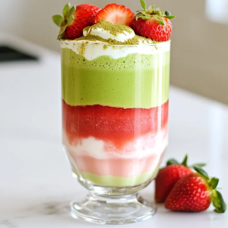 - 1 cup milk of your choice (dairy, almond, oat, etc.) - 1 tablespoon culinary grade matcha powder - 1 tablespoon hot water (just below boiling) - 1 cup fresh strawberries, hulled and chopped - 2 tablespoons honey or maple syrup (adjust according to your sweetness preference) - 1/2 teaspoon vanilla extract - Ice cubes (optional, for an iced version) Gather these ingredients before you start. You can use any milk you like. Almond milk or oat milk adds a nice flavor. Choose culinary grade matcha powder for the best taste. Fresh strawberries give a bright, fruity note. Sweeten with honey or maple syrup based on your taste. A bit of vanilla extract adds warmth. If you want an iced version, grab some ice cubes. These ingredients work together to create a drink that is both tasty and refreshing. When you combine them, you'll make a lovely matcha strawberry latte that everyone will enjoy. {{ingredient_image_2}} 1. Start with a small mixing bowl. Add 1 tablespoon of culinary grade matcha powder to it. 2. Pour in 1 tablespoon of hot water. The water should be just below boiling. 3. Using a bamboo whisk or a handheld milk frother, whisk the mixture well. 4. Keep whisking until you see a smooth, lump-free green mixture. This step is key for a great taste! 1. Take 1 cup of fresh strawberries. Make sure to hull and chop them first. 2. Place the chopped strawberries in a blender. Add 2 tablespoons of honey or maple syrup for sweetness. 3. Pour in 1/2 teaspoon of vanilla extract for extra flavor. 4. Blend everything on high speed until it turns into a silky smooth puree. 5. If you want a smoother texture, strain the puree through a fine sieve. 1. Grab a separate glass or cup. Pour the strawberry puree into it first. 2. Next, carefully pour the vibrant matcha mixture over the strawberry layer. 3. To create a beautiful layered effect, you can use the back of a spoon while pouring. 4. If you want an iced version, add ice cubes to the glass before pouring in the milk. 5. Finally, pour your choice of milk over the layers. Stir gently to mix the flavors without losing the pretty layers. Enjoy your colorful and delicious Matcha Strawberry Latte! To make a smooth matcha mixture, start with good quality matcha powder. Use a small bowl for mixing. Add one tablespoon of hot water, just below boiling, to the matcha. Whisk it with a bamboo whisk or a handheld frother. Keep whisking until there are no lumps. This step is key. A smooth texture makes your drink enjoyable. Water temperature matters! If the water is too hot, it can make the matcha taste bitter. Aim for a temperature around 175°F (80°C). This allows the matcha to shine without losing its lovely flavor. For the best taste, choose ripe strawberries. They should be bright red and smell sweet. Ripe strawberries bring out the natural sweetness, making your drink better. You can also add flavor boosters. A hint of lemon juice can brighten the taste. You might also try a pinch of salt. Salt can enhance the sweetness of the strawberries, giving you a richer flavor. Serve your latte in clear glasses. This way, the pink strawberry and green matcha layers show beautifully. It's a feast for the eyes! For garnish, place a fresh strawberry on the rim of the glass. You can also sprinkle a little matcha powder on top. This adds an elegant touch and makes your drink look even more inviting. Pro Tips Quality Matcha Matters: Choose high-quality culinary grade matcha powder for the best flavor and vibrant color. Look for matcha that is bright green and has a smooth texture. Fresh Strawberries for Flavor: Use ripe, fresh strawberries for the puree to ensure maximum sweetness and flavor. If strawberries are out of season, consider using frozen ones, but thaw them first for blending. Layering Technique: When layering the matcha and strawberry mixtures, pour slowly over the back of a spoon to create distinct layers. This will enhance the visual appeal of your drink. Customize Your Sweetness: Adjust the amount of honey or maple syrup according to your taste preference. Start with less and add more if needed after mixing, as the flavors meld together. {{image_4}} You can enjoy your Matcha Strawberry Latte hot or iced. For the hot version, prepare the matcha and strawberry puree as usual. Just pour warm milk over the top. This creates a cozy drink perfect for cooler days. For an iced version, add ice cubes before pouring the milk. The ice cools down the drink quickly and makes it refreshing. You can also add flavored syrups, like vanilla or caramel, to personalize your drink. This adds a special touch. Changing up the ingredients can give your latte a new twist. Start with different milk options. Almond, oat, or coconut milk can change the taste and texture. Each type adds a unique flavor. You can also try other fruits in your latte. Bananas, mangoes, or blueberries can create fun flavors. Blend these fruits with the strawberries for a fruity surprise. Sweeteners can vary too. Use agave nectar or stevia instead of honey or maple syrup for a different sweetness. If you want a lighter drink, try low-calorie sweeteners like monk fruit or erythritol. These can help cut down on sugar without losing taste. For a dairy-free or vegan option, use plant-based milk. Almond, soy, or oat milk works well. This way, everyone can enjoy this delicious drink and feel good about it. You can make the matcha strawberry latte ahead of time. For best results, prepare the matcha and strawberry puree separately. Store each in airtight containers in the fridge. Keep the matcha mixture in a dark place to avoid light exposure, which can affect its taste. To maintain ingredient quality, use fresh strawberries and good matcha. Only blend what you need. The prepared drink can stay fresh in the fridge for about 24 hours. If you notice changes in smell or color, it's best to discard it. If you want to heat your latte, do it slowly on the stove or in the microwave. Use a low setting to avoid hot spots. Stir gently while reheating to keep the texture smooth. Avoid boiling, as this can change the drink's creaminess. A Matcha Strawberry Latte is a tasty drink made with matcha and fresh strawberries. The drink has a bright green layer of matcha and a sweet, pink layer of strawberry puree. You get a lovely mix of earthy matcha and sweet strawberries. This drink is both refreshing and full of flavor. You can find matcha powder at local health food stores or Asian markets. Strawberries are often available at grocery stores or farmers' markets. If you prefer shopping online, marketplaces like Amazon or specialty food sites sell matcha powder and fresh strawberries. Matcha is full of antioxidants and can boost your energy. It may also help improve focus. Strawberries are rich in vitamins and can support heart health. Together, they make a nutritious drink that is both tasty and good for you. Yes, you can use different sweeteners. Honey and maple syrup work well, but you can also try agave or stevia. Adjust the amount to fit your taste. Start with a little and add more if needed. To get that lovely layered look, pour the strawberry puree first. When you add the matcha, do it slowly. You can use the back of a spoon to help control the flow. Avoid pouring too fast, as this can mix the layers. Always use a clear glass to show off the colors. To sum it up, you can make a tasty Matcha Strawberry Latte at home. Start with quality ingredients like dairy or plant-based milk, matcha powder, strawberries, and sweeteners. Follow the steps for preparing, blending, and layering your drink for a beautiful presentation. Use tips to enhance flavor and create variations that fit your style. Enjoy experimenting and share your delicious creations. With practice, you’ll impress everyone with your skills!