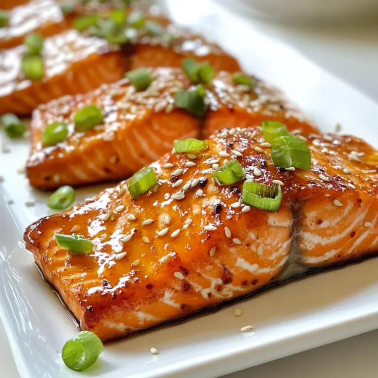 - 4 salmon fillets (approximately 6 ounces each) - 1/4 cup pure maple syrup - 2 tablespoons soy sauce - 1 tablespoon Dijon mustard - 2 cloves garlic, minced - 1 tablespoon fresh ginger, finely grated - 1 teaspoon sesame oil - Salt and freshly ground black pepper to taste - 1 tablespoon sesame seeds (for garnish) - 2 green onions, thinly sliced (for garnish) - Fresh herbs like cilantro or parsley for garnish - Lemon or lime juice for a citrus kick - Hot sauce for extra spice - Use tamari instead of soy sauce for a gluten-free option. - Maple syrup can be swapped with honey if you prefer. - You can replace fresh ginger with ground ginger, but use less (1/4 teaspoon). - If you don't have sesame oil, olive oil works in a pinch. Using these ingredients, you can create a tasty maple glazed salmon that will impress everyone at the table. The flavors blend well, making each bite a delight. Each ingredient adds its charm, especially the maple syrup, which brings a sweet touch. Enjoy cooking! {{ingredient_image_2}} First, grab a small mixing bowl. Add 1/4 cup of pure maple syrup. Next, pour in 2 tablespoons of soy sauce. If you need a gluten-free option, use tamari instead. Then, mix in 1 tablespoon of Dijon mustard. Add 2 cloves of minced garlic and 1 tablespoon of finely grated fresh ginger. Finally, drizzle in 1 teaspoon of sesame oil. Whisk everything together until it’s smooth. This marinade packs a punch with sweet and savory flavors. Now, take your 4 salmon fillets. Place them in a shallow dish or a zip-top bag. Pour the marinade over the salmon, making sure each piece is well coated. This helps all the flavors seep in. Cover the dish or seal the bag tightly. Pop it in the fridge for at least 30 minutes. If you have time, marinate it longer for deeper flavor. While the salmon marinates, preheat your oven to 400°F (200°C). Line a baking sheet with parchment paper to keep it clean. After marinating, take the salmon out of the fridge. Remove it from the dish or bag, but save any leftover marinade. Place the salmon fillets skin-side down on the baking sheet. Season them with salt and freshly ground black pepper to taste. Bake the salmon for about 12-15 minutes. It's done when it turns opaque and flakes easily with a fork. Meanwhile, pour the reserved marinade into a small saucepan. Heat it over medium-high heat until it boils. Let it bubble for 3-5 minutes. This thickens the sauce. When the salmon is ready, brush the thickened glaze on top. For a nice touch, sprinkle sesame seeds and sliced green onions before serving. Enjoy this simple yet tasty dinner! To get that shiny, sticky glaze, start with pure maple syrup. It gives the best flavor. Mix it with soy sauce, Dijon mustard, garlic, ginger, and sesame oil. Whisk them well until smooth. This mix is your magic sauce. For the glaze to stick, brush it on right after baking. This adds extra sweetness and shine. Preheat your oven to 400°F (200°C). This hot temperature helps the salmon cook fast. Bake the salmon for 12 to 15 minutes. It should be opaque and flake easily with a fork. If it cooks too long, it can dry out. Keep a close eye on it to get the best result. Choose fresh salmon for your dish. Look for fillets that are bright in color and smell like the sea. Wild-caught salmon is often tastier than farmed. If you can, buy salmon from a trusted source. You can also use skin-on fillets for added flavor and moisture during cooking. Pro Tips Choose Fresh Salmon: Opt for fresh, wild-caught salmon if possible. It offers better flavor and texture compared to farmed varieties. Marinate Longer for Depth: If time allows, marinate the salmon for up to 2 hours. This enhances the flavor and tenderness of the fish. Watch the Baking Time: Keep an eye on the salmon as it bakes. Overcooking can lead to dry fish; it should be flaky but moist. Experiment with Garnishes: Feel free to add other garnishes like chopped cilantro or a squeeze of lime for an extra burst of flavor. {{image_4}} Adding citrus to your maple glazed salmon can brighten the dish. You can use orange or lemon juice. Mix 1 tablespoon of juice into the marinade. This adds a zesty twist. It balances the sweetness of the maple syrup. You can also add zest from the fruit for extra flavor. If you want a different taste, try honey mustard. Replace Dijon mustard with honey mustard in the marinade. This change gives the salmon a sweet and tangy kick. It pairs well with the maple syrup. Use the same amount as the Dijon for best results. Pairing sides with your salmon can enhance the meal. Consider serving steamed asparagus or broccoli. Both are bright and fresh. They complement the rich flavor of the salmon. You can also serve it with a simple salad. A salad with mixed greens and a light vinaigrette works well too. Rice or quinoa can be great options too. They soak up the delicious glaze. After enjoying your maple glazed salmon, store leftovers in an airtight container. This keeps the salmon fresh. Place it in the fridge if you plan to eat it within two days. For longer storage, consider freezing. To reheat your salmon, use the oven or microwave. If using the oven, set it to 350°F (175°C). Place the salmon on a baking sheet. Cover it with foil to keep it moist. Heat for about 10 minutes. If using a microwave, place the salmon on a microwave-safe plate. Heat in short bursts of 30 seconds until warm. If you want to freeze your salmon, wrap it tightly in plastic wrap. You can also use a freezer bag. Make sure to remove as much air as possible. Freeze it for up to three months. When ready to eat, thaw it in the fridge overnight before reheating. Yes, you can use frozen salmon. Just thaw it first in the fridge overnight. This keeps the fish safe and fresh. Thawing helps the salmon absorb the marinade better. You’ll still get that tasty glaze and flavor with frozen salmon. I suggest marinating the salmon for at least 30 minutes. This time allows the flavors to soak in. For even more taste, you can marinate it for up to two hours. Just remember to keep it in the fridge while marinating. This keeps the salmon safe to eat. Maple glazed salmon pairs well with many sides. Here are some great options: - Steamed vegetables like broccoli or asparagus - A fresh green salad with a light vinaigrette - Quinoa or rice for a hearty touch - Roasted potatoes for added flavor These sides will balance the sweetness of the salmon and make your meal complete. This blog post covered how to make maple glazed salmon. I shared the main ingredients, steps to prepare and bake the salmon, and a few tips to get it just right. You also learned about variations and how to store leftovers. Remember, cooking can be fun and easy. Enjoy experimenting with flavors and find what you love. Your kitchen can create amazing meals with simple steps.