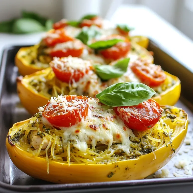 - 1 medium spaghetti squash - 1 cup cooked chicken, shredded - 1/2 cup basil pesto - 1/2 cup cherry tomatoes, halved - 1/4 cup mozzarella cheese, shredded - 1/4 cup Parmesan cheese, grated - 2 tablespoons olive oil - Salt and pepper, to taste - Fresh basil leaves for garnish Gather these ingredients for a delicious meal. The spaghetti squash serves as a tasty base. Shredded chicken adds protein and pairs well with basil pesto. Cherry tomatoes add freshness, while mozzarella and Parmesan bring creaminess. Olive oil, salt, and pepper enhance the flavors. Fresh basil leaves provide a lovely touch before serving. {{ingredient_image_2}} - Preheat your oven to 400°F (200°C). - Prepare a baking sheet with parchment paper. - Slice the spaghetti squash in half lengthwise. - Scoop out the seeds with a spoon. - Brush the insides with olive oil. - Season with salt and pepper to taste. - In a bowl, mix shredded chicken with basil pesto. - Add in the halved cherry tomatoes. - Stir in shredded mozzarella and grated Parmesan cheese. - After roasting, use a fork to scrape out the squash and create strands. - Fill each squash half with the chicken and pesto mixture. - Place the stuffed squash back in the oven. - Bake until the cheese is melted and bubbly, about 10-15 minutes. - Let sit for a few minutes before serving. To roast spaghetti squash perfectly, start by cutting it in half. Use a sharp knife for a clean cut. Scoop out the seeds with a spoon. Brush the insides with olive oil. Season with salt and pepper for extra flavor. Roast the squash cut side down. Bake at 400°F (200°C) for 30-40 minutes. Check for tenderness by poking it with a fork. It is done when the flesh is soft. You can adjust the filling to suit your taste. Add more or less pesto based on your preference. For a different twist, try using goat cheese or feta instead of mozzarella. You can also mix in other proteins like turkey or tofu. If you want more veggies, add spinach or bell peppers. They give extra flavor and color. Pair your stuffed squash with a fresh salad. A simple green salad works well. You can also serve it with garlic bread on the side. For a rustic look, place the stuffed squash on a wooden board. Drizzle extra pesto around the plate for color. Add fresh basil leaves on top for a bright finish. Pro Tips Choose the Right Squash: Select a spaghetti squash that feels heavy for its size and has a uniform, firm skin. This indicates ripeness and better flavor. Make It Ahead: You can roast the spaghetti squash a day in advance. Just store the halves in the fridge and fill them with the chicken mixture before baking. Customize the Filling: Feel free to add other vegetables like spinach or bell peppers to the filling for extra nutrition and flavor. Garnish for Presentation: Adding a sprinkle of crushed red pepper flakes or a drizzle of balsamic glaze can elevate the dish both visually and in taste. {{image_4}} You can make this dish meat-free by using plant-based proteins. Try using chickpeas or tofu. Both options add protein and texture. You can also pack in more veggies. Spinach, zucchini, or bell peppers will taste great. Mix these into the filling for added nutrition. For a spicy kick, add red pepper flakes to the mix. They give the dish a nice heat. You can also switch up the pesto. Sun-dried tomato pesto offers a rich twist. Garlic or arugula pesto can add even more flavor. Experimenting with different pestos makes this dish fun and unique. You can prepare this meal ahead of time. Cook the spaghetti squash and store it in the fridge. Mix the filling and refrigerate it too. When ready to eat, stuff the squash and bake. You can also freeze the stuffed squash. Just defrost it overnight before baking. This dish is perfect for quick weeknight meals. To keep your pesto chicken stuffed spaghetti squash fresh, use airtight containers. If you plan to eat it soon, store it in the fridge. This method works well for short-term storage. You can also freeze it for longer storage. Just wrap the stuffed halves tightly in plastic wrap, then place them in a freezer-safe bag. This method will help keep the flavors intact. When you want to enjoy leftovers, there are a few good ways to reheat them. The best method is to bake it in the oven at 350°F (175°C). This keeps the squash tender and the cheese melty. You can also microwave it, but be sure to cover it to keep moisture in. Heat in short bursts, checking often to avoid overcooking. In the fridge, your stuffed squash lasts about 3 to 4 days. Make sure to check for any signs of spoilage before eating. If you freeze it, you can enjoy it for up to 3 months. Just label your container with the date to keep track of freshness. Cooking spaghetti squash takes about 30 to 40 minutes. Preheat your oven to 400°F (200°C). Place the squash cut side down on a lined baking sheet. Roast until the flesh is tender enough to pierce with a fork. This ensures you get that perfect spaghetti-like texture. Yes, you can use store-bought pesto. When choosing, look for fresh, quality brands. Check the ingredient list. Go for pesto with minimal preservatives and natural ingredients. A good pesto should have vibrant basil flavor and a nice balance of oil and nuts. If you want to skip chicken, there are great options. Here are some alternatives: - Cooked turkey - Shredded tofu - Chickpeas - Lentils - Tempeh These options work well with pesto and add their unique flavors. This blog post covers a delicious stuffed spaghetti squash recipe, highlighting key ingredients like chicken and pesto. I shared easy steps, tips for perfecting your dish, and variations for different tastes. You can personalize the recipe to fit your diet, whether you prefer vegetarian options or different flavors. Storing and reheating leftovers is simple, too. Experimenting with this dish can bring fun and flavor to your meals. Trust me, you'll enjoy the taste and health benefits from this recipe!