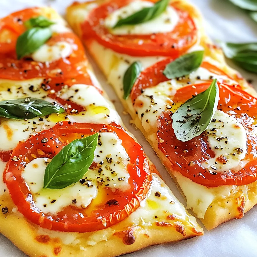 Here’s what you need for a tasty Margherita Flatbread Pizza: - 2 large flatbreads (store-bought or homemade) - 1 cup marinara sauce (homemade preferred) - 1 ½ cups fresh mozzarella cheese - 1 large ripe tomato - Fresh basil leaves - Extra-virgin olive oil - Salt and black pepper - Red pepper flakes (optional) Each ingredient plays a key role. The flatbreads serve as a great base. I love using homemade flatbreads, but store-bought works too. Marinara sauce adds rich flavor. If you can, make your own; it’s worth it! Fresh mozzarella melts beautifully, creating that gooey texture we crave. The ripe tomato adds freshness and color. Fresh basil brings a fragrant touch. It’s perfect when it wilts slightly from the heat. A drizzle of extra-virgin olive oil enhances all the flavors. Don't forget salt and pepper to season. If you enjoy a little heat, sprinkle on red pepper flakes. They give a nice kick! Gather these ingredients, and you’re ready to create a delicious flatbread pizza! {{ingredient_image_2}} - First, preheat your oven to 475°F (245°C). This step is key for a crispy crust. - If you want homemade flatbreads, roll out your dough to about 1/4 inch thick. If not, store-bought works just fine. - Grab 1/2 cup of marinara sauce. Spread it evenly on each flatbread. Leave a small edge for the crust. - Next, slice the fresh mozzarella into rounds. Place the slices over the marinara sauce. Let some sauce peek through. - Now, take your large ripe tomato and cut it into thin slices. Layer these over the mozzarella. Lightly season with salt and black pepper to boost flavor. - Drizzle about 1 tablespoon of extra-virgin olive oil on each flatbread. This adds flavor and helps with browning. - Carefully place the flatbreads in the preheated oven. Bake for 10 to 12 minutes. Keep an eye on them until the cheese bubbles and the edges turn golden brown. - After baking, let the flatbreads cool for 1 minute. Then, garnish with fresh basil leaves. Scatter them over the top so they wilt slightly. - If you like spice, sprinkle some red pepper flakes for an extra kick. Cut the flatbreads into slices and enjoy! - Selecting the best flatbread: Choose flatbreads that are fresh and soft. Store-bought ones work well. If you make them at home, aim for a slightly chewy texture. This gives your pizza a nice base. - Enhancing flavor with salt and pepper: Always season your tomatoes and cheese with salt and pepper. This simple step boosts the taste. A sprinkle of black pepper can make a big difference. - Using a pizza stone vs. baking sheet: A pizza stone gives you a crispier crust. It holds heat well. If you use a baking sheet, line it with parchment paper for easy cleanup. - Baking tips for crispy edges: Bake your flatbreads at a high temperature. Aim for 475°F (245°C). This helps the cheese melt and the edges crisp up. Keep an eye on them so they don’t burn. - Best sides or drinks to pair with Margherita Flatbread Pizza: Serve your pizza with a fresh salad. A simple arugula salad adds a nice touch. For drinks, try sparkling water or a light white wine. These pair well with the pizza's flavors. Pro Tips Use Fresh Ingredients: Fresh mozzarella and ripe tomatoes make a significant difference in flavor. Opt for high-quality ingredients to elevate your flatbread pizza. Homemade Marinara: If time permits, making your own marinara sauce can enhance the overall taste. Use fresh herbs and ripe tomatoes for the best results. Preheat Your Oven: Ensure your oven is fully preheated before baking. This helps achieve a crispy flatbread base and perfectly melted cheese. Add a Flavor Boost: Experiment with additional toppings like olives or arugula after baking for an extra layer of flavor and texture. {{image_4}} You can easily change up your Margherita flatbread pizza. One simple way is by adding different types of cheese. Try using burrata for a creamier texture. You can also mix mozzarella with provolone or goat cheese for extra flavor. Each cheese brings its own unique taste. Another fun idea is to incorporate vegetables or proteins. Add spinach, bell peppers, or mushrooms for a veggie boost. If you want protein, try adding grilled chicken or pepperoni. These toppings can make your flatbread pizza heartier and even more delicious. Don’t feel limited to marinara sauce. You can experiment with unique sauces for a twist. Try pesto or olive tapenade for a fresh taste. A white sauce made with garlic and cream can also be a fun change. Each sauce brings a new flavor profile to your pizza. Think about unique toppings for flavor enhancement. You might sprinkle fresh arugula or drizzle balsamic glaze on top. Adding caramelized onions can also bring a sweet element. These creative touches can elevate your Margherita flatbread pizza into a gourmet treat. To keep your Margherita flatbread pizza fresh, store it properly. First, let the pizza cool to room temperature. Then, wrap each piece in plastic wrap or foil. You can also use an airtight container. This keeps the pizza from drying out. Store it in the fridge for up to three days. When you are ready to enjoy the leftovers, reheating is key. The best way to reheat flatbread pizza is in the oven. Preheat your oven to 350°F (175°C). Place the pizza on a baking sheet. Heat it for about 10 minutes. This method keeps the crust crispy and the cheese melty. If you want to save some for later, freezing is a great option. Wrap each flatbread pizza in plastic wrap, then in foil. Label the date on the outside. You can freeze them for up to three months. When ready to eat, take it out and thaw it in the fridge overnight. After that, reheat it in the oven as stated above. Enjoy your homemade pizza anytime! Making homemade flatbreads is simple. You need flour, water, salt, and olive oil. Mix these ingredients to form a dough. Knead it until smooth. Roll the dough into flat circles, about 1/4 inch thick. Cook them in a hot skillet for about 1-2 minutes per side. You’ll get soft, warm flatbreads perfect for pizza. Yes, you can! While marinara is classic, feel free to try pesto, white sauce, or even BBQ sauce. Each sauce adds a unique flavor. Just make sure the sauce pairs well with your toppings. For example, pesto works great with fresh veggies and mozzarella. Fresh mozzarella is the top choice for flatbread pizza. It melts beautifully and has a mild flavor. You can also use provolone or fontina for added depth. For a kick, add some feta or goat cheese. Mixing different cheeses can create a tasty blend. To veganize your Margherita flatbread pizza, swap out the cheese. Use vegan mozzarella or cashew cheese. For the sauce, choose a store-bought or homemade marinara without dairy. You can add extra veggies, like bell peppers or mushrooms, for more texture and flavor. Enjoy a delicious, plant-based meal! In this post, you learned how to make a tasty Margherita Flatbread Pizza. We covered the key ingredients, how to prepare your oven and assemble the pizza, along with baking tips. I shared ways to enhance flavor and offered variations to try. Remember, the right toppings and fresh ingredients make all the difference. You can experiment with sauces or cheeses to make it your own. Enjoy your cooking adventure!