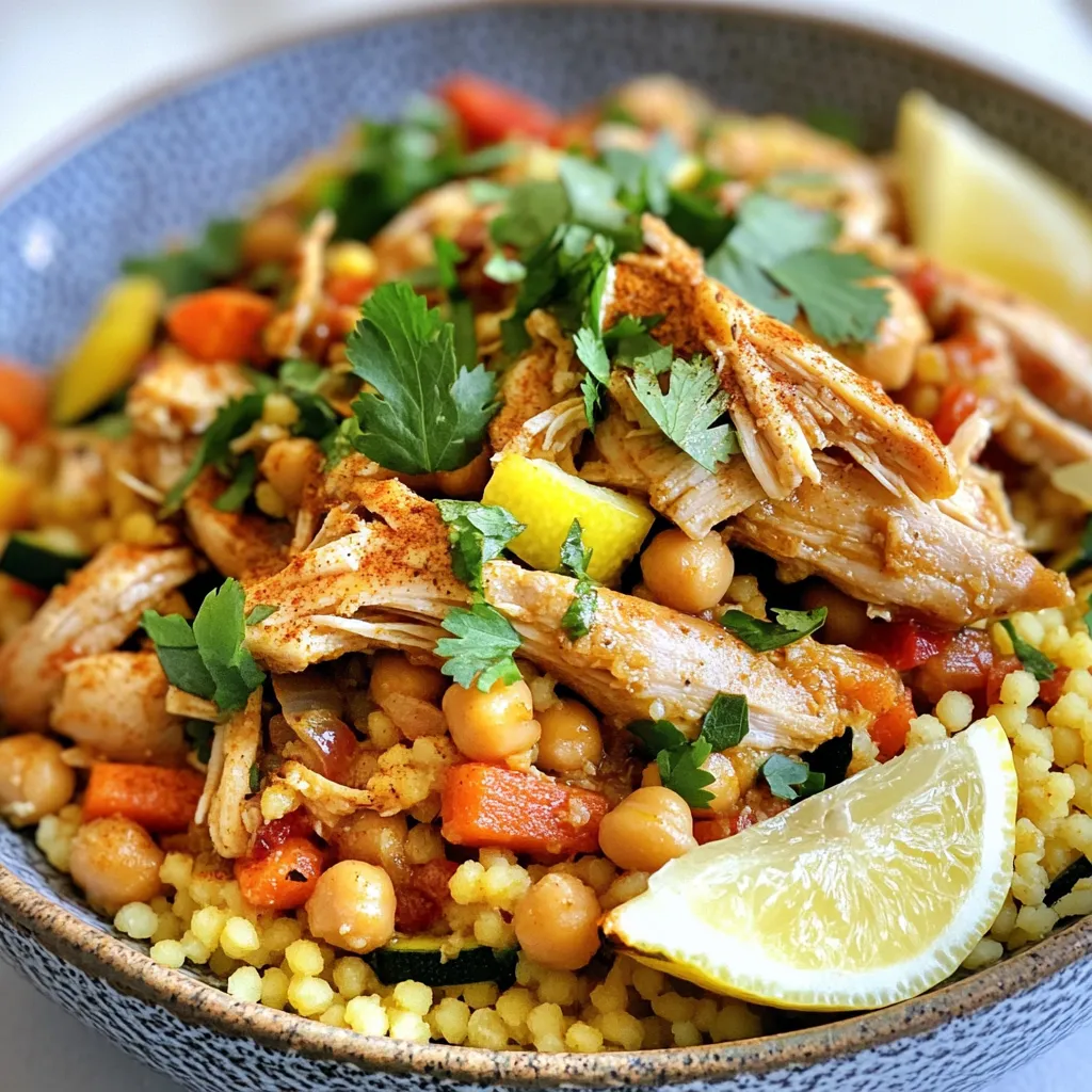 To make Moroccan Chicken Couscous, you will need: - 1 lb (450g) boneless, skinless chicken thighs - 1 cup couscous - 2 cups chicken broth - 1 medium onion, finely diced - 2 cloves garlic, minced - 1 carrot, finely diced - 1 zucchini, finely diced - 1 cup canned chickpeas, drained and rinsed - 1 teaspoon ground cumin - 1 teaspoon ground cinnamon - 1 teaspoon ground coriander - 1/2 teaspoon turmeric - 1/4 teaspoon cayenne pepper (optional for spice) - 2 tablespoons extra virgin olive oil - Salt and freshly ground black pepper to taste - Fresh cilantro, chopped, for garnish - Lemon wedges, for serving When cooking, you might need to convert measurements. Here are some quick conversions: - 1 cup = 240 ml - 1 tablespoon = 15 ml - 1 teaspoon = 5 ml - 1 lb = 450 g Feel free to customize your dish! Here are some optional ingredients: - Dried fruits like raisins or apricots for sweetness - Nuts such as almonds or pistachios for crunch - Additional spices like paprika or ginger for more flavor - Fresh vegetables like bell peppers or peas for more color {{ingredient_image_2}} First, heat two tablespoons of extra virgin olive oil in a large pot over medium heat. Add one finely diced onion and two minced garlic cloves. Cook them for about 3 to 4 minutes. You want the onion to become soft and clear. Next, add one pound of boneless, skinless chicken thighs to the pot. Season it with salt, pepper, one teaspoon of ground cumin, one teaspoon of ground coriander, one teaspoon of ground cinnamon, half a teaspoon of turmeric, and a quarter teaspoon of cayenne pepper if you like heat. Brown the chicken for 5 to 7 minutes. This step builds flavor. Now, stir in one finely diced carrot, one finely diced zucchini, and one cup of drained chickpeas. Pour in two cups of chicken broth, bringing the mixture to a gentle boil. Once it boils, reduce the heat and cover the pot. Let it simmer for 20 to 25 minutes. The chicken should be tender and cooked through. While the chicken simmers, prepare the couscous. Boil one cup of water in a separate bowl. Pour the boiling water over one cup of couscous in another bowl. Cover it with a lid or plastic wrap for 5 minutes. After that, fluff it gently with a fork to separate the grains. After the chicken is ready, remove it from the pot. Use two forks to shred the chicken into bite-sized pieces. Return the shredded chicken to the pot and stir it well with the broth and vegetables. When serving, create a bed of fluffy couscous on each plate. Spoon the chicken and vegetable mix over the couscous. Garnish with fresh chopped cilantro and add lemon wedges on the side. This adds a fresh zing to your dish. Now you have a delicious Moroccan Chicken Couscous to enjoy! To make fluffy couscous, start with boiling water. Use a ratio of 1 cup of water to 1 cup of couscous. Pour the boiling water over the couscous in a bowl. Cover it tightly with a lid or plastic wrap. Let it sit for 5 minutes without peeking. After that, use a fork to fluff the couscous. This step keeps the grains separate and light. Seasoning is key in Moroccan chicken couscous. Use a mix of spices like cumin, coriander, and cinnamon. These spices add warmth and depth to the dish. Always taste as you go. Adjust salt and pepper to your liking. For extra heat, add cayenne pepper. Fresh herbs like cilantro can brighten up the flavors at the end. You don't need fancy tools, but a few items help. A large pot is great for cooking chicken and veggies. A wooden spoon works well to stir everything together. A bowl for fluffing the couscous is also helpful. Having a good knife for chopping will make prep easier. These tools will make your cooking smooth and fun. Pro Tips Choose the Right Chicken: Opt for boneless, skinless chicken thighs for juiciness and flavor. They remain tender during cooking and absorb the spices beautifully. Perfectly Fluffy Couscous: For the best texture, let the couscous sit undisturbed after adding boiling water. This helps it absorb moisture evenly without clumping. Spice it Up: Feel free to adjust the cayenne pepper to your preferred spice level. You can also add a pinch of smoked paprika for a different flavor profile. Garnish for Freshness: Don't skip the fresh cilantro and lemon wedges! They add brightness and elevate the dish's overall flavor. {{image_4}} You can make a tasty vegetarian version of couscous. Just skip the chicken. Use more veggies like bell peppers, eggplant, and spinach. Add extra chickpeas for protein. Use vegetable broth instead of chicken broth. This option is just as filling and rich in flavor. If you want more protein, try adding nuts or seeds. Toasted almonds or pine nuts work well. You can also mix in tofu or tempeh for a plant-based protein boost. These additions will make the dish heartier and keep you full longer. Want to kick up the spice? Add more cayenne pepper or use harissa paste. This paste brings heat and flavor. Start with a small amount, then taste and adjust. You can also add fresh chili peppers for an extra kick. Adjusting spice can change the whole dish! To keep your Moroccan Chicken Couscous fresh, place it in an airtight container. Make sure it cools down to room temperature first. Store it in the fridge for up to 3 days. If you’re not eating it right away, freezing is a great option. When you’re ready to eat your leftovers, reheat them on the stove. Add a splash of water or broth to keep it moist. Heat over low to medium heat until warmed through, about 5-10 minutes. You can also use the microwave. Place it in a microwave-safe bowl. Cover it and heat for 2-3 minutes, stirring halfway. To freeze Moroccan Chicken Couscous, portion it into freezer-safe bags or containers. Make sure to remove excess air to prevent freezer burn. It can last up to 3 months in the freezer. Thaw it overnight in the fridge before reheating. This way, you’ll enjoy a delicious meal anytime! Moroccan Chicken Couscous comes from North Africa, mainly Morocco. This dish is a staple in Moroccan culture. Couscous is a popular grain in the region, often served with meat and vegetables. It reflects the rich flavors of Moroccan spices and herbs. This dish celebrates the blend of cultures, spices, and traditions found in Moroccan cuisine. Yes, you can use different meats! Lamb is a popular choice in Moroccan cooking. Beef or even seafood can also work well. Just make sure to adjust cooking times if using different proteins. Each meat brings unique flavors to the dish. You can also try tofu for a vegetarian option. To add heat, use cayenne pepper or harissa paste. Both give a nice kick! Start with a small amount and taste as you go. You can always add more spice. Consider adding fresh chili peppers or a dash of hot sauce for extra heat. Experimenting with spices can make the dish exciting! Moroccan Chicken Couscous pairs well with many sides. You could serve a simple green salad with lemon dressing. Roasted vegetables also complement the dish nicely. For a refreshing touch, try serving it with yogurt or tzatziki. Don’t forget to add warm bread to soak up the flavors! This blog post provided a clear guide to making Moroccan Chicken Couscous. We covered the key ingredients, step-by-step cooking, helpful tips, and tasty variations. Remember that you can customize the dish by adding different proteins or spices to suit your taste. Storing leftovers correctly ensures you enjoy the meal later. With these tips, you can easily create a delicious and comforting dish. Keep experimenting and have fun in your kitchen! Enjoy the flavors of Morocco.