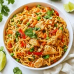 - 8 oz rice noodles - 1 lb chicken breast, thinly sliced - 1 red bell pepper, julienned - 1 cup snap peas, trimmed - 2 carrots, spiralized or julienned - 3 green onions, chopped - 3 tablespoons peanut butter - 2 tablespoons low sodium soy sauce - 1 tablespoon sesame oil - 1 tablespoon honey or maple syrup - 1 tablespoon fresh ginger, grated - 2 cloves garlic, minced - 1 tablespoon fresh lime juice - Crushed peanuts - Fresh cilantro - Lime wedges The main ingredients start with rice noodles, which are light and easy to cook. They soak up flavors well. The chicken breast adds protein and heartiness to the dish. I love the vibrant color of the red bell pepper, the crunch from the snap peas, and the sweetness of the carrots. For the sauce, peanut butter is the star. It gives a creamy texture and rich flavor. Low sodium soy sauce keeps it savory without too much salt. Sesame oil adds a nutty taste, while honey or maple syrup brings a touch of sweetness. Fresh ginger and garlic pack in a lot of flavor, and lime juice brightens everything up. Finally, garnishing with crushed peanuts adds crunch. Fresh cilantro gives a herby finish, and lime wedges are perfect for squeezing over the dish. Each ingredient plays a role in making this meal truly delightful. {{ingredient_image_2}} First, cook the rice noodles. Follow the package instructions closely. Aim for al dente, which means they should still have a slight bite. Once they are cooked, drain them well. Rinse the noodles under cold water. This stops the cooking process and helps them stay firm. Set the rinsed noodles aside while you move on. Heat a large skillet over medium-high heat. Add sesame oil and let it warm up. Once hot, add thinly sliced chicken breast. Sauté the chicken for 5-7 minutes. Stir it occasionally. You want it to turn golden brown and be fully cooked. Check that the juices run clear to ensure safety. Now, it’s time to add some vibrant colors. Add the julienned red bell pepper, snap peas, and spiralized or julienned carrots. Stir-fry these veggies for about 3-4 minutes. You want them tender yet crisp. This keeps their bright colors and nutrients intact. In a mixing bowl, combine peanut butter, low sodium soy sauce, honey or maple syrup, grated ginger, minced garlic, and lime juice. Whisk these ingredients together until they are smooth and well blended. This sauce will tie all your flavors together. Add the cooked rice noodles to the skillet with chicken and vegetables. Drizzle the peanut sauce generously over everything. Use tongs or a spatula to toss all ingredients together. Ensure the noodles are well coated in the sauce. Heat everything through for about 2-3 minutes. Remove the skillet from heat. Fold in the chopped green onions for freshness. Serve the delicious noodles in individual bowls. Garnish each bowl with crushed peanuts, cilantro, and a lime wedge on the side. This adds flavor and makes your dish look beautiful. - Cook al dente: Cooking rice noodles al dente is key. This means they should be firm but not hard. They will soak up sauce and flavors later. - Prevent sticking: Rinse the cooked noodles under cold water. This halts cooking and helps prevent them from sticking. Toss them with a little oil if you want extra help. - Even cooking: Cut the chicken into thin slices. This helps it cook evenly and quickly. Don’t overcrowd the pan while cooking. It allows heat to circulate, giving you nice browning. - Alternative cooking methods: Grilling chicken gives a nice smoky flavor. You can also bake or broil it. Just ensure it reaches a safe temperature of 165°F. - Different nut butters: If you want to switch things up, use almond or cashew butter. Each nut butter brings a new flavor and texture to your dish. - Making it spicier: Add hot sauce or chili flakes to the sauce for heat. Start with a little and taste as you go. This way, you can control the spice level. Pro Tips Perfect Noodle Texture: To achieve the best texture, ensure you don’t overcook the rice noodles. Rinse them under cold water immediately after cooking to stop the cooking process. Customize Your Protein: Feel free to substitute chicken with tofu, shrimp, or beef for a different flavor profile. Just adjust the cooking time accordingly. Add More Veggies: Enhance the nutritional value and color by incorporating additional vegetables such as broccoli, zucchini, or baby corn for a more vibrant dish. Adjusting Spice Level: If you prefer a spicier dish, consider adding red pepper flakes or a dash of sriracha to the peanut sauce for a flavorful kick. {{image_4}} You can easily make this dish vegetarian or vegan. Start by replacing the chicken with tofu or tempeh. Tofu soaks up flavors well and adds protein. Tempeh gives a nutty taste and chewy texture. For the sauce, use plant-based options like almond butter instead of peanut butter. Make sure to choose soy sauce that is vegan. If you need gluten-free options, select gluten-free rice noodles. They cook just like regular noodles and taste great. For the sauce, use gluten-free soy sauce. This keeps the dish safe for those with gluten allergies. Feel free to add more vegetables to your noodles. Broccoli or bok choy work well and add color. You can also toss in nuts or seeds for extra crunch. Peanuts are a classic choice, but sunflower seeds or cashews are tasty too. These additions make the dish even more filling and fun. To keep your Thai Peanut Chicken Noodles fresh, store them in an airtight container. This prevents them from drying out and keeps the flavors intact. Place it in the fridge within two hours of cooking. When stored properly, the dish can last about three to four days in the fridge. You can reheat your noodles in two ways: using a microwave or stovetop. For the microwave, place the noodles in a bowl and cover them loosely with a damp paper towel. Heat in short bursts, stirring in between to ensure even warming. For stovetop reheating, add a splash of water or broth to a skillet. Heat on medium-low, stirring frequently until warmed through. This helps prevent them from drying out. Yes, you can freeze Thai Peanut Chicken Noodles! To do this, let the dish cool completely before freezing. Use a freezer-safe container and make sure to leave some space for expansion. It can last up to three months in the freezer. When you want to eat it, thaw it overnight in the fridge. Reheat it using the stovetop method for the best texture. It takes about 30 minutes to make this dish. You spend 15 minutes prepping the ingredients. Cooking the noodles, chicken, and veggies takes another 15 minutes. This quick time makes it perfect for a busy weeknight meal. Yes, you can use other noodles. Some great options include soba noodles or udon noodles. These noodles have different textures. Soba noodles are thin and chewy, while udon noodles are thick and soft. Both work well with the peanut sauce. Absolutely! This dish is great for meal prep. You can cook and store the noodles and chicken in advance. Just keep the sauce separate to prevent soggy noodles. Store everything in airtight containers in the fridge for up to four days. Many sides pair well with this meal. You might enjoy a simple cucumber salad for crunch. Steamed broccoli also adds color and nutrition. Another option is spring rolls for a fun appetizer. These sides enhance the meal's flavors. Yes, you can easily adjust the spice level. If you like heat, add red pepper flakes or sriracha to the sauce. For milder flavors, skip these spicy ingredients. This way, you can make the dish as hot or mild as you want. This blog post covers how to make Thai Peanut Chicken Noodles. We went through the key ingredients, from rice noodles to flavorful sauce components. You learned how to cook each element perfectly and combine them for a delightful dish. We explored variations for different diets and provided tips for storing and reheating. In closing, this recipe is fun and adjustable. You can make it your own or impress guests. Enjoy your cooking journey and savor each bite of your creation!