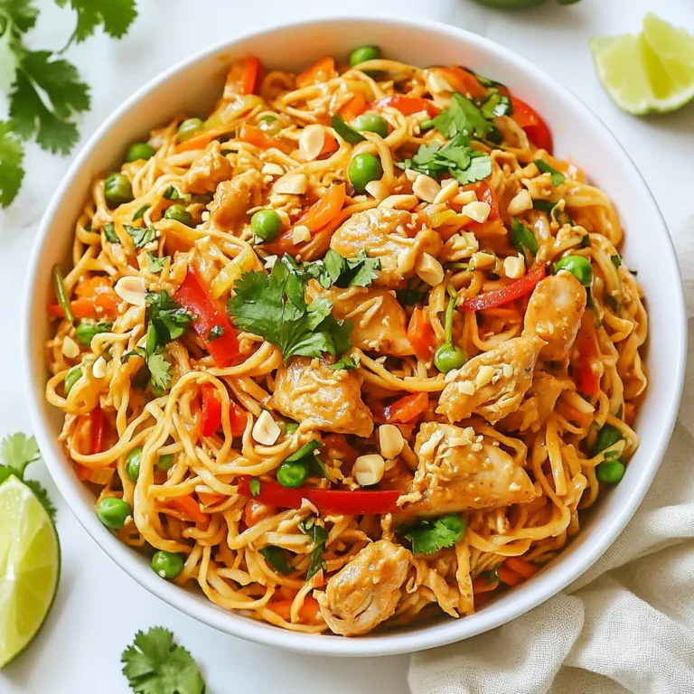 - 8 oz rice noodles - 1 lb chicken breast, thinly sliced - 1 red bell pepper, julienned - 1 cup snap peas, trimmed - 2 carrots, spiralized or julienned - 3 green onions, chopped - 3 tablespoons peanut butter - 2 tablespoons low sodium soy sauce - 1 tablespoon sesame oil - 1 tablespoon honey or maple syrup - 1 tablespoon fresh ginger, grated - 2 cloves garlic, minced - 1 tablespoon fresh lime juice - Crushed peanuts - Fresh cilantro - Lime wedges The main ingredients start with rice noodles, which are light and easy to cook. They soak up flavors well. The chicken breast adds protein and heartiness to the dish. I love the vibrant color of the red bell pepper, the crunch from the snap peas, and the sweetness of the carrots. For the sauce, peanut butter is the star. It gives a creamy texture and rich flavor. Low sodium soy sauce keeps it savory without too much salt. Sesame oil adds a nutty taste, while honey or maple syrup brings a touch of sweetness. Fresh ginger and garlic pack in a lot of flavor, and lime juice brightens everything up. Finally, garnishing with crushed peanuts adds crunch. Fresh cilantro gives a herby finish, and lime wedges are perfect for squeezing over the dish. Each ingredient plays a role in making this meal truly delightful. {{ingredient_image_2}} First, cook the rice noodles. Follow the package instructions closely. Aim for al dente, which means they should still have a slight bite. Once they are cooked, drain them well. Rinse the noodles under cold water. This stops the cooking process and helps them stay firm. Set the rinsed noodles aside while you move on. Heat a large skillet over medium-high heat. Add sesame oil and let it warm up. Once hot, add thinly sliced chicken breast. Sauté the chicken for 5-7 minutes. Stir it occasionally. You want it to turn golden brown and be fully cooked. Check that the juices run clear to ensure safety. Now, it’s time to add some vibrant colors. Add the julienned red bell pepper, snap peas, and spiralized or julienned carrots. Stir-fry these veggies for about 3-4 minutes. You want them tender yet crisp. This keeps their bright colors and nutrients intact. In a mixing bowl, combine peanut butter, low sodium soy sauce, honey or maple syrup, grated ginger, minced garlic, and lime juice. Whisk these ingredients together until they are smooth and well blended. This sauce will tie all your flavors together. Add the cooked rice noodles to the skillet with chicken and vegetables. Drizzle the peanut sauce generously over everything. Use tongs or a spatula to toss all ingredients together. Ensure the noodles are well coated in the sauce. Heat everything through for about 2-3 minutes. Remove the skillet from heat. Fold in the chopped green onions for freshness. Serve the delicious noodles in individual bowls. Garnish each bowl with crushed peanuts, cilantro, and a lime wedge on the side. This adds flavor and makes your dish look beautiful. - Cook al dente: Cooking rice noodles al dente is key. This means they should be firm but not hard. They will soak up sauce and flavors later. - Prevent sticking: Rinse the cooked noodles under cold water. This halts cooking and helps prevent them from sticking. Toss them with a little oil if you want extra help. - Even cooking: Cut the chicken into thin slices. This helps it cook evenly and quickly. Don’t overcrowd the pan while cooking. It allows heat to circulate, giving you nice browning. - Alternative cooking methods: Grilling chicken gives a nice smoky flavor. You can also bake or broil it. Just ensure it reaches a safe temperature of 165°F. - Different nut butters: If you want to switch things up, use almond or cashew butter. Each nut butter brings a new flavor and texture to your dish. - Making it spicier: Add hot sauce or chili flakes to the sauce for heat. Start with a little and taste as you go. This way, you can control the spice level. Pro Tips Perfect Noodle Texture: To achieve the best texture, ensure you don’t overcook the rice noodles. Rinse them under cold water immediately after cooking to stop the cooking process. Customize Your Protein: Feel free to substitute chicken with tofu, shrimp, or beef for a different flavor profile. Just adjust the cooking time accordingly. Add More Veggies: Enhance the nutritional value and color by incorporating additional vegetables such as broccoli, zucchini, or baby corn for a more vibrant dish. Adjusting Spice Level: If you prefer a spicier dish, consider adding red pepper flakes or a dash of sriracha to the peanut sauce for a flavorful kick. {{image_4}} You can easily make this dish vegetarian or vegan. Start by replacing the chicken with tofu or tempeh. Tofu soaks up flavors well and adds protein. Tempeh gives a nutty taste and chewy texture. For the sauce, use plant-based options like almond butter instead of peanut butter. Make sure to choose soy sauce that is vegan. If you need gluten-free options, select gluten-free rice noodles. They cook just like regular noodles and taste great. For the sauce, use gluten-free soy sauce. This keeps the dish safe for those with gluten allergies. Feel free to add more vegetables to your noodles. Broccoli or bok choy work well and add color. You can also toss in nuts or seeds for extra crunch. Peanuts are a classic choice, but sunflower seeds or cashews are tasty too. These additions make the dish even more filling and fun. To keep your Thai Peanut Chicken Noodles fresh, store them in an airtight container. This prevents them from drying out and keeps the flavors intact. Place it in the fridge within two hours of cooking. When stored properly, the dish can last about three to four days in the fridge. You can reheat your noodles in two ways: using a microwave or stovetop. For the microwave, place the noodles in a bowl and cover them loosely with a damp paper towel. Heat in short bursts, stirring in between to ensure even warming. For stovetop reheating, add a splash of water or broth to a skillet. Heat on medium-low, stirring frequently until warmed through. This helps prevent them from drying out. Yes, you can freeze Thai Peanut Chicken Noodles! To do this, let the dish cool completely before freezing. Use a freezer-safe container and make sure to leave some space for expansion. It can last up to three months in the freezer. When you want to eat it, thaw it overnight in the fridge. Reheat it using the stovetop method for the best texture. It takes about 30 minutes to make this dish. You spend 15 minutes prepping the ingredients. Cooking the noodles, chicken, and veggies takes another 15 minutes. This quick time makes it perfect for a busy weeknight meal. Yes, you can use other noodles. Some great options include soba noodles or udon noodles. These noodles have different textures. Soba noodles are thin and chewy, while udon noodles are thick and soft. Both work well with the peanut sauce. Absolutely! This dish is great for meal prep. You can cook and store the noodles and chicken in advance. Just keep the sauce separate to prevent soggy noodles. Store everything in airtight containers in the fridge for up to four days. Many sides pair well with this meal. You might enjoy a simple cucumber salad for crunch. Steamed broccoli also adds color and nutrition. Another option is spring rolls for a fun appetizer. These sides enhance the meal's flavors. Yes, you can easily adjust the spice level. If you like heat, add red pepper flakes or sriracha to the sauce. For milder flavors, skip these spicy ingredients. This way, you can make the dish as hot or mild as you want. This blog post covers how to make Thai Peanut Chicken Noodles. We went through the key ingredients, from rice noodles to flavorful sauce components. You learned how to cook each element perfectly and combine them for a delightful dish. We explored variations for different diets and provided tips for storing and reheating. In closing, this recipe is fun and adjustable. You can make it your own or impress guests. Enjoy your cooking journey and savor each bite of your creation!