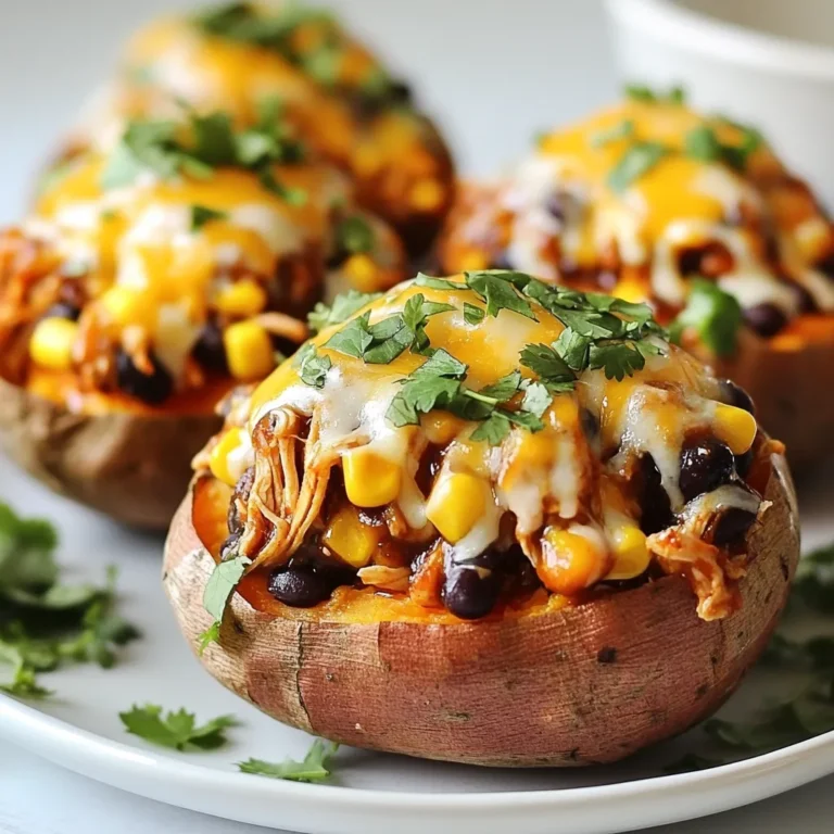 - 4 medium sweet potatoes - 2 cups cooked shredded chicken - 1 cup BBQ sauce (your favorite brand) - 1 cup corn (can be fresh, frozen, or canned) - 1/2 cup black beans, rinsed and drained - 1/2 cup red onion, finely diced - 1 cup shredded cheese (cheddar or pepper jack for a kick) - 1/4 cup fresh cilantro, chopped - Salt and pepper to taste - Olive oil for drizzling To prep your sweet potatoes, wash and dry them well. Prick each potato several times with a fork. This lets steam escape as they bake. Use a light drizzle of olive oil to coat them. This helps the skin crisp up nicely. When measuring ingredients, be precise. Use a measuring cup for liquids and a kitchen scale for solids if you want accuracy. For shredded chicken, feel free to use leftovers or a rotisserie chicken. This saves time and adds great flavor. You can switch up the BBQ sauce for different flavors. Try a spicy or smoky version for a kick. If you want more veggies, add bell peppers or zucchini to the filling. For a cheesy twist, mix in cream cheese with the shredded chicken. You can also choose different cheeses, like mozzarella or gouda, based on your taste. If you want a meatless option, swap the chicken for chickpeas or lentils. These add protein and are a tasty alternative. The sweet potatoes are very forgiving, so feel free to experiment! {{ingredient_image_2}} First, heat your oven to 400°F (200°C). This step is key for great baking. Next, rinse your sweet potatoes under cold water. This removes dirt, making them clean. After rinsing, dry each potato with a towel. Now, poke each potato several times with a fork. This allows steam to escape while they bake. Drizzle a little olive oil over each potato. Rub it in well to cover the skin. Place the potatoes on a baking sheet lined with parchment paper. Bake for 45 to 60 minutes, or until soft. While the sweet potatoes bake, let’s make the filling. In a large bowl, mix 2 cups of shredded chicken with 1 cup of your favorite BBQ sauce. Stir until the chicken is well-coated. You can adjust the sauce amount for more or less flavor. In another bowl, add 1 cup of corn, 1/2 cup of black beans, and 1/2 cup of diced red onion. Add salt and pepper to taste. Mix well to combine all these tasty ingredients. When the sweet potatoes are soft, take them out of the oven. Let them cool for 5 to 10 minutes. Carefully cut each potato in half lengthwise. Make sure not to cut all the way through. Use a spoon to scoop out some sweet potato flesh. Leave enough inside for structure. Now, spoon in a layer of the BBQ chicken mix into each potato half. Next, add a layer of the corn and black bean mix. Top with shredded cheese. Return the stuffed potatoes to the oven and bake for another 10 to 15 minutes. Watch for the cheese to melt and bubble. When done, sprinkle fresh cilantro on top for extra flavor. Let them cool a bit before serving. To make sweet potatoes soft and tasty, start by preheating your oven to 400°F (200°C). Rinse each sweet potato well to remove dirt. Dry them with a towel. Prick each one with a fork several times. This helps steam escape while baking. Drizzle a little olive oil on each potato and rub it in. This gives them a nice flavor. Place the sweet potatoes on a baking sheet lined with parchment paper. Bake them for 45-60 minutes. Check for softness with a fork. If it goes in easily, they are done. The BBQ sauce you choose can make a big difference. I love using a tangy sauce that has a hint of sweetness. Some popular brands are Sweet Baby Ray's, Stubbs, and Trader Joe's BBQ sauce. If you like it spicy, try a chipotle or spicy BBQ sauce. Feel free to mix different sauces to find your perfect flavor. Just remember, the right sauce can enhance the whole dish. Cheese adds a great creamy texture to your stuffed sweet potatoes. I recommend using shredded cheddar for a classic flavor. Pepper jack cheese can add a nice spicy kick. You can also try mixing in some cream cheese for a richer taste. Other great toppings include green onions or jalapeños for added crunch. Don't forget to finish with fresh cilantro for a burst of freshness! Pro Tips Choose the Right Sweet Potatoes: Look for sweet potatoes that are firm and smooth, avoiding any with blemishes or soft spots for the best results. Customize Your BBQ Sauce: Experiment with different BBQ sauces to create a unique flavor profile; try spicy, tangy, or even a homemade blend for a personal touch. Layering Flavors: For an added depth of flavor, consider sautéing the red onion before mixing it with the corn and black beans. Perfectly Melted Cheese: To achieve the ultimate cheese melt, consider broiling the stuffed sweet potatoes for the last minute or two to get a golden, bubbly topping. {{image_4}} You can make this dish without meat. Use jackfruit instead of chicken. It has a great texture. For a vegan option, swap BBQ sauce for a vegan brand. You can also add cooked lentils for protein. Mix in some diced bell peppers for a nice crunch. If you want to change the protein, try pulled pork or beef. Shredded turkey also works well. You can use tofu for a lighter choice. Just marinate it in BBQ sauce first. This keeps it tasty and moist. Want more heat? Add jalapeños to the filling. You can also use spicy BBQ sauce. For less heat, choose a mild sauce. Adjust the cheese choice too. Pepper jack cheese adds a kick, while cheddar keeps it mellow. You can store leftover BBQ chicken stuffed sweet potatoes in the fridge. Place them in an airtight container. Make sure they cool down first. They can stay fresh for up to 3 days. To keep flavors strong, eat them within this time. If you want to save them for later, freezing is a good option. Wrap each stuffed sweet potato tightly in plastic wrap. Then, place them in a freezer bag. They can stay in the freezer for up to 3 months. To enjoy, thaw them in the fridge overnight before reheating. Reheat your stuffed sweet potatoes in the oven for best results. Preheat the oven to 350°F (175°C). Place the potatoes on a baking sheet and cover them with foil. Heat for about 20 minutes or until warm. You can also use a microwave. Heat each stuffed potato for about 2-3 minutes, but the oven is better for crispy cheese. Yes, you can use regular potatoes. They will be less sweet. This change alters the dish's flavor. Regular potatoes can still hold the BBQ chicken filling well. I suggest using Yukon Gold or red potatoes for a nice texture. BBQ chicken stuffed sweet potatoes last about 3 to 5 days in the fridge. Make sure to store them in an airtight container. This keeps them fresh and prevents any odors from other foods. You can serve a green salad for a fresh crunch. Grilled veggies are also a great side. If you want extra flavor, add coleslaw. Each of these pairs well with the sweet and savory taste of the stuffed potatoes. This blog post covered BBQ chicken stuffed sweet potatoes, their ingredients, and more. We discussed how to pick sweet potatoes and make the filling. I shared tips for baking and suggested flavor boosts. You can easily swap proteins and adjust spices to suit your taste. Storing leftovers is simple too. In the end, these stuffed potatoes offer a tasty meal that's fun to customize. Enjoy making your own version and experimenting with flavors!