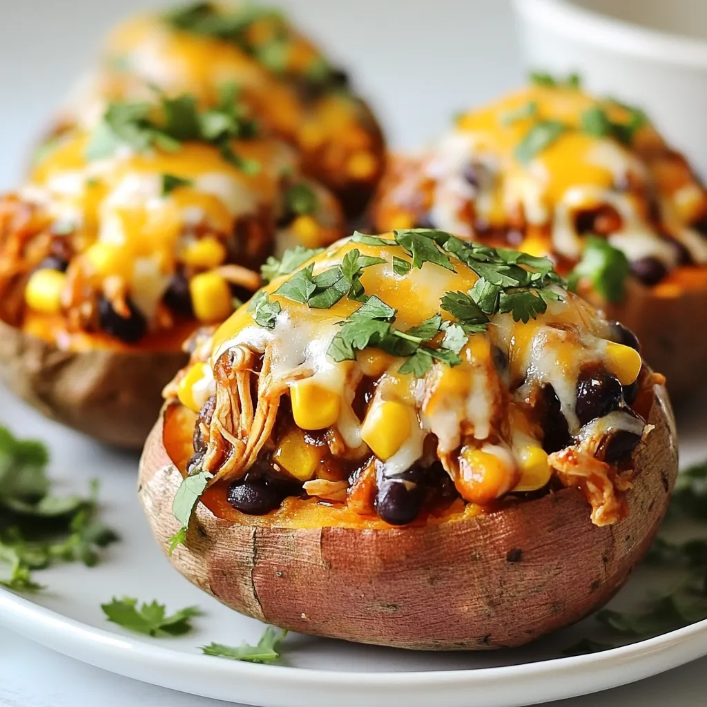 - 4 medium sweet potatoes - 2 cups cooked shredded chicken - 1 cup BBQ sauce (your favorite brand) - 1 cup corn (can be fresh, frozen, or canned) - 1/2 cup black beans, rinsed and drained - 1/2 cup red onion, finely diced - 1 cup shredded cheese (cheddar or pepper jack for a kick) - 1/4 cup fresh cilantro, chopped - Salt and pepper to taste - Olive oil for drizzling To prep your sweet potatoes, wash and dry them well. Prick each potato several times with a fork. This lets steam escape as they bake. Use a light drizzle of olive oil to coat them. This helps the skin crisp up nicely. When measuring ingredients, be precise. Use a measuring cup for liquids and a kitchen scale for solids if you want accuracy. For shredded chicken, feel free to use leftovers or a rotisserie chicken. This saves time and adds great flavor. You can switch up the BBQ sauce for different flavors. Try a spicy or smoky version for a kick. If you want more veggies, add bell peppers or zucchini to the filling. For a cheesy twist, mix in cream cheese with the shredded chicken. You can also choose different cheeses, like mozzarella or gouda, based on your taste. If you want a meatless option, swap the chicken for chickpeas or lentils. These add protein and are a tasty alternative. The sweet potatoes are very forgiving, so feel free to experiment! {{ingredient_image_2}} First, heat your oven to 400°F (200°C). This step is key for great baking. Next, rinse your sweet potatoes under cold water. This removes dirt, making them clean. After rinsing, dry each potato with a towel. Now, poke each potato several times with a fork. This allows steam to escape while they bake. Drizzle a little olive oil over each potato. Rub it in well to cover the skin. Place the potatoes on a baking sheet lined with parchment paper. Bake for 45 to 60 minutes, or until soft. While the sweet potatoes bake, let’s make the filling. In a large bowl, mix 2 cups of shredded chicken with 1 cup of your favorite BBQ sauce. Stir until the chicken is well-coated. You can adjust the sauce amount for more or less flavor. In another bowl, add 1 cup of corn, 1/2 cup of black beans, and 1/2 cup of diced red onion. Add salt and pepper to taste. Mix well to combine all these tasty ingredients. When the sweet potatoes are soft, take them out of the oven. Let them cool for 5 to 10 minutes. Carefully cut each potato in half lengthwise. Make sure not to cut all the way through. Use a spoon to scoop out some sweet potato flesh. Leave enough inside for structure. Now, spoon in a layer of the BBQ chicken mix into each potato half. Next, add a layer of the corn and black bean mix. Top with shredded cheese. Return the stuffed potatoes to the oven and bake for another 10 to 15 minutes. Watch for the cheese to melt and bubble. When done, sprinkle fresh cilantro on top for extra flavor. Let them cool a bit before serving. To make sweet potatoes soft and tasty, start by preheating your oven to 400°F (200°C). Rinse each sweet potato well to remove dirt. Dry them with a towel. Prick each one with a fork several times. This helps steam escape while baking. Drizzle a little olive oil on each potato and rub it in. This gives them a nice flavor. Place the sweet potatoes on a baking sheet lined with parchment paper. Bake them for 45-60 minutes. Check for softness with a fork. If it goes in easily, they are done. The BBQ sauce you choose can make a big difference. I love using a tangy sauce that has a hint of sweetness. Some popular brands are Sweet Baby Ray's, Stubbs, and Trader Joe's BBQ sauce. If you like it spicy, try a chipotle or spicy BBQ sauce. Feel free to mix different sauces to find your perfect flavor. Just remember, the right sauce can enhance the whole dish. Cheese adds a great creamy texture to your stuffed sweet potatoes. I recommend using shredded cheddar for a classic flavor. Pepper jack cheese can add a nice spicy kick. You can also try mixing in some cream cheese for a richer taste. Other great toppings include green onions or jalapeños for added crunch. Don't forget to finish with fresh cilantro for a burst of freshness! Pro Tips Choose the Right Sweet Potatoes: Look for sweet potatoes that are firm and smooth, avoiding any with blemishes or soft spots for the best results. Customize Your BBQ Sauce: Experiment with different BBQ sauces to create a unique flavor profile; try spicy, tangy, or even a homemade blend for a personal touch. Layering Flavors: For an added depth of flavor, consider sautéing the red onion before mixing it with the corn and black beans. Perfectly Melted Cheese: To achieve the ultimate cheese melt, consider broiling the stuffed sweet potatoes for the last minute or two to get a golden, bubbly topping. {{image_4}} You can make this dish without meat. Use jackfruit instead of chicken. It has a great texture. For a vegan option, swap BBQ sauce for a vegan brand. You can also add cooked lentils for protein. Mix in some diced bell peppers for a nice crunch. If you want to change the protein, try pulled pork or beef. Shredded turkey also works well. You can use tofu for a lighter choice. Just marinate it in BBQ sauce first. This keeps it tasty and moist. Want more heat? Add jalapeños to the filling. You can also use spicy BBQ sauce. For less heat, choose a mild sauce. Adjust the cheese choice too. Pepper jack cheese adds a kick, while cheddar keeps it mellow. You can store leftover BBQ chicken stuffed sweet potatoes in the fridge. Place them in an airtight container. Make sure they cool down first. They can stay fresh for up to 3 days. To keep flavors strong, eat them within this time. If you want to save them for later, freezing is a good option. Wrap each stuffed sweet potato tightly in plastic wrap. Then, place them in a freezer bag. They can stay in the freezer for up to 3 months. To enjoy, thaw them in the fridge overnight before reheating. Reheat your stuffed sweet potatoes in the oven for best results. Preheat the oven to 350°F (175°C). Place the potatoes on a baking sheet and cover them with foil. Heat for about 20 minutes or until warm. You can also use a microwave. Heat each stuffed potato for about 2-3 minutes, but the oven is better for crispy cheese. Yes, you can use regular potatoes. They will be less sweet. This change alters the dish's flavor. Regular potatoes can still hold the BBQ chicken filling well. I suggest using Yukon Gold or red potatoes for a nice texture. BBQ chicken stuffed sweet potatoes last about 3 to 5 days in the fridge. Make sure to store them in an airtight container. This keeps them fresh and prevents any odors from other foods. You can serve a green salad for a fresh crunch. Grilled veggies are also a great side. If you want extra flavor, add coleslaw. Each of these pairs well with the sweet and savory taste of the stuffed potatoes. This blog post covered BBQ chicken stuffed sweet potatoes, their ingredients, and more. We discussed how to pick sweet potatoes and make the filling. I shared tips for baking and suggested flavor boosts. You can easily swap proteins and adjust spices to suit your taste. Storing leftovers is simple too. In the end, these stuffed potatoes offer a tasty meal that's fun to customize. Enjoy making your own version and experimenting with flavors!