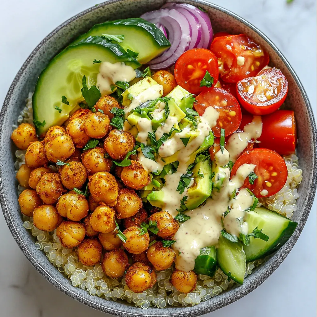 - 1 can (15 oz) chickpeas, drained and rinsed - 1 cup cooked quinoa or bulgur wheat - 1 cup cherry tomatoes, halved - 1 cucumber, diced into bite-sized pieces - 1/4 red onion, thinly sliced - 1 ripe avocado, sliced - 1/4 cup fresh parsley, finely chopped - 2 tablespoons extra virgin olive oil - 2 teaspoons ground cumin - 2 teaspoons ground coriander - 1 teaspoon smoked paprika - 1 teaspoon garlic powder - 1/2 teaspoon cayenne pepper (adjust to your heat preference) - Sea salt and freshly cracked black pepper to taste - 1/4 cup tahini sauce (store-bought or homemade) - Juice of 1 medium-sized lemon - Additional vegetables like bell peppers or carrots - Toppings such as feta cheese or nuts {{ingredient_image_2}} To start, you need to preheat your oven to 425°F (220°C). Next, grab a mixing bowl. In this bowl, combine the drained chickpeas with olive oil, ground cumin, ground coriander, smoked paprika, garlic powder, cayenne pepper, sea salt, and freshly cracked black pepper. Stir everything well until the chickpeas are fully coated in the spice mix. Now, it’s time to roast the chickpeas! Spread the seasoned chickpeas in a single layer on a baking sheet. Place this sheet in your preheated oven. Roast the chickpeas for 25 to 30 minutes. Shake the pan halfway through to ensure even roasting. You want them to be crispy and golden brown. While the chickpeas roast, focus on cooking the base. You can use either quinoa or bulgur. Follow the package instructions for the grain you choose. When it's done, fluff it gently with a fork and set it aside to cool slightly. This fluffy base is key to making your bowl hearty and filling. Now comes the fun part: assembling your bowl! Start by putting a generous scoop of the fluffy quinoa or bulgur as your base layer in each serving bowl. Next, layer the crispy chickpeas on top of the grain. Then, add the halved cherry tomatoes, diced cucumber, thinly sliced red onion, and elegant avocado slices. This colorful mix makes the bowl look vibrant and fresh. For the finishing touches, generously drizzle tahini sauce over everything. This creamy sauce adds a rich flavor. To give it more color and taste, sprinkle freshly chopped parsley on top. Finally, squeeze fresh lemon juice over the entire bowl. This adds a zesty brightness that takes the flavors to the next level. To make crispy chickpeas, preheat your oven to 425°F (220°C). This high heat helps them get golden and crunchy. Spread the seasoned chickpeas in a single layer on a baking sheet. Roast them for 25-30 minutes. Make sure to shake the pan halfway through for even cooking. This way, you avoid soggy bits and get a perfect crunch. You can adjust flavors and ingredients to suit your taste. If you want a milder flavor, use less cayenne pepper. You can also add more spices like turmeric or coriander. For a vegan option, this recipe is already plant-based! To make it gluten-free, use quinoa instead of bulgur wheat. Both grains work well in this dish. To make your bowl look great, arrange the ingredients neatly. Start with quinoa as the base and layer on chickpeas, tomatoes, and cucumbers. Place the avocado slices on top for a pop of color. Drizzle tahini sauce on the bowl and finish with a sprinkle of parsley. Adding lemon wedges on the side adds a nice touch. A sprinkle of smoked paprika can enhance the look too. Pro Tips Perfectly Roasted Chickpeas: Ensure that your chickpeas are completely dry before tossing them in oil and spices. This will help them achieve that desired crunchiness during roasting. Customizable Heat Levels: Feel free to adjust the cayenne pepper according to your spice tolerance. You can also substitute with paprika for a milder flavor. Freshness Matters: Use fresh lemon juice and high-quality tahini for the best flavor. The freshness will elevate the entire dish and enhance the taste of each ingredient. Ingredient Prep Ahead: Chop your vegetables and prepare the tahini sauce in advance. This will save you time during assembly and make it easy to whip up a delicious meal quickly! {{image_4}} You can add grilled chicken or tofu to your bowl. Chicken gives a nice, hearty flavor. It pairs well with the spices. Tofu is a great choice for a plant-based meal. Just grill or sauté it with some spices for extra taste. You can switch up the base grains or greens. Try brown rice, farro, or even leafy greens. Each option adds a unique flavor and texture to your bowl. Quinoa is light and fluffy, but don’t be afraid to experiment! For a twist, you might want to try some Southwest-inspired ingredients. Add black beans, corn, or avocado for a fresh spin. You can also focus on Mediterranean flavors. Consider olives, feta cheese, or za’atar seasoning. Each change makes the dish your own! Store your Chickpea Shawarma Bowl in an airtight container. This keeps it fresh longer. Glass or BPA-free plastic containers work best. You can keep it in the fridge for up to three days. For best taste, separate the chickpeas from the veggies. The chickpeas stay crunchy this way. To reheat roasted chickpeas, use an oven or air fryer. Preheat your oven to 350°F (175°C) and spread the chickpeas on a baking sheet. Heat them for 10 minutes. This helps them stay crispy. For the bowl, use the microwave for the quinoa or bulgur. Heat it for 30 seconds, stirring after each interval. Add chickpeas and veggies after reheating. Get ready by prepping your ingredients in advance. Drain and rinse the chickpeas a day before. You can also chop the veggies ahead of time. Store them in separate containers. Cook your quinoa or bulgur and cool it before storing. When you’re ready to eat, just assemble everything in minutes. This makes meals quick and easy! If you don't have tahini, you can use peanut butter or sunflower seed butter. Both will add a creamy texture. You can also blend sesame seeds with a bit of oil for a homemade option. Each choice will bring its own flavor to your bowl. Yes, you can prepare the chickpeas and grains ahead of time. Store them in the fridge for up to three days. Chop the vegetables and keep them in separate containers to keep them fresh. Assemble your bowl just before serving for the best taste. To adjust spice, simply change the amount of cayenne pepper. If you want it milder, use less cayenne or omit it. For more heat, add extra cayenne or a dash of hot sauce. Everyone has different spice preferences, so make it yours! - Is this recipe suitable for meal prep? Yes, this recipe is perfect for meal prep! You can portion out the ingredients into containers for quick meals. Just reheat your chickpeas and grains, and add fresh veggies when you're ready to eat. - What are some side dishes to serve with it? Some great sides include hummus with pita, a simple green salad, or roasted vegetables. A refreshing yogurt sauce can also complement the flavors nicely. Feel free to mix and match to find your favorite pairings! You’ve learned how to create a tasty veggie bowl with chickpeas, quinoa, and fresh veggies. We covered spices, cooking methods, and creative toppings. Remember, you can customize your bowl to suit your taste. Use my tips for perfect roasting and storing your leftovers. Enjoy your meal prep and all the delicious variations available. With these steps, you're ready to impress yourself and others with this flavorful dish. Your kitchen skills will shine through each bite!