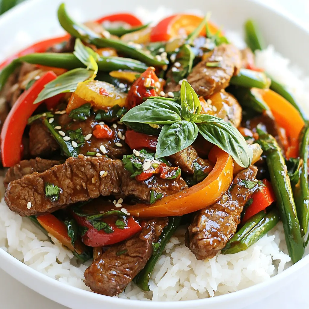 - 1 lb (450g) beef sirloin, thinly sliced against the grain - 2 cups fresh Thai basil leaves, loosely packed - 1 red bell pepper, julienned - 1 cup green beans, trimmed and cut in half - 4 cloves garlic, minced - 2 tablespoons soy sauce (low sodium preferred) - 1 tablespoon oyster sauce - 1 tablespoon fish sauce - 1 tablespoon brown sugar - 1 tablespoon vegetable oil (or another neutral oil) - 1 teaspoon chili flakes (adjust to your preferred heat level) - Cooked jasmine rice, for serving You can add a few more items for extra flavor: - Sliced scallions for garnish - Crushed peanuts for crunch - Lime wedges for a zesty kick If you are missing some items, here are a few swaps: - Use flank steak instead of sirloin for a different cut. - If you can't find Thai basil, sweet basil works as a substitute, but the flavor will change. - Swap green beans with snap peas or broccoli florets for variety. - Use low-sodium soy sauce to keep the dish healthier. - If you prefer a vegan option, try tofu in place of beef. These simple changes can help you enjoy this dish even with what you have on hand. {{ingredient_image_2}} Start by gathering all your ingredients. You will need: - 1 lb beef sirloin, thinly sliced - 2 cups fresh Thai basil leaves - 1 red bell pepper, julienned - 1 cup green beans, trimmed and cut in half - 4 cloves garlic, minced - 2 tablespoons soy sauce - 1 tablespoon oyster sauce - 1 tablespoon fish sauce - 1 tablespoon brown sugar - 1 tablespoon vegetable oil - 1 teaspoon chili flakes - Cooked jasmine rice Make sure to have a large skillet or wok ready. This helps with even cooking. 1. Heat the Oil: Pour vegetable oil into your skillet over high heat. Wait until it shimmers. 2. Sauté the Garlic: Add minced garlic to the hot oil. Stir for about 30 seconds until it smells great. Watch it closely to avoid burning. 3. Cook the Beef: Add the sliced beef in a single layer. Sear it for about 2 minutes. Stir-fry for another 2-3 minutes until it turns brown and is cooked through. 4. Add the Vegetables: Toss in the bell pepper and green beans. Stir-fry for 2-3 minutes. Keep the veggies crisp and colorful. 5. Create the Sauce: In a bowl, mix soy sauce, oyster sauce, fish sauce, and brown sugar. Pour this mix over the beef and veggies. Stir well to coat everything. 6. Incorporate Basil and Spice: Sprinkle chili flakes into the skillet. Gently add the Thai basil leaves. Stir for another minute until the basil wilts and flavors blend. 7. Serve: Take the skillet off heat. Serve the stir fry hot over jasmine rice. - Prep Time: 10 minutes - Cooking Time: 10 minutes - Total Time: 20 minutes This quick meal is both easy and packed with flavor. Enjoy your cooking! - Choose the Right Cut: Use beef sirloin for its tenderness. - Slice Against the Grain: This makes the beef easier to chew. - Keep it Thin: Aim for thin slices, about 1/4 inch thick. - High Heat is Key: Cook on high heat for a great sear. - Don’t Overcrowd the Pan: Cook in batches if needed for even cooking. - Wok or Large Skillet: A wok heats evenly and helps with stir-frying. - Sharp Knife: A good knife ensures even slicing of the beef. - Cutting Board: Use a sturdy board for safe slicing. - Spatula: A spatula helps in tossing the ingredients easily. - Measuring Spoons: For accurate measuring of sauces and spices. - Burning Garlic: Watch the garlic closely; it burns fast. - Cooking Too Long: Avoid overcooking the beef; it should be medium rare. - Not Using Fresh Basil: Fresh basil adds essential flavor; don’t skip it. - Ignoring the Sauce: Make sure to coat everything evenly for the best taste. - Serving Cold: Serve hot over jasmine rice for the best experience. Pro Tips Use Fresh Ingredients: Always opt for the freshest beef and vegetables to enhance the flavor and texture of your stir fry. Fresh Thai basil is essential for that authentic taste. Adjust the Heat: The amount of chili flakes can be tailored to your spice preference. Start with a small amount, taste the dish, and add more if you like it spicier. Perfect the Sear: Make sure your skillet or wok is very hot before adding the beef. This will create a nice sear and keep the meat tender and juicy. Don't Overcook the Veggies: Stir-fry the vegetables just until they are crisp-tender. This will maintain their vibrant color and nutritional value. {{image_4}} You can easily swap the beef for chicken or tofu. Chicken thighs work well for a juicy bite. Just slice it thinly like beef and follow the same steps. Tofu is great for a vegetarian option. Use firm tofu, press it to remove water, and cut it into cubes. Pan-fry the tofu until golden before adding it to the stir fry. Each protein brings a unique flavor and texture. Feel free to mix up the veggies in this dish. Broccoli, snow peas, or carrots can add color and crunch. You can also try mushrooms for an earthy taste. Just make sure to cut them into similar sizes for even cooking. Using seasonal veggies can also make your stir fry fresh and vibrant. Spice is key in this dish, but you control the heat! If you love spice, add more chili flakes. For a milder version, reduce the amount of chili flakes or leave them out. You can also add fresh sliced chilies for a different kick. Adjusting spice lets you create the perfect balance for your taste buds. Store your Thai basil beef stir fry in an airtight container. Let it cool to room temperature before sealing. Place it in the fridge within two hours of cooking. It stays fresh for about three days. Always label your container with the date. This helps you track freshness. To reheat, use a skillet over medium heat. Add a splash of water or oil to prevent sticking. Stir gently until heated through. You can also use the microwave. Place the stir fry in a microwave-safe bowl and cover it loosely. Heat it in 30-second intervals until hot. This keeps the meat tender. You can freeze this stir fry for up to three months. Use a freezer-safe container or bag. Remove as much air as possible to prevent freezer burn. When ready to eat, thaw it overnight in the fridge. Reheat it in a skillet or microwave as mentioned above. Enjoy a quick meal from your freezer! Thai basil has a unique flavor. It tastes slightly sweet and spicy. Regular basil has a milder, sweeter taste. Thai basil has purple stems and small, pointed leaves. You can find it in Asian markets. It works well in stir-fries and soups, adding depth to dishes. Yes, you can make this dish ahead. Cook the beef and vegetables but leave out the basil. Store them in the fridge for up to 3 days. When ready to serve, reheat and add fresh Thai basil. This keeps the flavor bright and fresh. Serve this stir fry over jasmine rice. The rice soaks up the sauce well. You can also pair it with: - Steamed broccoli - Cucumber salad - Spring rolls These sides add color and texture to your meal. Enjoy your delicious feast! This blog post covered the key ingredients for Thai Basil Beef Stir Fry and how to prep them. You learned essential cooking steps and timing to get it just right. I shared tips to avoid common mistakes and how to use different proteins and veggies. Proper storage and reheating methods help you enjoy leftovers. Finally, I answered FAQs to clarify your questions. Remember, cooking can be simple and fun. Use this guide for great meals ahead!