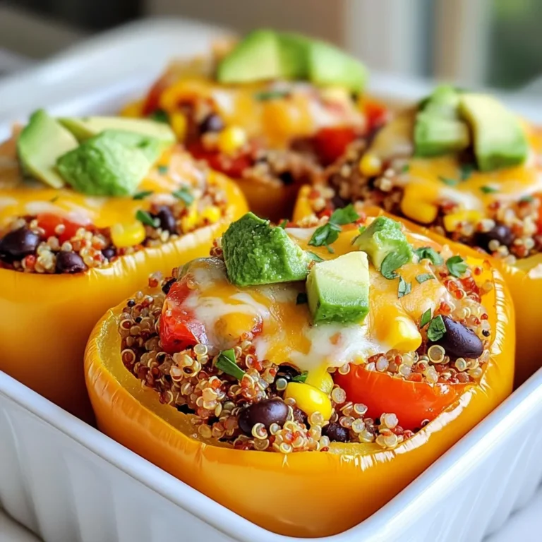 - 4 bell peppers (any color of your choice) - 1 cup quinoa, rinsed and drained - 2 cups vegetable broth - 1 can (15 oz) black beans, rinsed and drained - 1 cup corn (you can use fresh or frozen) - 1 small red onion, diced finely - 2 garlic cloves, minced - 1 teaspoon ground cumin - 1 teaspoon chili powder - 1 teaspoon smoked paprika - Salt and pepper, to taste - 1 cup cherry tomatoes, halved - ½ cup fresh cilantro, chopped - 1 cup shredded cheese (optional for topping) - 1 avocado, sliced (for garnish) If you don’t have quinoa, try brown rice or couscous. Both work well. For a protein boost, use lentils instead of black beans. You can swap corn for peas or diced zucchini. If you prefer a milder taste, use yellow onion instead of red. Each serving gives you a great balance of nutrients. Expect about: - Calories: 350 - Protein: 12g - Carbohydrates: 50g - Dietary Fiber: 10g - Fat: 10g These stuffed peppers are not just tasty; they are also packed with healthy ingredients. Each bite is a mix of protein, fiber, and vitamins. Enjoy the flavors while knowing you're fueling your body right! {{ingredient_image_2}} Start by preheating your oven to 375°F (190°C). While the oven warms, take your bell peppers. Cut off the tops and remove the seeds and membranes. Lightly sprinkle salt and pepper inside each pepper. Place them upright in a baking dish. Make sure they fit snugly to hold the filling later. In a medium saucepan, combine one cup of rinsed quinoa with two cups of vegetable broth. Bring this mix to a boil over medium-high heat. Once it boils, lower the heat and cover the pan. Let it simmer for about 15 minutes. The quinoa should absorb all the liquid and become fluffy. While the quinoa cooks, heat a splash of olive oil in a large skillet over medium heat. Add the diced red onion and sauté for about 3-4 minutes until it softens. Stir in two minced garlic cloves, one teaspoon of ground cumin, one teaspoon of chili powder, and one teaspoon of smoked paprika. Cook for one more minute to let the spices toast. In a large mixing bowl, combine the cooked quinoa, the sautéed onion mix, one can of rinsed black beans, one cup of corn, one cup of halved cherry tomatoes, and half a cup of chopped cilantro. Stir everything together until well mixed. Taste the filling and add salt and pepper as needed for flavor. Gently spoon the quinoa mixture into each prepared bell pepper. Pack it lightly to fill evenly. If you want cheese, sprinkle it on top of the stuffed peppers. Cover the baking dish tightly with aluminum foil. Bake for 25 minutes, then remove the foil. Bake for an extra 10 minutes to make sure the peppers are tender and the cheese is melted. After baking, let the dish cool for a few minutes. Garnish each pepper with avocado slices and a sprinkle of chopped cilantro before serving. To cook quinoa just right, follow a few simple steps: - Rinse quinoa well before cooking. This removes any bitter taste. - Use a 1:2 ratio of quinoa to vegetable broth. One cup of quinoa needs two cups of broth. - Bring the broth to a boil first. This helps the quinoa absorb flavor. - After boiling, reduce heat and cover the pot. Let it simmer for about 15 minutes. - Fluff the quinoa with a fork once it’s done. This makes it light and fluffy. Choosing cheese can elevate the flavor of your stuffed peppers: - Cheddar cheese adds a sharp, tangy taste. - Monterey Jack melts well and has a mild flavor. - Feta cheese brings a nice saltiness and pairs well with the veggies. - For a twist, try pepper jack for a spicy kick. - Use a mix of cheeses for a richer topping. Selecting the best bell peppers is easy if you know what to look for: - Pick peppers that are firm and heavy for their size. This means they are fresh. - Look for bright, even color. Avoid any with dark spots or wrinkles. - Choose peppers with smooth skin. This indicates they are ripe and juicy. - If you want sweetness, opt for red or yellow peppers. Green peppers are more bitter. - Make sure the tops are intact and green. This shows they were picked recently. Pro Tips Choose Your Peppers: Select a mix of colorful bell peppers for a vibrant presentation and flavor variety. Red, yellow, and green all add their unique sweetness. Quinoa Cooking Tip: For extra flavor, toast the quinoa in a dry pan before cooking it in broth. This enhances its nutty flavor and adds depth to your dish. Customize Your Filling: Feel free to add other vegetables or proteins like diced zucchini, mushrooms, or ground turkey to make the filling heartier. Serving Suggestion: Serve the stuffed peppers with a side of guacamole or a fresh salad to complement the flavors and add freshness to the meal. {{image_4}} If you want to keep it vegetarian, this dish shines without meat. You can add more veggies like zucchini or spinach. These ingredients boost nutrition and flavor. You can also swap black beans for kidney or pinto beans. For a different taste, mix in some diced mushrooms. They add a hearty texture and absorb flavors well. Need more protein? You can add ground turkey or beef to the filling. Cook the meat in the skillet before adding the onion and spices. This adds depth and richness. For a twist, try shredded chicken or even diced tofu. Both options blend well with the quinoa and spices. Want to change the flavor? Here are some ideas: - Mediterranean: Use feta cheese, olives, and spices like oregano. - Italian: Add marinara sauce and mozzarella cheese for a pizza twist. - Asian: Mix in soy sauce, ginger, and top with sesame seeds. These variations keep the dish exciting and allow for personal taste. Enjoy experimenting! To store leftover stuffed peppers, first let them cool. Place them in an airtight container. They will stay fresh in the fridge for about 3 to 5 days. If you have multiple peppers, stack them carefully to avoid squishing. If you want to freeze them, wrap each stuffed pepper in plastic wrap. Then place them in a freezer-safe bag. This way, they can last up to 3 months. When you’re ready to eat, just take them out and let them thaw overnight in the fridge. To reheat stuffed peppers, preheat your oven to 350°F (175°C). Place the peppers in a baking dish and cover with foil. Bake for about 20-25 minutes. If you like your cheese melty, remove the foil for the last 5 minutes. You can also microwave them for 2-3 minutes, but the oven keeps them tastier. Enjoy your delicious meal! Yes, you can make these stuffed peppers ahead of time. Prepare the filling and stuff the peppers. Cover them and keep them in the fridge. Bake them when you're ready to eat. This makes meal prep easy and saves time on busy days. If you want to swap out quinoa, you can use rice or couscous. Both options work well and will absorb the flavors. Brown rice adds a nutty taste, while couscous cooks faster. Choose what you like best for your dish. You can tell the peppers are done when they are soft. They should be tender and their skin should look slightly wrinkled. If you added cheese, it should be melted and bubbly. Use a fork to test the peppers for doneness. Yes, this recipe is already gluten-free! Quinoa, beans, and veggies are all gluten-free. Just make sure any broth you use is also gluten-free. Enjoy this healthy and colorful dish without worry! This blog post covered everything you need for fiesta quinoa stuffed peppers. We discussed the ingredients, smart substitutes, and vital nutritional facts. I outlined each step for making these tasty treats, from prepping bell peppers to cooking quinoa. You also learned tips for cooking perfectly and how to store leftovers. Remember, you can switch up flavors and add proteins for variety. With these insights, you can create delicious meals that suit your taste and lifestyle. Enjoy your cooking journey!