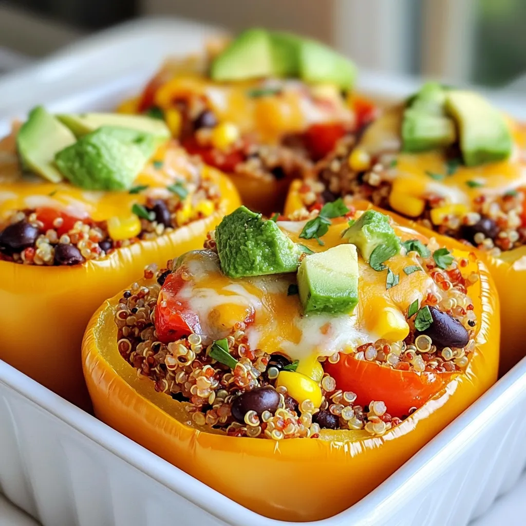 - 4 bell peppers (any color of your choice) - 1 cup quinoa, rinsed and drained - 2 cups vegetable broth - 1 can (15 oz) black beans, rinsed and drained - 1 cup corn (you can use fresh or frozen) - 1 small red onion, diced finely - 2 garlic cloves, minced - 1 teaspoon ground cumin - 1 teaspoon chili powder - 1 teaspoon smoked paprika - Salt and pepper, to taste - 1 cup cherry tomatoes, halved - ½ cup fresh cilantro, chopped - 1 cup shredded cheese (optional for topping) - 1 avocado, sliced (for garnish) If you don’t have quinoa, try brown rice or couscous. Both work well. For a protein boost, use lentils instead of black beans. You can swap corn for peas or diced zucchini. If you prefer a milder taste, use yellow onion instead of red. Each serving gives you a great balance of nutrients. Expect about: - Calories: 350 - Protein: 12g - Carbohydrates: 50g - Dietary Fiber: 10g - Fat: 10g These stuffed peppers are not just tasty; they are also packed with healthy ingredients. Each bite is a mix of protein, fiber, and vitamins. Enjoy the flavors while knowing you're fueling your body right! {{ingredient_image_2}} Start by preheating your oven to 375°F (190°C). While the oven warms, take your bell peppers. Cut off the tops and remove the seeds and membranes. Lightly sprinkle salt and pepper inside each pepper. Place them upright in a baking dish. Make sure they fit snugly to hold the filling later. In a medium saucepan, combine one cup of rinsed quinoa with two cups of vegetable broth. Bring this mix to a boil over medium-high heat. Once it boils, lower the heat and cover the pan. Let it simmer for about 15 minutes. The quinoa should absorb all the liquid and become fluffy. While the quinoa cooks, heat a splash of olive oil in a large skillet over medium heat. Add the diced red onion and sauté for about 3-4 minutes until it softens. Stir in two minced garlic cloves, one teaspoon of ground cumin, one teaspoon of chili powder, and one teaspoon of smoked paprika. Cook for one more minute to let the spices toast. In a large mixing bowl, combine the cooked quinoa, the sautéed onion mix, one can of rinsed black beans, one cup of corn, one cup of halved cherry tomatoes, and half a cup of chopped cilantro. Stir everything together until well mixed. Taste the filling and add salt and pepper as needed for flavor. Gently spoon the quinoa mixture into each prepared bell pepper. Pack it lightly to fill evenly. If you want cheese, sprinkle it on top of the stuffed peppers. Cover the baking dish tightly with aluminum foil. Bake for 25 minutes, then remove the foil. Bake for an extra 10 minutes to make sure the peppers are tender and the cheese is melted. After baking, let the dish cool for a few minutes. Garnish each pepper with avocado slices and a sprinkle of chopped cilantro before serving. To cook quinoa just right, follow a few simple steps: - Rinse quinoa well before cooking. This removes any bitter taste. - Use a 1:2 ratio of quinoa to vegetable broth. One cup of quinoa needs two cups of broth. - Bring the broth to a boil first. This helps the quinoa absorb flavor. - After boiling, reduce heat and cover the pot. Let it simmer for about 15 minutes. - Fluff the quinoa with a fork once it’s done. This makes it light and fluffy. Choosing cheese can elevate the flavor of your stuffed peppers: - Cheddar cheese adds a sharp, tangy taste. - Monterey Jack melts well and has a mild flavor. - Feta cheese brings a nice saltiness and pairs well with the veggies. - For a twist, try pepper jack for a spicy kick. - Use a mix of cheeses for a richer topping. Selecting the best bell peppers is easy if you know what to look for: - Pick peppers that are firm and heavy for their size. This means they are fresh. - Look for bright, even color. Avoid any with dark spots or wrinkles. - Choose peppers with smooth skin. This indicates they are ripe and juicy. - If you want sweetness, opt for red or yellow peppers. Green peppers are more bitter. - Make sure the tops are intact and green. This shows they were picked recently. Pro Tips Choose Your Peppers: Select a mix of colorful bell peppers for a vibrant presentation and flavor variety. Red, yellow, and green all add their unique sweetness. Quinoa Cooking Tip: For extra flavor, toast the quinoa in a dry pan before cooking it in broth. This enhances its nutty flavor and adds depth to your dish. Customize Your Filling: Feel free to add other vegetables or proteins like diced zucchini, mushrooms, or ground turkey to make the filling heartier. Serving Suggestion: Serve the stuffed peppers with a side of guacamole or a fresh salad to complement the flavors and add freshness to the meal. {{image_4}} If you want to keep it vegetarian, this dish shines without meat. You can add more veggies like zucchini or spinach. These ingredients boost nutrition and flavor. You can also swap black beans for kidney or pinto beans. For a different taste, mix in some diced mushrooms. They add a hearty texture and absorb flavors well. Need more protein? You can add ground turkey or beef to the filling. Cook the meat in the skillet before adding the onion and spices. This adds depth and richness. For a twist, try shredded chicken or even diced tofu. Both options blend well with the quinoa and spices. Want to change the flavor? Here are some ideas: - Mediterranean: Use feta cheese, olives, and spices like oregano. - Italian: Add marinara sauce and mozzarella cheese for a pizza twist. - Asian: Mix in soy sauce, ginger, and top with sesame seeds. These variations keep the dish exciting and allow for personal taste. Enjoy experimenting! To store leftover stuffed peppers, first let them cool. Place them in an airtight container. They will stay fresh in the fridge for about 3 to 5 days. If you have multiple peppers, stack them carefully to avoid squishing. If you want to freeze them, wrap each stuffed pepper in plastic wrap. Then place them in a freezer-safe bag. This way, they can last up to 3 months. When you’re ready to eat, just take them out and let them thaw overnight in the fridge. To reheat stuffed peppers, preheat your oven to 350°F (175°C). Place the peppers in a baking dish and cover with foil. Bake for about 20-25 minutes. If you like your cheese melty, remove the foil for the last 5 minutes. You can also microwave them for 2-3 minutes, but the oven keeps them tastier. Enjoy your delicious meal! Yes, you can make these stuffed peppers ahead of time. Prepare the filling and stuff the peppers. Cover them and keep them in the fridge. Bake them when you're ready to eat. This makes meal prep easy and saves time on busy days. If you want to swap out quinoa, you can use rice or couscous. Both options work well and will absorb the flavors. Brown rice adds a nutty taste, while couscous cooks faster. Choose what you like best for your dish. You can tell the peppers are done when they are soft. They should be tender and their skin should look slightly wrinkled. If you added cheese, it should be melted and bubbly. Use a fork to test the peppers for doneness. Yes, this recipe is already gluten-free! Quinoa, beans, and veggies are all gluten-free. Just make sure any broth you use is also gluten-free. Enjoy this healthy and colorful dish without worry! This blog post covered everything you need for fiesta quinoa stuffed peppers. We discussed the ingredients, smart substitutes, and vital nutritional facts. I outlined each step for making these tasty treats, from prepping bell peppers to cooking quinoa. You also learned tips for cooking perfectly and how to store leftovers. Remember, you can switch up flavors and add proteins for variety. With these insights, you can create delicious meals that suit your taste and lifestyle. Enjoy your cooking journey!