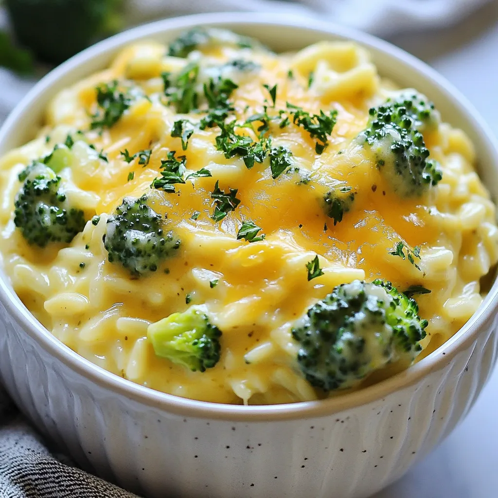 - 1 cup orzo pasta - 2 cups broccoli florets - 1 tablespoon olive oil - 1 small onion, finely chopped - 2 cloves garlic, minced - 4 cups vegetable broth - 1 cup shredded sharp cheddar cheese - 1/2 cup heavy cream - 1/4 teaspoon ground nutmeg - Salt and freshly ground black pepper, to taste - 2 tablespoons grated Parmesan cheese (optional) - Fresh parsley, finely chopped, for garnish (optional) If you want to switch things up, try these options: - Use whole wheat orzo for added fiber. - Swap broccoli for cauliflower or spinach for a different taste. - Use chicken broth instead of vegetable broth for more flavor. - Try different cheeses like gouda or mozzarella for a unique twist. You will need: - A large pot for cooking the orzo and broccoli - A colander for draining the orzo - A cutting board and knife for chopping - A wooden spoon for stirring - Measuring cups and spoons for accuracy {{ingredient_image_2}} To start, fill a big pot with water and add salt. Bring the water to a boil. Once it bubbles, add 1 cup of orzo pasta. Cook it for 8-10 minutes or until it is al dente. Near the end, add 2 cups of broccoli florets. Let them cook for 2-3 minutes together. Drain the orzo and broccoli in a colander and set them aside. Next, use the same pot for the next steps. Heat 1 tablespoon of olive oil over medium heat. Add 1 small chopped onion and cook for 3-4 minutes. Stir often until the onion looks clear. Then, add 2 minced garlic cloves and cook for 1 more minute. The garlic should smell great but not brown. Now, raise the heat to medium-high. Pour in 4 cups of vegetable broth and bring it to a boil. Once boiling, lower the heat and let it simmer for about 5 minutes. This step makes the broth more tasty. After that, lower the heat again and add 1/2 cup of heavy cream and 1/4 teaspoon of ground nutmeg. Stir and let it simmer for 2-3 minutes. Gradually add 1 cup of shredded sharp cheddar cheese. Keep stirring until it melts and the sauce is creamy. Gently mix the drained orzo and broccoli back into the pot. Toss everything together so each piece is coated in the sauce. Season with salt and freshly ground black pepper. If you like, sprinkle 2 tablespoons of grated Parmesan cheese and mix well. After mixing, remove the pot from the heat. Let it sit for a couple of minutes. This helps the dish thicken up. Serve the orzo in deep white bowls. Top each bowl with more shredded cheddar cheese and a sprinkle of fresh parsley for a nice touch. Enjoy! When making creamy broccoli cheddar orzo, some mistakes can spoil your dish. One common issue is overcooking the orzo. It should be al dente, so watch the time closely. Also, don’t add broccoli too early. It should cook with the orzo in the last few minutes to stay bright and crisp. If you skip seasoning, the dish may taste bland. Always add salt and pepper to enhance the flavors. To boost the flavor of your creamy broccoli cheddar orzo, use high-quality broth. Homemade vegetable broth gives a richer taste than store-bought. You can also add herbs like thyme or basil for extra aroma. A pinch of smoked paprika can add a unique twist. Lastly, consider using sharp cheddar cheese. It brings a stronger flavor that pairs well with the creaminess. For the best creaminess, start with heavy cream. It makes the sauce rich and smooth. When adding cheese, do it gradually. Stir in small handfuls and let each melt fully before adding more. Ground nutmeg adds depth to the flavor, so don’t skip this step. If the sauce seems too thick, a splash of broth or cream can help adjust the consistency. Pro Tips Stir Frequently: Stir the orzo and broccoli mixture gently but frequently while adding the cheese to ensure even melting and prevent sticking. Cheese Selection: For a deeper flavor, try mixing different cheeses such as Gruyère or Fontina with the cheddar. Nutmeg Balance: Be cautious with the nutmeg; a little goes a long way. Start with a small amount and adjust to your taste. Make Ahead: This dish can be made ahead and reheated. Just add a splash of broth or cream to revive the creaminess when reheating. {{image_4}} You can make Creamy Broccoli Cheddar Orzo heartier by adding proteins. Chicken and shrimp are great options. For chicken, cook bite-sized pieces in the pot before adding the onion. This will give a nice flavor to the dish. For shrimp, add them just before you pour in the broth. Cook them until they turn pink and tender. Both options will make this dish more filling and tasty. If you want a vegetarian twist, consider swapping out the broccoli for other veggies. Spinach, peas, or bell peppers work well. You can also mix in some carrots or zucchini. Just make sure to chop them small. Add these vegetables when you add the broccoli to the orzo. This keeps the dish colorful and fun. You can even add some cooked beans for extra protein. The cheese is key for a creamy texture. While sharp cheddar is fantastic, you can try other cheeses too. Gouda or fontina can add a nice smoky flavor. For a tangy twist, use goat cheese or feta. Just remember, each cheese melts differently. Start with small amounts and adjust to your taste. This way, you can create a new cheesy delight each time! To keep your Creamy Broccoli Cheddar Orzo fresh, let it cool first. Store it in an airtight container. This helps keep moisture in and prevents odors from other foods. Place it in the fridge if you plan to eat it within three days. For longer storage, freezing is best. Reheat your orzo on the stove or in the microwave. If using the stove, add a splash of broth or milk to help it stay creamy. Heat it on low and stir until warm. In the microwave, use a microwave-safe bowl. Heat in short bursts, stirring in between, until hot. If you want to freeze your orzo, scoop it into freezer-safe bags or containers. Remove excess air to avoid freezer burn. Label each bag with the date. Your orzo can last for up to three months in the freezer. When you're ready to eat, let it thaw in the fridge overnight. Then, reheat as mentioned above. Enjoy! Yes, you can make this recipe gluten-free. Substitute orzo with gluten-free pasta. Many brands offer tasty gluten-free options. Just follow the cooking times on the package for best results. Creamy Broccoli Cheddar Orzo lasts about 3 to 5 days in the fridge. Store it in an airtight container. This keeps it fresh and tasty for you to enjoy later. Absolutely! You can use any small pasta. You might try ditalini, small shells, or even rice. Just adjust the cooking time based on the pasta you choose. This dish pairs well with a crisp salad. A simple green salad with a lemon vinaigrette works great. You could also serve it with crusty bread for a complete meal. Yes, Creamy Broccoli Cheddar Orzo is perfect for meal prep. Make it ahead and portion it out. Just reheat it on the stove or in the microwave when you are ready to eat. This blog post covered how to make Creamy Broccoli Cheddar Orzo easily. We discussed the needed ingredients, equipment, and step-by-step cooking steps. I shared tips to avoid mistakes and ways to boost flavor. You learned about variations and how to store the dish properly. Remember, cooking should be fun and creative. Use the tips to make this dish yours! Enjoy your time in the kitchen.