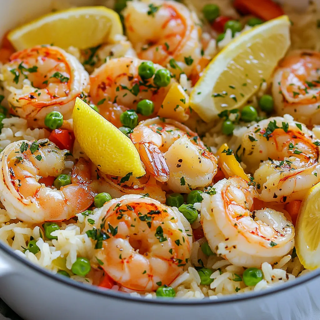 - Large shrimp (1 pound, peeled and deveined) - Jasmine rice (1 cup, rinsed) - Unsalted butter (2 tablespoons, divided) - Minced garlic (4 cloves) - Finely chopped onion (1 small) - Diced bell pepper (1 red or yellow) - Low-sodium chicken broth (2 cups) - Frozen peas (1 cup) - Paprika (1 teaspoon) - Dried thyme (1 teaspoon) - Salt and pepper to taste - Fresh parsley (for garnish) - Lemon wedges (for serving) Gathering the right ingredients is key to making this dish shine. Large shrimp are the star here. They bring a sweet, briny flavor that pairs perfectly with garlic and butter. I like to use jasmine rice for its fluffy texture and subtle aroma. The butter adds richness. Minced garlic is essential. It gives that bold, savory taste. Finely chopped onion and diced bell pepper add sweetness and color. Low-sodium chicken broth helps the rice cook well while keeping it light. Frozen peas add a pop of green and sweetness. Spices matter too. Paprika brings warmth, while dried thyme adds an earthy note. Salt and pepper enhance all the flavors. Finally, don’t forget fresh parsley for garnish. It brightens the dish and looks great on the plate. Lemon wedges are a must for serving, giving a zesty finish that lifts the flavors. {{ingredient_image_2}} - Rinse jasmine rice under cold running water. - Melt butter in skillet and sauté onion and bell pepper. - Incorporate minced garlic and cook until fragrant. - Add rice, spices, and pour in chicken broth. - Simmer the rice until liquid is absorbed. - Season shrimp and cook until pink. - Fold shrimp and peas into cooked rice mixture. - Fluff the rice before serving. To start, rinse your jasmine rice well. This improves the texture. You want to wash it until the water runs clear. This step helps the rice stay fluffy. Next, melt the butter in a large skillet. Add the finely chopped onion and bell pepper. Sauté these for three to four minutes. You want the onions to turn soft and clear. After that, add the minced garlic. Cook this for about one minute. Stir it often to avoid burning. The smell of garlic will fill your kitchen! Now, it’s time to add the rinsed rice. Sprinkle in the paprika and dried thyme. Mix everything well to coat the rice with flavor. Pour in the low-sodium chicken broth. Season with salt and pepper to your taste. Bring this to a boil over high heat. Once boiling, lower the heat to simmer. Cover the skillet and let it cook for about 15 minutes. It's done when the rice absorbs all the liquid. While the rice cooks, season the shrimp with salt and pepper. Heat the leftover butter in a separate pan. Cook the shrimp for about two to three minutes on each side. They should turn pink and opaque. When the rice is ready, fold in the cooked shrimp and frozen peas. Cover the skillet for five more minutes. This allows the peas to warm up. Lastly, fluff the rice with a fork. Taste it to adjust the seasoning if needed. Your Garlic Butter Shrimp Rice Skillet is now ready to enjoy! How to achieve fluffy rice To get fluffy rice, rinse jasmine rice well. Use cold water and a fine mesh strainer. Rinse until the water runs clear. This helps remove extra starch. After rinsing, cook the rice in low-sodium chicken broth for added flavor. Keep the lid on while it cooks to trap steam. Let it sit for a few minutes after cooking. This makes the rice tender and fluffy. Best practices for seasoning shrimp When seasoning shrimp, keep it simple. Use salt and pepper to enhance the natural flavor. You can add paprika and thyme for extra taste. Cook shrimp until they turn pink and opaque. This usually takes about 2-3 minutes on each side. Avoid overcooking; it can make shrimp tough. Adding lemon juice for extra brightness Lemon juice brightens the dish. Squeeze fresh lemon juice over the shrimp and rice before serving. This adds a zesty flavor that pairs great with garlic and butter. Suggested herbs and spices for variation Feel free to experiment with herbs. Fresh parsley adds color and freshness. You can also try dill or basil for a different taste. For a kick, add red pepper flakes or cayenne pepper. These small changes can make your dish unique and exciting. Pro Tips Rinse the Rice: Rinsing the jasmine rice under cold water until the water runs clear removes excess starch, resulting in fluffier rice. Fresh Ingredients: Use fresh shrimp for the best flavor. If using frozen, ensure they are fully thawed and pat them dry before cooking. Flavor Boost: For added depth of flavor, consider adding a splash of white wine to the skillet after sautéing the garlic and before adding the rice. Rest the Dish: Allowing the dish to rest for a few minutes after cooking helps the flavors meld together, enhancing the overall taste. {{image_4}} You can easily swap ingredients in this dish. Try using brown rice instead of jasmine rice. Brown rice adds a hearty texture and more fiber. Quinoa is another great choice. It cooks quickly and offers a nutty flavor. Feel free to change the veggies too. You might add zucchini, carrots, or even spinach. These will give your dish more color and nutrients. You can also switch up the protein. Chicken or scallops work well. They both cook fast and taste great with garlic butter. If you love heat, make it spicy! Add red pepper flakes for a nice kick. Just a teaspoon can change the flavor. You can also drizzle some hot sauce over the dish. It adds heat and extra flavor. Adjust the amount based on your taste. This spicy twist makes the dish exciting and bold! To store leftovers, let the dish cool to room temperature. Place the shrimp rice skillet in an airtight container. Make sure to keep it in the fridge. It will stay fresh for up to three days. Glass or plastic containers work well for storage. Avoid using metal containers, as they can react with the food. For freezing, let the dish cool completely first. Scoop servings into freezer-safe bags or containers. Remove as much air as possible before sealing. Label the bags with the date for easy tracking. You can freeze it for up to three months. When you’re ready to eat, thaw the dish overnight in the fridge. Reheat it in a skillet over medium heat. Add a splash of chicken broth to prevent drying out. Stir until warmed through, and enjoy! How long does it take to make Garlic Butter Shrimp Rice Skillet? It takes about 30 minutes to make this dish. You can prep in 10 minutes and cook in 20 minutes. This is a quick and easy meal for busy days. Can I use frozen shrimp for this recipe? Yes, you can use frozen shrimp. Just thaw them before cooking. This saves time and makes it easy to prepare. Is this dish gluten-free? Yes, this dish is gluten-free. The ingredients do not contain gluten. Always check your chicken broth to be sure. How many calories are in Garlic Butter Shrimp Rice Skillet? This dish has about 400 calories per serving. It is a filling meal with a good balance of flavors. What is the balance of protein and carbs in this dish? You get around 25 grams of protein and 45 grams of carbs per serving. It provides energy and helps keep you full. Can I make this recipe in an Instant Pot? Yes, you can make it in an Instant Pot. Sauté the onion, pepper, and garlic, then add rice and broth. Cook on high pressure for 8 minutes. Suggestions for a stovetop vs. oven preparation For stovetop, follow the recipe as written. For oven, use a Dutch oven. Bake at 350°F for 20 minutes. Just ensure the shrimp cook through. This blog post shared simple steps to make Garlic Butter Shrimp Rice Skillet. We covered the key ingredients, easy preparation and cooking steps, and techniques for great taste. I added tips for storage and variations to suit your preferences. Try this dish for a fast, tasty meal. It’s versatile, making it fun to customize. Your friends and family will love it, and you’ll feel proud serving it. Enjoy your cooking adventure!