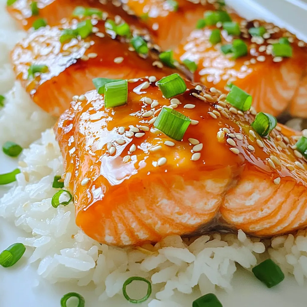 - 4 salmon fillets, approximately 6 oz each - 1/4 cup honey - 2 tablespoons Sriracha sauce - 2 tablespoons soy sauce - 1 tablespoon fresh ginger, finely grated The main ingredients for Sriracha honey glazed salmon create a great mix of flavors. The salmon forms the base of your dish, while honey and Sriracha bring a sweet and spicy kick. Soy sauce adds saltiness, and ginger offers freshness. Together, they make the glaze that shines on the salmon. - 2 garlic cloves, minced - 1 tablespoon freshly squeezed lime juice - 2 tablespoons olive oil plus extra for drizzling - Salt and freshly cracked pepper to taste - 2 green onions, thinly sliced (for garnish) - Sesame seeds (for garnish) The additional ingredients add depth and brightness. Garlic gives a savory note, while lime juice adds a zesty punch. Olive oil enhances richness and helps the glaze stick. Salt and pepper boost all flavors. Finally, green onions and sesame seeds make a lovely garnish that brings color and texture to your plate. {{ingredient_image_2}} To start, gather your glaze ingredients. You need: - 1/4 cup honey - 2 tablespoons Sriracha sauce - 2 tablespoons soy sauce - 1 tablespoon fresh ginger, finely grated - 2 garlic cloves, minced - 1 tablespoon freshly squeezed lime juice In a medium bowl, mix these ingredients together. Whisk until they blend well. This glaze adds a sweet and spicy kick to your salmon. Marinating your salmon is key. Place your salmon fillets in a shallow dish. Pour half of the glaze over them. Make sure each fillet is coated well. Cover the dish or seal it in a bag. Let it marinate in the fridge for 30 minutes. This helps the salmon soak in all that flavor. Now it’s time to bake the salmon. First, preheat your oven to 400°F (200°C). Prepare your baking sheet by lining it with parchment paper or greasing it lightly with olive oil. After marinating, take the salmon out of the glaze. Let any extra marinade drip off. Place the fillets skin-side down on the baking sheet. Drizzle olive oil over each piece. Season them with salt and pepper for taste. Bake the salmon for about 12-15 minutes. Check if it flakes easily with a fork. This means it is done and ready to eat. While the salmon bakes, we’ll finish the glaze. Take the remaining glaze and pour it into a small saucepan. Heat it over medium heat until it simmers. Cook for about 2-3 minutes until it thickens a bit. This makes the flavor even better. Once your salmon is done, take it out of the oven. Brush the thickened glaze over the top of each fillet. For the final touch, sprinkle chopped green onions and sesame seeds on top. This adds color and crunch to your dish. Marinating salmon adds great flavor. Here are some best practices: - Use a shallow dish or a resealable bag for even coating. - Make sure the glaze covers all sides of the fillets. - Marinate for at least 30 minutes, but 1-2 hours is even better. This allows the salmon to soak up the sweet and spicy notes of the Sriracha and honey. Knowing when your salmon is done is key. Here’s how you can check for doneness: - Use a fork to gently flake the fish. If it flakes easily, it’s ready. - Salmon typically cooks well at 400°F (200°C). You can adjust time based on thickness. Thicker fillets may need up to 15 minutes, while thinner ones can cook in 12. Presentation makes a meal feel special. Here are some ideas: - Serve the salmon on a bed of fluffy jasmine rice or quinoa. - Drizzle any leftover glaze on top for added flavor. - Garnish with chopped green onions and sesame seeds for color. Pair your salmon with steamed veggies or a fresh salad for a complete meal. Pro Tips Marinate Longer for More Flavor: For an even richer taste, consider marinating the salmon for 1-2 hours, or even overnight. This allows the flavors to penetrate deeper into the fish. Watch the Baking Time: Salmon can quickly go from perfectly cooked to dry. Keep an eye on the fillets in the last few minutes of baking to ensure optimal flakiness. Adjust the Heat Level: If you prefer a milder glaze, reduce the amount of Sriracha sauce or substitute with a milder chili sauce. Conversely, add more for an extra kick. Serve with Fresh Sides: Pair your salmon with fresh, crisp vegetables or a light salad to complement the rich flavors of the glaze and add a refreshing contrast. {{image_4}} You can change the taste of your Sriracha honey glazed salmon by adding spices or herbs. Try adding a pinch of cayenne for more heat. You can also mix in fresh cilantro or parsley for a fresh flavor. Different types of honey can also change the sweetness. For a deeper flavor, use wildflower honey. If you want less sugar, try agave syrup. If you don’t have Sriracha sauce, you can use other hot sauces. Look for sauces like sambal oelek or chili garlic sauce. These will still give you a nice kick. You can also swap out salmon for other fish. Try using trout or tilapia. These options will still taste great with the glaze. You can cook your salmon in many ways. Grilling gives a smoky flavor, while baking keeps it moist. For grilling, preheat your grill and oil the grates. Cook for about 6-8 minutes per side. Baking is easier and less hands-on. Just follow the oven instructions in the recipe. An air fryer is another great option. It cooks the salmon quickly and gives it a nice crisp. Set your air fryer to 400°F and cook for 8-10 minutes. No matter your method, make sure to check for doneness. The salmon should flake easily with a fork. To keep your Sriracha honey glazed salmon fresh, wrap it tightly in plastic wrap or foil. You can also use an airtight container. This helps keep the fish moist and flavorful. Store leftovers in the fridge for up to three days. After that, the taste and texture might start to fade. When it’s time to enjoy your leftovers, reheating is key. Place the salmon in a baking dish. Preheat your oven to 275°F (135°C) and warm the fish for about 15 minutes. This method keeps the salmon moist. You can also use a microwave, but do it gently. Heat in short bursts of 30 seconds to avoid drying it out. If you want to save the salmon for later, freezing is a great choice. First, let the salmon cool completely. Wrap each piece in plastic wrap, then place it in a freezer bag. Squeeze out any air before sealing. This helps prevent freezer burn. You can freeze the salmon for up to three months. When ready to eat, thaw it in the fridge overnight for the best results. This will help keep the flavor and texture nice. To cook Sriracha honey glazed salmon, timing depends on the thickness of your fillets. For fillets about 1-inch thick, bake for 12-15 minutes at 400°F. If your fillets are thicker, add a couple more minutes. Always check with a fork. The fish should flake easily when done. Yes, you can use frozen salmon. Just thaw it first. Place the frozen salmon in the refrigerator overnight. If you need it sooner, you can use cold water. Seal it in a bag and submerge it in cold water for about an hour. After thawing, pat it dry before using. You can serve many sides with this dish. Here are some great options: - Steamed jasmine rice - Fluffy quinoa - Roasted vegetables - A fresh green salad - Grilled asparagus - Sautéed spinach For drinks, try a chilled white wine or sparkling water with lime. These pair well with the spicy, sweet flavors of the salmon. This recipe for Sriracha honey glazed salmon combines simple ingredients for great taste. We covered the main ingredients and optional extras. Preparing the glaze and marinating brings rich flavors. Baking tips helped you achieve perfect doneness every time. Don’t forget about variations and best practices for storing leftovers. Now, you can make a tasty meal full of flavor. Enjoy your cooking and share this dish with others!