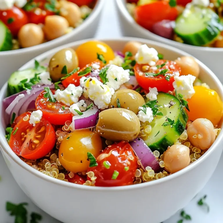 - 1 cup quinoa, thoroughly rinsed - 2 cups vegetable broth or water - 1 cup cherry tomatoes, halved - 1 cucumber, diced into small pieces - 1 red bell pepper, diced - 1/2 red onion, finely chopped - 1 cup chickpeas, cooked (either canned, rinsed, or boiled) - 1/2 cup Kalamata olives, pitted and sliced - 1/2 cup feta cheese, crumbled - 1/4 cup fresh parsley, finely chopped Quinoa is the star of this dish. It cooks up fluffy and has a mild taste. The fresh vegetables add crunch and color. Cherry tomatoes burst with flavor, while cucumbers keep things refreshing. Red bell peppers bring sweetness. The red onion adds a little bite. Chickpeas give protein and a nice texture. Kalamata olives add a salty, briny flavor. Feta cheese crumbles beautifully, adding creaminess. Fresh parsley brightens the dish and adds a herbal note. - 1/4 cup high-quality olive oil - 2 tablespoons freshly squeezed lemon juice - Salt and black pepper, to taste The dressing is simple but packs a punch. Olive oil lends richness. Lemon juice adds brightness and acidity. Salt and pepper enhance all the flavors. You can whisk these together easily. This dressing ties all the ingredients together beautifully. - Fresh parsley - Kalamata olives Garnishes add a finishing touch. A sprinkle of fresh parsley makes the dish pop with green color. Extra Kalamata olives can give a salty bite, perfect for olive lovers. These options let you customize your bowl to your taste. {{ingredient_image_2}} Start by rinsing your quinoa. Place it in a fine-mesh strainer under cold water. Rub the grains gently with your fingers. This helps remove the bitter coating. Once rinsed, put 1 cup of quinoa in a medium saucepan. Add 2 cups of vegetable broth or water. Next, heat the mixture over medium-high heat. Bring it to a rolling boil. When it starts boiling, reduce the heat to low. Cover the saucepan and let it simmer for about 15 minutes. The quinoa will absorb the liquid and become tender. After 15 minutes, remove it from heat but keep it covered for 5 more minutes. This steaming step makes the quinoa fluffy. Fluff it gently with a fork before using. In a large mixing bowl, combine your fresh veggies and chickpeas. Add 1 cup of halved cherry tomatoes, 1 diced cucumber, 1 diced red bell pepper, and 1/2 finely chopped red onion. Toss the ingredients well to mix them evenly. Then, add 1 cup of cooked chickpeas to the bowl. Now, gently fold the cooked quinoa into your vegetable mixture. Be careful not to mash the ingredients. You want everything mixed but still whole. After that, add 1/2 cup of sliced Kalamata olives, 1/2 cup of crumbled feta cheese, and 1/4 cup of finely chopped fresh parsley. Stir lightly to combine. In a small bowl, whisk the dressing ingredients together. Combine 1/4 cup of high-quality olive oil, 2 tablespoons of freshly squeezed lemon juice, salt, and black pepper. Whisk until all the ingredients blend together well. Drizzle the dressing over your quinoa salad. Toss gently to coat all the ingredients with the dressing. Taste the salad now. If you want, adjust the seasoning by adding more salt, pepper, or lemon juice. This step helps you get your flavor just right. To cook fluffy quinoa, start with proper rinsing. Rinse the quinoa in a fine mesh strainer. This helps remove the bitter coating called saponin. Rinse it under cold water for about 2 minutes. This step is key for great flavor. Timing is also important. After rinsing, combine quinoa with vegetable broth in a pot. Bring it to a boil over medium-high heat. Once it boils, reduce the heat. Cover the pot and let it simmer for 15 minutes. After cooking, let it sit covered for 5 minutes. Then, fluff it gently with a fork. This method ensures each grain is separate and light. Adjusting seasoning can boost your quinoa bowl's flavor. Start with salt and pepper. Add more lemon juice if you want a tangy kick. Taste as you go to find the perfect balance. For added texture, consider mixing in nuts or seeds. Toasted pine nuts or sunflower seeds work well. They add a nice crunch and nutty flavor. You can also include fresh herbs, like basil or mint, for a fresh twist. Serving your Mediterranean quinoa bowls nicely can impress guests. Use deep dishes or wide bowls to show off the vibrant colors. Arrange the ingredients in sections for a beautiful look. Garnish your bowls with fresh parsley and lemon wedges. A drizzle of extra olive oil on top adds richness. This not only enhances flavor but also makes your dish more appealing. Enjoy your colorful and delicious meal! Pro Tips Perfectly Cooked Quinoa: Ensure your quinoa is thoroughly rinsed before cooking to remove its natural bitterness. Use vegetable broth instead of water for added flavor. Fresh Ingredients: Use fresh, seasonal vegetables for the best flavor and texture. This dish is versatile, so feel free to add any of your favorite Mediterranean vegetables. Customize Your Dressing: Adjust the olive oil and lemon juice to suit your taste. For a spicier kick, add a pinch of red pepper flakes or a dash of hot sauce to the dressing. Make It Ahead: This quinoa bowl can be prepared in advance and stored in the fridge for up to 3 days. The flavors will meld beautifully, making it even more delicious over time! {{image_4}} You can add grilled chicken or tofu to your quinoa bowl. Grilled chicken gives a nice flavor. Tofu adds protein for a vegan option. You can also use different legumes. Black beans or lentils work great. They add protein and fiber, making your meal more filling. Feel free to swap out seasonal vegetables. Zucchini or spinach can be tasty additions. You might also like to try roasted vegetables. They add a depth of flavor and a nice texture. Incorporating different colors makes your bowl pop. Use bright veggies like carrots or purple cabbage for a fun look. You can change up the dressing for variety. Try tahini for a creamy texture. Yogurt dressing adds a tangy taste. You can also use herbs and spices to enhance flavor. Fresh basil or dill can add zest. Experiment with what you love to keep it exciting! To keep your Mediterranean quinoa bowls fresh, store them in airtight containers. This helps prevent moisture loss and keeps flavors intact. Leftovers can stay in the fridge for 3 to 5 days. Before serving, always check for signs of spoilage. Look for off smells or changes in color. You can prepare quinoa bowls ahead of time. Cook the quinoa and chop veggies in advance. Store everything separately in the fridge. When you’re ready to eat, just mix the ingredients. To reheat, use the microwave for quick warmth. Heat it for about 1-2 minutes or until warm. Yes, you can freeze quinoa bowls! To freeze, place the cooled bowls in freezer-safe bags. Squeeze out the air before sealing. They stay good for about 2-3 months. When you’re ready to eat, thaw in the fridge overnight. Reheat in the microwave or on the stove until hot. Mediterranean quinoa bowls are packed with nutrients. They offer a good mix of protein, fiber, and healthy fats. Here are some key nutrients: - Quinoa: High in protein and gluten-free. - Chickpeas: Great source of protein and fiber. - Vegetables: Full of vitamins and minerals. - Olive oil: Contains healthy fats for your heart. - Feta cheese: Adds calcium and flavor. With these ingredients, you get a balanced meal. Each bowl supports a healthy lifestyle. Yes, you can make this recipe vegan easily. Here are some substitutions: - Feta cheese: Use tofu or vegan feta instead. - Olive oil: Keep as is; it’s vegan-friendly. - Chickpeas: Already vegan; no need to change. These swaps keep your bowl tasty and plant-based. You can easily scale the recipe for larger groups. Follow these steps: - Double the ingredients: Just multiply each item by two. - Cook in batches: If your pot is small, cook quinoa in two rounds. - Mix in larger bowls: Use big serving bowls to combine everything. This way, you can serve more people without stress. Enjoy your time cooking for friends or family! This blog post shared a tasty Mediterranean quinoa bowl recipe. You learned the key ingredients, like quinoa, veggies, and chickpeas, plus how to mix them. I offered tips for perfect cooking and flavor boosts, plus ideas for storage and variations. You can customize this dish to fit your taste or dietary needs. Enjoy making this healthy meal that everyone will love. With easy steps and bright flavors, your quinoa bowl will be a hit!