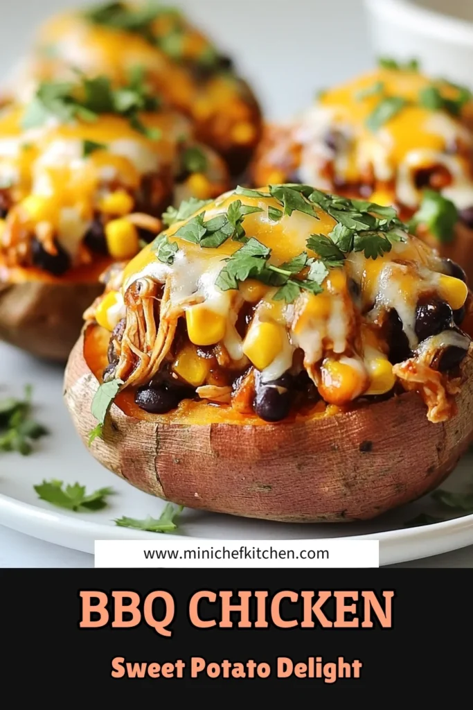 Savor the deliciousness of BBQ Chicken Stuffed Sweet Potatoes! This Healthy BBQ Chicken Recipe is perfect for easy weeknight meals. Packed with shredded chicken, BBQ sauce, corn, black beans, and cheese, it’s a satisfying option for dinner. Try out this Stuffed Sweet Potatoes Recipe that your whole family will love. Pin this for a nutritious and tasty meal idea! #BBQChickenStuffedSweetPotatoes #EasyWeeknightMeals #SweetPotatoDinnerIdeas #HealthyBBQChickenRecipe