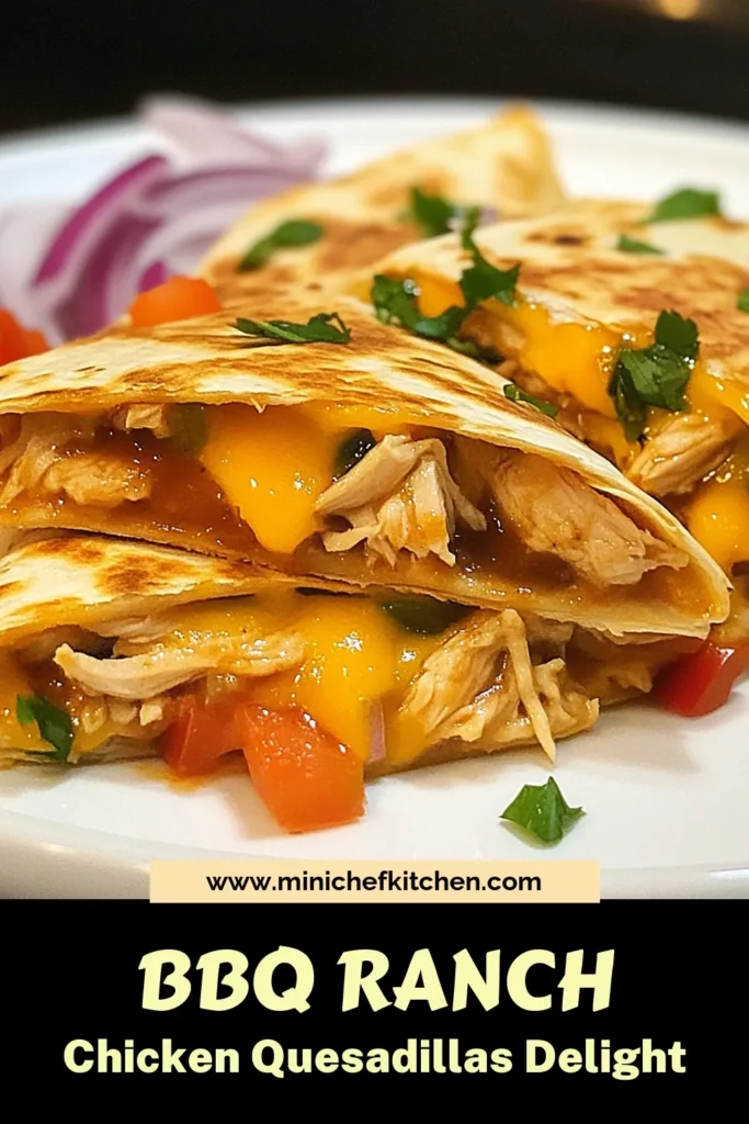Indulge in these BBQ Ranch Chicken Quesadillas, the perfect blend of flavors for a quick meal! This easy quesadilla recipe features shredded chicken tossed in a zesty BBQ ranch dip, making it a must-try ranch chicken recipe. Enjoy the creamy chicken quesadilla topped with melted cheese, colorful veggies, and more. Ready to impress your family? Click to discover this delicious BBQ chicken quesadillas recipe and save for later! #BBQChickenQuesadillas #EasyQuesadillaRecipe #RanchChickenRecipe #CreamyChickenQuesadilla