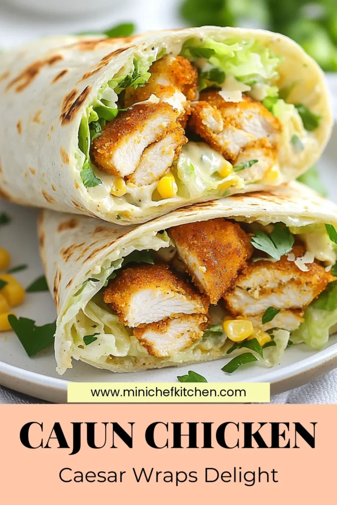Looking for a delicious and easy meal? Try these Cajun chicken wraps that combine the bold flavor of Cajun chicken with the freshness of a Caesar salad wrap recipe. Our grilled chicken tortillas are perfect for lunch or dinner and can be made in just 30 minutes. Drizzled with zesty Cajun Caesar dressing, these easy chicken wraps will become a family favorite. Save this recipe for a tasty twist on traditional wraps! #CajunChickenWraps #CaesarSaladWrapRecipe #EasyChickenWraps #GrilledChickenTortillas