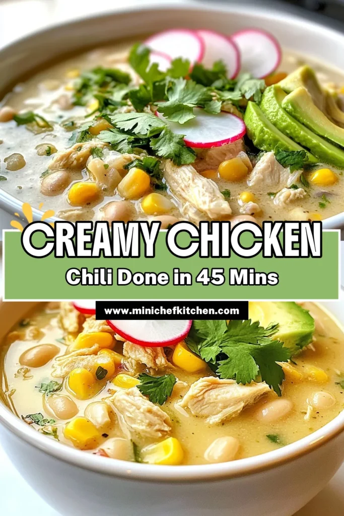 Warm up with this Creamy White Chicken Chili perfect for cozy nights! This Easy White Chicken Chili Recipe features tender chicken, flavorful spices, and a delightful kick from jalapeños. With the rich addition of cream cheese, this Chicken Chili with Cream Cheese is a game changer. Ready in just 45 minutes, it's a must-try White Bean Chili Recipe that will satisfy your spicy cravings. Click to discover the recipe and save it for later! #WhiteChickenChili #ChiliRecipe #ComfortFood #EasyDinner