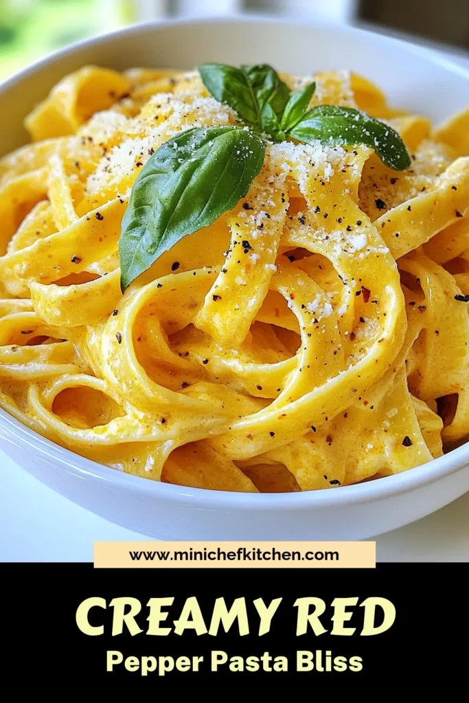Savor the delightful taste of creamy roasted red pepper pasta! This easy creamy pasta recipe features pasta with roasted red peppers and a rich, silky sauce that you can whip up in no time. Perfect as a vegetarian red pepper pasta dish, it’s sure to please everyone at the table. Try this creamy pasta sauce recipe today and elevate your dinner game. Save this recipe for a tasty weeknight meal! #CreamyPasta #VegetarianRecipes #EasyRecipes #PastaLovers