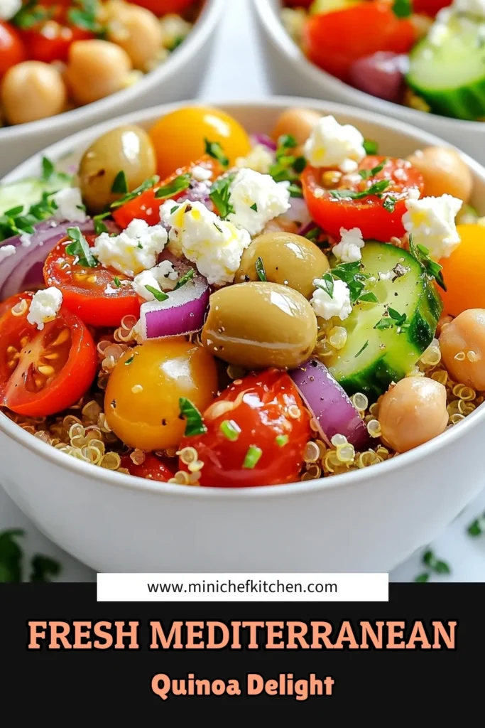 Discover a delicious and healthy Mediterranean quinoa salad that will become your go-to for meal prep! These vegan quinoa bowls are packed with fresh vegetables, chickpeas, and feta, making it one of the best healthy quinoa recipes for any occasion. Perfect for anyone following Mediterranean diet recipes. Try this chickpea salad recipe today and savor the vibrant flavors! Save this recipe and enjoy wholesome meals. #MediterraneanDiet #QuinoaSalad #HealthyRecipes #VeganBowls