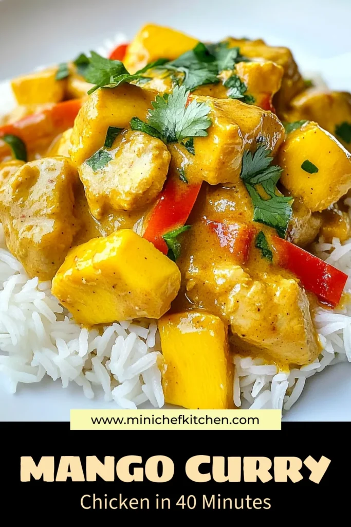 Discover the tropical flavors of Mango Curry Chicken, a delicious and easy chicken curry recipe perfect for weeknight dinners. This creamy coconut milk chicken recipe combines juicy mango, aromatic spices, and tender chicken for a healthy and vibrant meal. Ready in just 40 minutes, it's a delightful twist on your usual dinner routine. Save this delicious Mango Curry Chicken recipe and impress your family tonight! #MangoCurryChicken #EasyChickenCurry #TropicalChickenCurry #HealthyMangoRecipe