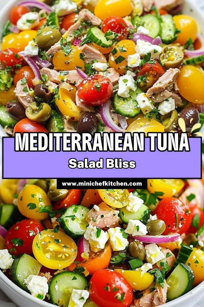 Discover the vibrant flavors of Mediterranean Tuna Salad, your go-to for healthy tuna recipes. This easy Mediterranean salad combines premium tuna, fresh veggies, and crumbled feta for a delicious twist. Perfect as a light meal or filling for crusty bread, it’s a refreshing choice any day. Try this fresh Mediterranean recipe and elevate your lunch game today! Save the pin for later! #MediterraneanTunaSalad #HealthyEating #TunaRecipes #EasySalads