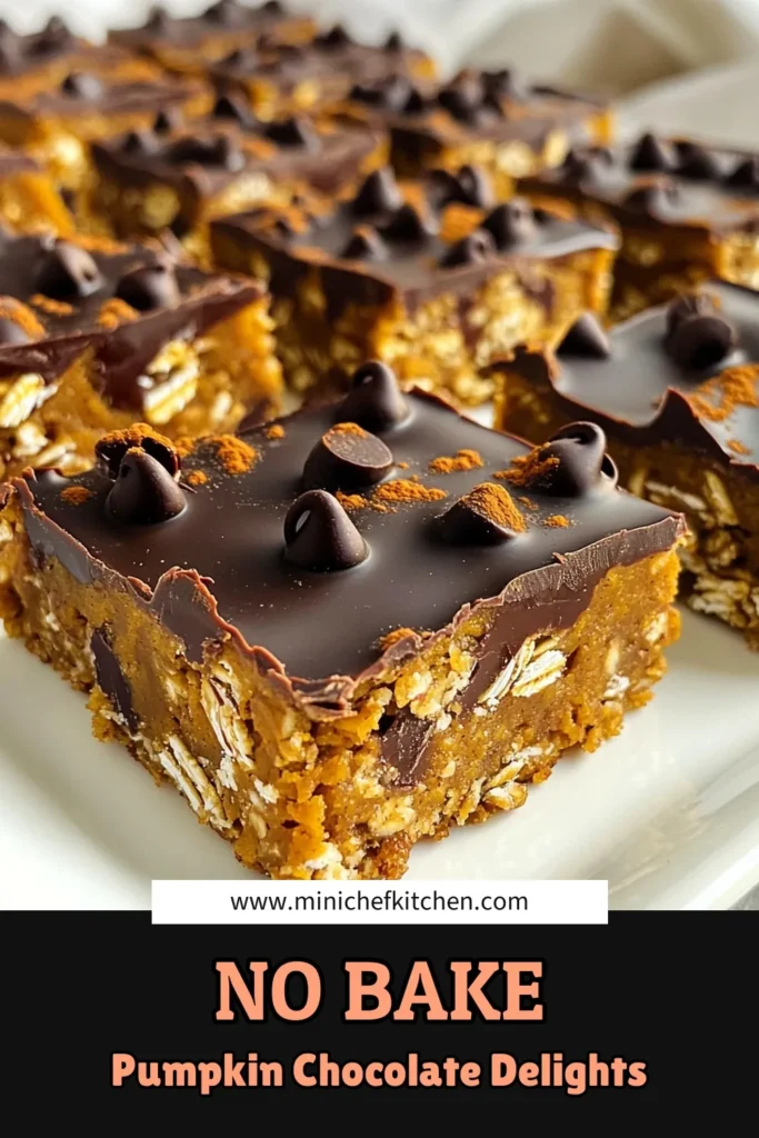 Indulge in these delicious No Bake Pumpkin Chocolate Oat Bars, perfect for a healthy treat! Made with rolled oats, pumpkin puree, and dark chocolate chips, these bars are simple to prepare and require no baking. Just mix, chill, and enjoy the tasty combination of flavors! Click through for the full recipe and step-by-step instructions to create this delightful snack. #PumpkinRecipes #NoBakeTreats #HealthySnacks #ChocolateLovers