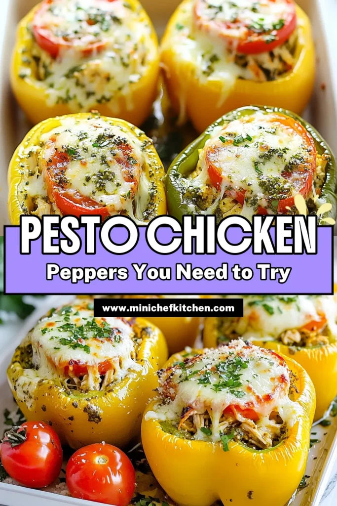 Discover the delightful recipe for pesto chicken stuffed peppers, a healthy stuffed peppers recipe that combines vibrant bell peppers, shredded rotisserie chicken, and nutritious quinoa for a delicious meal. Baked till tender, these stuffed bell peppers with quinoa are topped with gooey mozzarella and parmesan cheese. Perfect for a quick dinner, this dish is a must-try! Save this baked stuffed peppers recipe for your next family meal! #HealthyEating #StuffedPeppers #PestoChicken #EasyRecipes