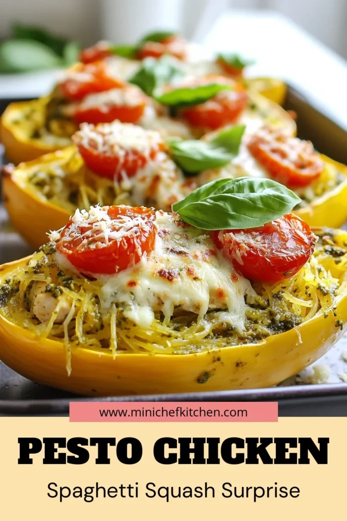 Discover a deliciously healthy twist on dinner with this pesto chicken spaghetti squash recipe! Perfect for anyone seeking low-carb meals, this stuffed spaghetti squash combines tender baked spaghetti squash with shredded chicken and zesty basil pesto. A fantastic choice for healthy spaghetti squash meals, this baked spaghetti squash with chicken is sure to impress. Save and try this wholesome dish today! #PestoChickenSpaghettiSquash #StuffedSpaghettiSquashRecipe #LowCarbMeals #HealthyEating