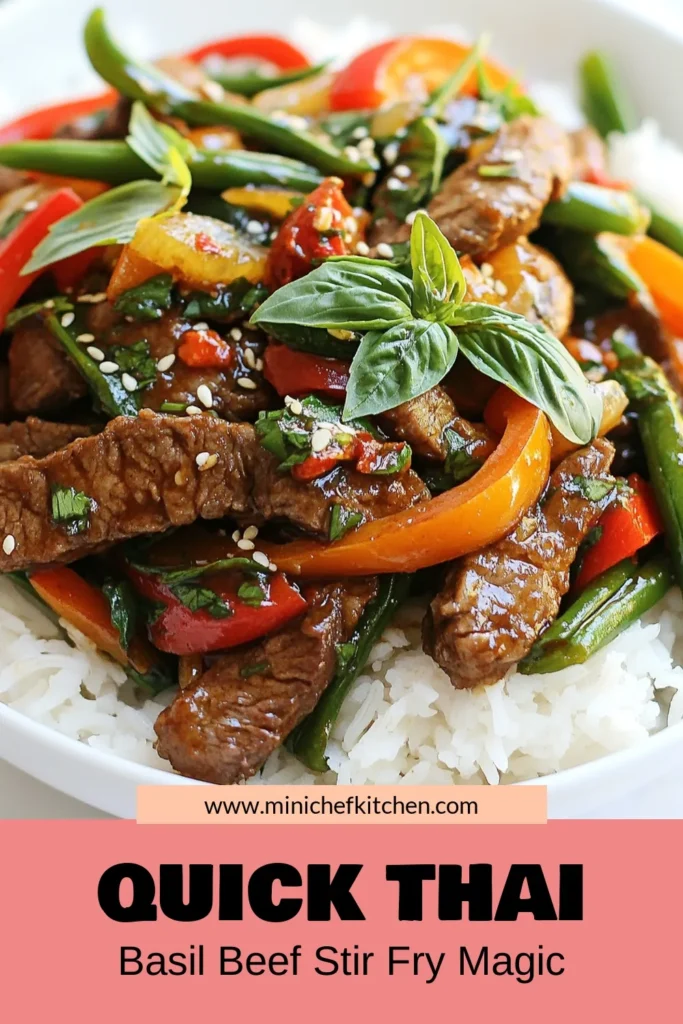 Looking for a quick Thai beef meal? Try this Thai basil beef stir fry recipe that combines tender beef sirloin with fresh vegetables and aromatic Thai basil for a delicious dinner in just 20 minutes. This beef stir fry with basil is perfect over jasmine rice, packed with flavor from garlic and savory sauces. Save this easy stir fry recipe for your next weeknight meal! #ThaiBasilBeef #BeefStirFryWithBasil #QuickThaiMeal #ThaiBeefStirFry