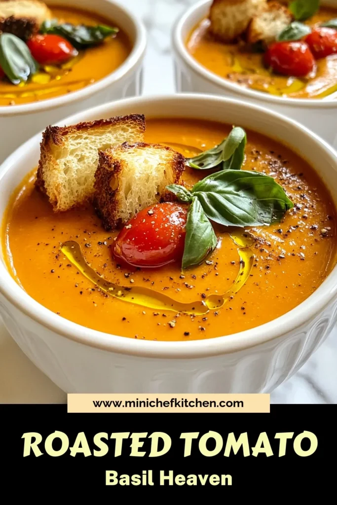Discover how to make a delicious, creamy roasted tomato basil soup with this easy tomato soup recipe! Using oven roasted tomatoes, this homemade vegetable soup is perfect for any occasion. With ripe tomatoes, fresh basil, and optional cream, you’ll love the rich flavors. Perfect for chilly days! Click to save this scrumptious roasted tomato basil soup recipe and enjoy a warm bowl today. #TomatoBasilSoup #EasySoupRecipe #HomemadeSoup #CreamyTomatoSoup