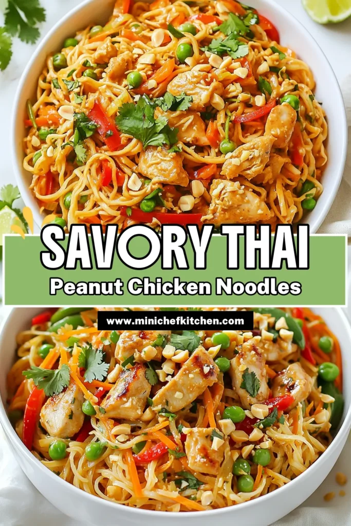 Discover the deliciousness of Thai Peanut Chicken Noodles—a perfect blend of tender chicken, crisp veggies, and creamy peanut sauce. This easy Thai recipe featuring rice noodles is not just flavorful but also a quick dinner idea for busy weeknights. Impress your family and friends with this hearty meal! Save this recipe for later and enjoy your kitchen adventures. #ThaiPeanutChickenNoodles #RiceNoodleRecipes #EasyThaiRecipes #QuickDinnerIdeas