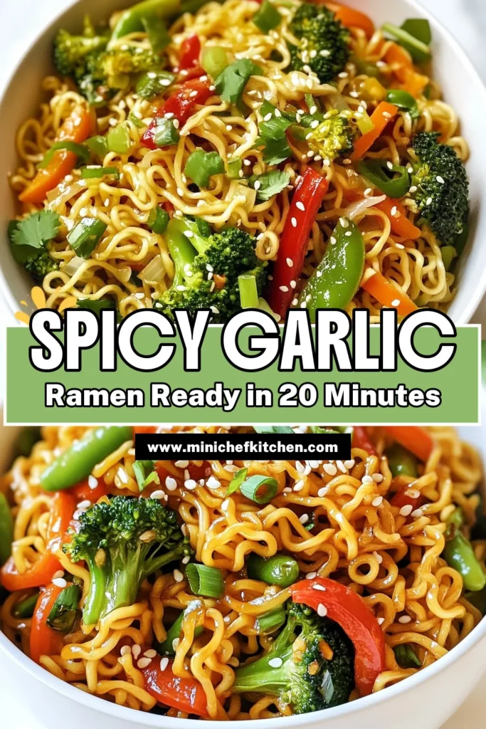Craving a quick spicy ramen recipe? Try this spicy garlic ramen stir fry that takes just 20 minutes to whip up. Packed with vibrant veggies, it's the perfect easy ramen noodle dinner. This ramen stir fry recipe features a delicious blend of garlic, ginger, and sriracha, making every bite a flavor explosion. Don't miss out on this vegetable stir fry with ramen—save this recipe and enjoy a meal full of spice and zest! #RamenStirFry #EasyDinner #SpicyGarlicRamen #QuickRecipe
