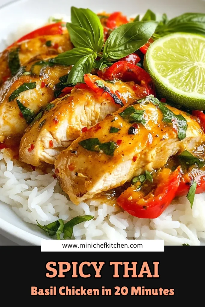 Discover the deliciousness of Spicy Thai Basil Chicken with this quick Thai chicken dinner that's perfect for any night of the week! This easy spicy chicken recipe combines tender chicken thighs, fresh Thai basil, and vibrant veggies in a mouthwatering stir fry. Ready in just 20 minutes, it pairs perfectly with jasmine rice. Save this simple Thai basil chicken recipe for your next meal and enjoy the bold flavors! #SpicyThaiBasilChicken #QuickDinner #EasyRecipes #StirFryChicken