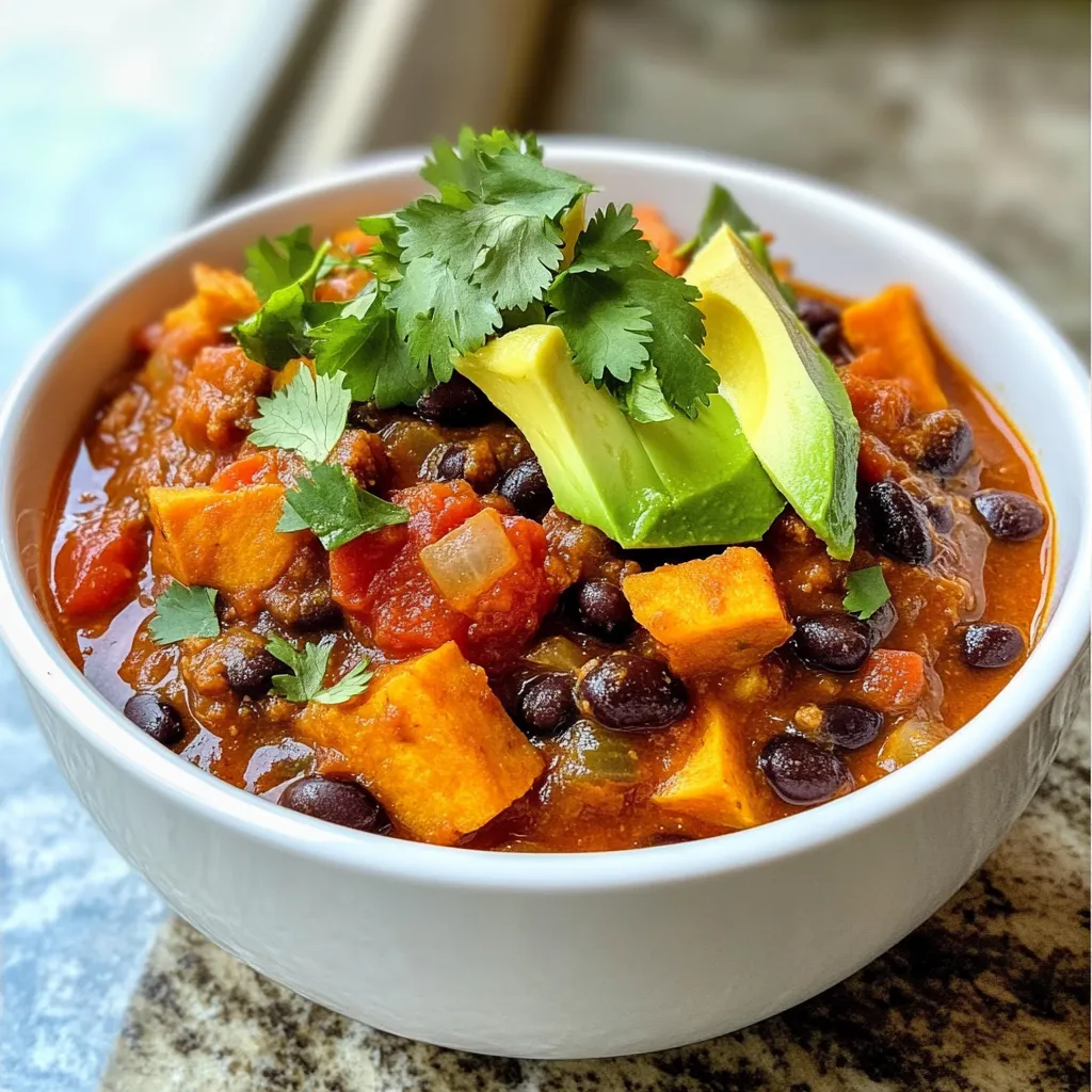 - 2 large sweet potatoes, peeled and cut into bite-sized cubes - 1 can (15 oz) black beans, thoroughly drained and rinsed - 1 can (14 oz) fire-roasted diced tomatoes, including juices - 1 medium onion, finely chopped - 3 cloves garlic, minced - 1 bell pepper (red or green), diced - 2 cups vegetable broth (homemade or store-bought) - 2 tablespoons extra virgin olive oil - 1 tablespoon chili powder - 1 teaspoon ground cumin - 1 teaspoon smoked paprika - Salt and freshly ground black pepper, to taste - Fresh cilantro, chopped (for garnish) - Creamy avocado slices (for topping) When picking sweet potatoes, look for firm ones. They should not have any soft spots. A smooth skin is best. Avoid potatoes with cuts or blemishes. The color should be vibrant, indicating freshness. If possible, choose organic sweet potatoes for better taste and health benefits. If using canned black beans, check the label for low sodium options. Rinse the beans well before use. This removes excess salt and can improve taste. Look for beans that are whole and not mushy. If using dried beans, soak them overnight for the best texture. Cook them until they are tender before adding to the chili. {{ingredient_image_2}} Start by heating the extra virgin olive oil in a large pot over medium heat. Once it glistens, add the finely chopped onion. Sauté the onion for about five minutes. You want it soft and translucent. Next, toss in the minced garlic and diced bell pepper. Stir this mix for two to three minutes. The aroma will fill your kitchen, and the bell pepper will soften a bit. This fragrant base sets the stage for your chili. Now, it's time for the sweet potatoes. Add the bite-sized cubes to the pot. Cook them for around five minutes, stirring occasionally. This process starts to soften them. Then, sprinkle in the chili powder, ground cumin, and smoked paprika. Don’t forget to add salt and freshly ground black pepper. Stir everything well to coat the sweet potatoes and vegetables in those spices. This step adds depth and flavor. Pour in the vegetable broth and the can of fire-roasted diced tomatoes, including their juices. Bring the mix to a gentle simmer. Once it bubbles, reduce the heat to low. Cover the pot with a lid and let it simmer for 20 to 25 minutes. You want the sweet potatoes to be fork-tender. After that, stir in the black beans and let the chili heat through for another five to ten minutes. Taste your chili and adjust the seasoning if needed. Serve hot, topped with fresh cilantro and creamy avocado slices. Enjoy the warm, hearty goodness of your sweet potato black bean chili! To boost the flavor of your chili, try these tips: - Use fresh spices. They add more depth. - Toast spices in the pot before adding veggies. This brings out their oils. - Add a splash of lime juice just before serving. It brightens the dish. - Top with creamy avocado slices. They bring a rich taste. Here are some mistakes to steer clear of: - Don’t skip the onion and garlic. They form a flavorful base. - Avoid overcooking sweet potatoes. They should be tender, not mushy. - Don’t forget to taste as you go. Adjust seasoning to your liking. - Skip the canned beans if you can. Dried beans need soaking and longer cooking time. To check if sweet potatoes are done, use these methods: - Use a fork. It should slide in easily. - Cut a piece in half. The inside should be soft and creamy. - If you’re unsure, taste a cube. It should be sweet and tender. Pro Tips Choose Sweet Potatoes Wisely: Look for firm, smooth-skinned sweet potatoes without any blemishes or soft spots for the best texture and flavor. Customize the Heat: Adjust the chili powder and add fresh jalapeños or cayenne pepper if you prefer a spicier chili. Make it Ahead: This chili tastes even better the next day! Make it ahead of time, refrigerate, and reheat to enhance the flavors. Top it Off: Experiment with toppings! Try adding shredded cheese, lime juice, or your favorite hot sauce for an extra kick. {{image_4}} If you want to switch up the protein in your chili, try using lentils or chickpeas. Both options add great texture. Lentils cook quickly and absorb the spices well. Chickpeas bring a nutty flavor and a nice bite. You can even add diced tofu for a plant-based protein boost. Just make sure to adjust the cooking time as needed. Want your chili to pack more heat? Add jalapeños or serrano peppers. You can chop them finely and sauté them with the onions. If you prefer less spice, use a bell pepper or omit them altogether. For a milder flavor, try adding a touch of smoked paprika. It gives a warm taste without the heat. This chili can easily fit your diet needs. To keep it vegetarian, the recipe already works great with veggie broth. For a vegan twist, ensure the vegetable broth and toppings are plant-based. You can use coconut yogurt instead of sour cream for a creamy topping. Let your taste guide you in these swaps, and enjoy the result! To store leftover Sweet Potato Black Bean Chili, let it cool first. Once cooled, transfer it to an airtight container. This keeps moisture and air out. Label the container with the date. Make sure to store it in the refrigerator. It is best to eat leftovers within three to four days. You can freeze this chili if you have more than you can eat. Use freezer-safe containers. Leave some space at the top, as the chili expands when frozen. It can last in the freezer for up to three months. When ready to eat, thaw it overnight in the fridge. Reheat it on the stove over medium heat, stirring often. You can also use a microwave for quick reheating. Just cover it to keep moisture in. Homemade Sweet Potato Black Bean Chili lasts about three to four days in the fridge. If frozen, it stays good for about three months. Always check for signs of spoilage before eating. Look for off smells or changes in color. If it looks or smells bad, throw it away. Enjoy your chili fresh to get the best flavors! Yes, you can use fresh tomatoes in this chili. Fresh tomatoes can add bright flavor. Use about 4-5 medium ripe tomatoes. Chop them and add them at the same time you would add canned tomatoes. Just remember to adjust the cooking time. Fresh tomatoes may need a bit longer to break down and blend with the other ingredients. This recipe is mostly gluten-free already. Ensure your vegetable broth is gluten-free. Some brands may add gluten. Also, check your spices for any hidden gluten. If you keep these in mind, you can enjoy this dish without worry. There are many tasty sides to pair with this chili. Here are a few ideas: - Cornbread: Soft, sweet cornbread complements the chili well. - Rice: Serve it over brown or white rice for a filling meal. - Salad: A fresh green salad adds crispness and balances the chili's warmth. - Tortilla chips: Crunchy chips are great for dipping in the chili. These sides will enhance your meal and make it even more enjoyable. This blog post covered everything you need for a delicious Sweet Potato Black Bean Chili. We discussed key ingredients, tips for selecting quality produce, and the step-by-step cooking process. I also shared best practices to avoid common mistakes and enhance flavors. You learned about variations, storage tips, and answered common questions. In essence, this chili is versatile, tasty, and easy to make. With these tools, you can create a warming meal any day. Enjoy your cooking journey!