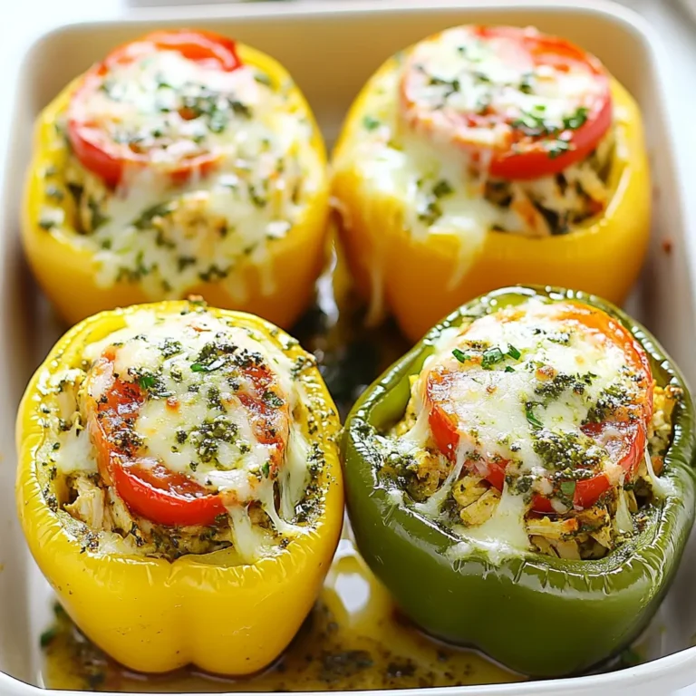 To make tasty pesto chicken stuffed peppers, gather these simple ingredients: - 4 large bell peppers - 2 cups cooked shredded chicken - 1 cup fresh basil pesto - 1 cup cooked quinoa or rice - 1 cup cherry tomatoes, halved - 1/2 cup mozzarella cheese, grated - 1/4 cup parmesan cheese, grated - Salt and pepper to taste - Olive oil for drizzling Choosing the right bell peppers makes a big difference. I like to pick colorful ones, like red, yellow, and green. They add fun to the dish and a burst of flavor. For the chicken, you can use rotisserie chicken to save time. Fresh basil pesto gives the best taste, but store-bought works too. Quinoa or rice acts as a great base, adding texture and nutrients. Cherry tomatoes bring freshness and sweetness. Mozzarella and parmesan cheese make everything creamy and delicious. Don’t forget to season with salt and pepper for that perfect taste. Finally, a drizzle of olive oil helps the peppers cook well and adds flavor. {{ingredient_image_2}} - Preheat the oven to 375°F (190°C). - Prepare the bell peppers. Slice off the tops and remove the seeds. Set them aside. - In a large bowl, combine the cooked chicken, pesto, quinoa, cherry tomatoes, half of the mozzarella, and parmesan. - Add salt and pepper to taste. Mix well to blend the flavors. - Stuff each bell pepper with this tasty chicken mixture. Press it down gently for even filling. - Place the stuffed peppers upright in a baking dish. Drizzle olive oil on top to keep them moist. - Cover the dish with foil and bake for about 25 minutes. This helps the peppers soften. - After 25 minutes, take off the foil. Add the remaining mozzarella on top of the peppers. - Bake uncovered for another 10 to 15 minutes. Look for the cheese to melt and turn golden. - Once done, let the peppers cool for a few minutes before serving. - Choosing the right bell peppers: Look for large, firm peppers without blemishes. Red, yellow, and green varieties each add unique flavors. Pick your favorites to add color and taste to your dish. - Ensuring even cooking: Cut the tops off the peppers evenly. This helps them cook uniformly. Pack the filling tightly to avoid gaps that can lead to uneven cooking. - Additional spices or herbs: Try adding garlic powder, onion powder, or Italian seasoning for extra depth. Fresh herbs like parsley or oregano can brighten the dish too. - Alternatives for pesto: If you want a twist, switch basil pesto for sun-dried tomato pesto or spinach pesto. Each option brings a new layer of taste. - Serving suggestions: Place the stuffed peppers on a colorful platter. This adds visual appeal and invites your guests to dig in. - Garnishing tips: Top each pepper with fresh basil leaves. You can also drizzle extra pesto around the platter. This adds flair and highlights the dish's flavors. Pro Tips Choose Your Peppers: Select a mix of bell pepper colors for a visually appealing dish and added flavor depth. Make It Ahead: Prepare the stuffing and fill the peppers a day in advance, then bake just before serving for a quick weeknight meal. Customize the Filling: Feel free to add other vegetables, such as spinach or zucchini, to the filling for extra nutrition and taste. Check Doneness: Ensure the peppers are tender by poking them with a fork; they should easily yield without breaking apart. {{image_4}} You can easily change the protein in your stuffed peppers. Try turkey, beef, or even plant-based meats. Turkey gives a lean option full of flavor. Ground beef adds richness and depth. If you want a vegetarian choice, use tofu or tempeh. These options work well with the pesto and keep the dish tasty. Grains are key in stuffed peppers. If you want to switch it up, use rice, couscous, or farro instead of quinoa. Rice is a classic choice and easy to find. Couscous cooks fast and adds a nice texture. Farro gives a nutty flavor and chewy bite. Each grain brings its own twist to the dish. Want to make this dish vegetarian or vegan? Replace the chicken with hearty veggies like mushrooms, spinach, or lentils. You can also use chickpeas for protein. For a vegan cheese option, try nut-based cheeses. These swaps keep the flavor bold and satisfying without meat. To keep your pesto chicken stuffed peppers fresh, refrigerate them. Place the peppers in an airtight container. They can last up to four days. If you have leftovers, you can freeze them! Wrap each stuffed pepper tightly in plastic wrap. Then, place them in a freezer bag. They will stay good for about three months. When it comes to reheating, you have options. You can use a microwave or an oven. If you choose the microwave, place the pepper on a microwave-safe plate. Heat for about two minutes, checking for warmth. The oven method takes longer but keeps the texture better. Preheat your oven to 350°F (175°C). Place the peppers in a baking dish and cover with foil. Heat for 15-20 minutes, until hot. Always check that your cheese melts nicely and the filling is warm. Enjoy your delicious meal again! To make homemade pesto, gather fresh basil, garlic, pine nuts, parmesan cheese, and olive oil. You will need about 2 cups of fresh basil, 2 cloves of garlic, 1/4 cup of pine nuts, 1/2 cup of grated parmesan, and 1/2 cup of olive oil. Blend these ingredients in a food processor until smooth. Add salt and pepper to taste. This fresh sauce adds a bright flavor to many dishes, including your stuffed peppers. Yes, you can prepare stuffed peppers ahead of time. You can assemble them and keep them in the fridge for up to 24 hours. Cover them tightly with plastic wrap or foil. When you're ready to bake them, just remove the cover and bake as directed. This makes meal prep easy and quick for busy days. Pesto chicken stuffed peppers pair well with many sides. Try a light salad with mixed greens and a simple vinaigrette. Garlic bread is another tasty option. You can also serve them with a side of roasted vegetables or a warm quinoa salad. These sides will complement the flavors in the peppers. Yes, stuffed peppers are quite healthy. They are low in calories and high in nutrients. Each pepper provides vitamins A and C, fiber, and protein. Here's a quick look at the nutritional information for one stuffed pepper: - Calories: 320 - Protein: 25g - Carbohydrates: 30g - Fiber: 6g - Fat: 15g Using chicken, quinoa, and veggies makes this dish both filling and nutritious. Enjoy the health benefits while savoring the delicious flavors! In this post, we explored tasty stuffed peppers, including all the necessary ingredients and steps. We discussed tips for cooking and variations for everyone's taste. You can even personalize it with different proteins or grains. Remember to store any leftovers properly for future meals. Stuffed peppers are not only delicious but also healthy. Try these ideas, and enjoy creating your own delicious versions of this dish!