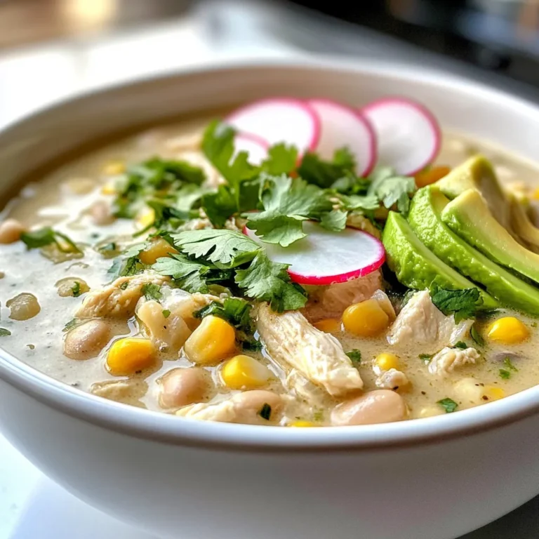 - 1 lb boneless, skinless chicken breast, diced into bite-sized pieces - 1 tablespoon olive oil - 1 medium onion, finely chopped - 3 cloves garlic, minced - 1 jalapeño pepper, seeded and finely diced - 2 cans (15 oz each) white beans (cannellini or great northern), drained and rinsed thoroughly - 4 cups chicken broth (preferably low sodium) - 1 teaspoon ground cumin - 1 teaspoon ground coriander - 1 teaspoon smoked paprika - ½ teaspoon salt (adjust to taste) - ¼ teaspoon freshly cracked black pepper - ½ cup cream cheese, softened to room temperature - 1 cup corn kernels (fresh, frozen, or canned, drained if canned) - Juice of 1 lime - Fresh cilantro leaves, for garnish - Sliced radishes and ripe avocado, for topping - Cream Cheese - Fresh Herbs - Avocado - Large pot - Chopping knife - Stirring spoon In this recipe for white chicken chili, you need key ingredients. The chicken gives the chili its heartiness. The beans add texture and protein. Broth adds depth and flavor. Spices like cumin and paprika create warmth and zest. For toppings, cream cheese adds creaminess. Fresh herbs like cilantro brighten the dish. Sliced avocado gives a cool, creamy bite. You can use any of these to make your chili more special. To cook, you’ll need a large pot to hold everything. A chopping knife helps you prep the veggies. A stirring spoon is key for mixing your chili as it cooks. This simple setup makes cooking easy and fun. {{ingredient_image_2}} Start by heating the olive oil in a large pot over medium heat. Once hot, add the finely chopped onion. Sauté the onion for about 5 minutes. It should turn soft and translucent. Next, add the minced garlic and diced jalapeño. Stir well and cook for 2 more minutes. You want the mix to smell great and the garlic to turn a light golden. Now, it’s time for the chicken. Add the diced chicken breast to the pot. Cook it, stirring often, for 6 to 8 minutes. You want to see the chicken turn white and no longer pink inside. This step is key for a tasty chili. Once the chicken is ready, mix in the drained white beans and chicken broth. Add the ground cumin, ground coriander, smoked paprika, salt, and black pepper. Stir everything well and bring the mixture to a gentle simmer. Reduce the heat to low and let it simmer for about 20 minutes. This allows all the great flavors to blend together. After 20 minutes, stir in the softened cream cheese and corn. Simmer for 5 more minutes. The cream cheese should melt and mix into the chili. Finally, squeeze in the juice of one lime and stir well. Choosing the right spice levels is key. Start with mild spices. You can always add more heat later. If you like it spicy, add more jalapeño. For a milder version, skip the jalapeño or use less. For a creamy consistency, cream cheese is great. Make sure it’s soft before adding. Stir it in slowly to blend well. You can also use sour cream for a tangy twist. To add more depth, try extra spices. A pinch of cayenne can boost the heat. You can also add a dash of oregano for earthiness. Fresh herbs like cilantro add brightness too. Simmering time matters. A longer simmer lets flavors blend. Aim for at least 20 minutes. This makes your chili taste even better. For sides, cornbread pairs well with chili. A fresh salad can balance the meal too. You can also serve it with tortilla chips for a crunchy bite. For a stunning presentation, garnish with cilantro and radishes. Sliced avocado adds color and creaminess. Serve hot in a nice bowl to impress your guests. Pro Tips Use Rotisserie Chicken: For a quicker option, you can substitute diced chicken breast with shredded rotisserie chicken. This saves cooking time and adds a delicious depth of flavor. Adjust the Heat: If you prefer a milder chili, skip the jalapeño or remove the seeds to reduce the spice level. Conversely, add more jalapeños or a dash of cayenne pepper for an extra kick. Fresh Herbs Matter: Garnishing with fresh cilantro not only enhances the flavor but also adds a vibrant color. Try adding other herbs like parsley or green onions for a fresh twist. Make It Ahead: This chili tastes even better the next day! Prepare it a day in advance and store it in the fridge. Reheat gently before serving to allow the flavors to meld beautifully. {{image_4}} You can easily change the protein in white chicken chili. Try using ground turkey or pork instead of chicken. They both add great flavor. If you want a vegan version, swap the chicken for tofu or tempeh. Use vegetable broth instead of chicken broth for a full vegan meal. You can also try chickpeas for added protein and texture. For a Mexican twist, add some diced tomatoes and chipotle peppers. These ingredients give a deep, smoky flavor. You can also add lime zest for brightness. If you prefer a Southwest style, top your chili with shredded cheese, crunchy tortilla strips, and fresh jalapeños. This adds texture and makes it even more fun to eat. White chicken chili is super versatile. You can serve it stuffed in warm tortillas for a tasty wrap. This makes it easy to eat while on the go. Another fun way is to serve it as a dip. Just place it in a bowl and offer tortilla chips on the side. Both styles let you enjoy this chili in unique and tasty ways. To keep your white chicken chili fresh, place it in a sealed container. Make sure it cools down first. Store it in the fridge for up to four days. If you want to keep it longer, you can freeze it. Use a freezer-safe container or a zip-top bag. It stays good in the freezer for about three months. When you’re ready to eat, there are a few good ways to heat it up. You can use the stove. Just pour the chili into a pot and heat it on low. Stir it often to keep it from sticking. You can also use the microwave. Heat it in short bursts, stirring in between. This helps keep the texture nice and creamy. In the fridge, your chili lasts about four days. After that, it might spoil. Watch for signs of spoilage, like a sour smell or mold. If it smells off or looks strange, it's best to toss it out. Always trust your nose and eyes when checking food! Yes, you can use canned chicken. It can save time and effort. Canned chicken is already cooked. This means you will not need to worry about cooking it thoroughly. However, canned chicken may lack flavor compared to fresh. You might want to season it more to boost the taste. Also, fresh chicken tends to give a better texture. If you choose canned, look for low sodium options for a healthier dish. If you need a substitute for cream cheese, try these options: - Sour cream - Greek yogurt - Silken tofu - Nutritional yeast (for a cheesy flavor without dairy) These alternatives can help make the chili lighter or dairy-free. Each option adds a unique flavor and texture. Just keep in mind that they may alter the taste slightly. White chicken chili can be mild or spicy based on your taste. The main ingredient for heat is jalapeño. You can adjust the spice level by: - Adding more or less jalapeño - Using a milder pepper, like a green bell pepper - Adding hot sauce for extra heat Taste as you cook, and adjust until it’s just right for you! White chicken chili is a simple dish that packs a lot of flavors. This blog shared key ingredients like chicken, beans, and spices, along with helpful tips. You learned about cooking techniques, serving suggestions, and variations to make it your own. As you try these recipes, remember that every ingredient plays a role in the taste. Enjoy your cooking, and don’t forget to experiment with new flavors to find what you love!