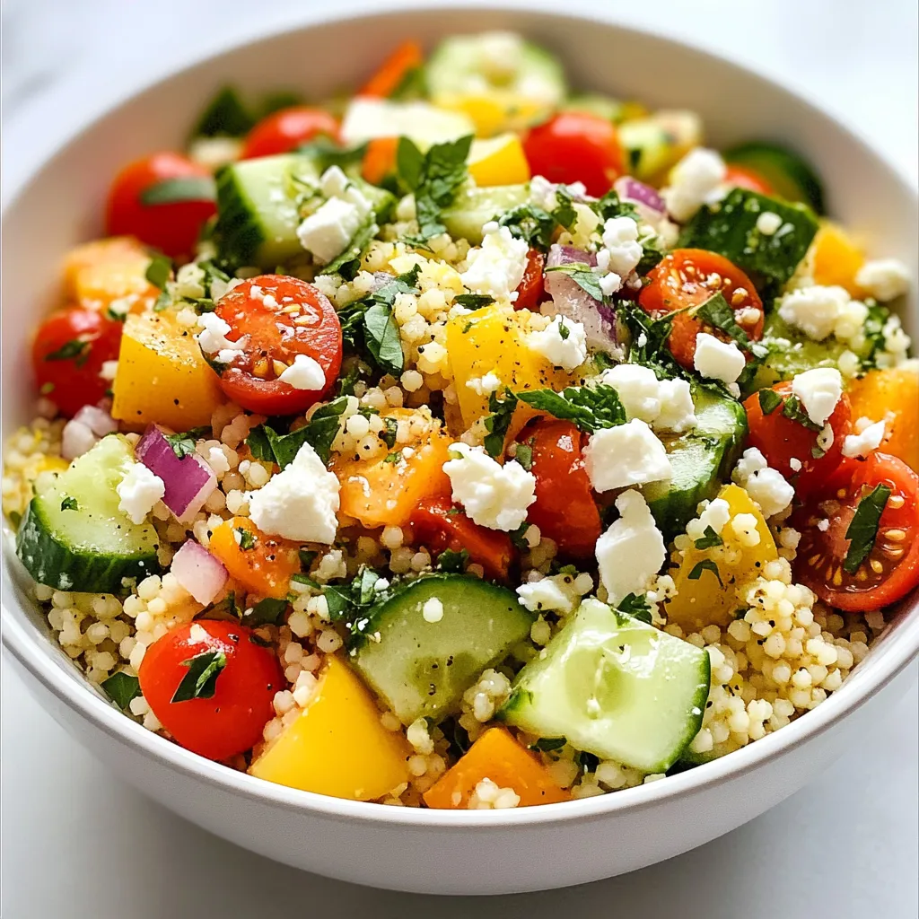 - 1 cup couscous - 1 1/4 cups vegetable broth - 1 cup cherry tomatoes, halved - 1 cucumber, diced - 1/2 red bell pepper, diced - 1/4 red onion, finely chopped - 1/4 cup fresh parsley, chopped - 1/4 cup fresh mint, chopped - 1/4 cup feta cheese, crumbled - 3 tablespoons extra virgin olive oil - 2 tablespoons freshly squeezed lemon juice - Salt and freshly ground black pepper to taste This recipe serves four people. You will need the following measurements: - Couscous: 1 cup - Vegetable broth: 1 1/4 cups - Cherry tomatoes: 1 cup - Cucumber: 1 medium - Red bell pepper: 1/2 - Red onion: 1/4 - Fresh parsley: 1/4 cup - Fresh mint: 1/4 cup - Feta cheese: 1/4 cup - Extra virgin olive oil: 3 tablespoons - Fresh lemon juice: 2 tablespoons - Salt and pepper: to taste Each ingredient plays a key role in creating a bright and fresh flavor profile. The couscous serves as a light base, while the veggies add crunch and color. Fresh herbs provide a burst of brightness. The feta adds creaminess, making the salad rich and satisfying. The dressing combines olive oil and lemon juice, creating a zesty finish. You'll love the balance of flavors in each bite! {{ingredient_image_2}} 1. First, get a medium saucepan and pour in 1 1/4 cups of vegetable broth. Heat it on medium-high until it boils. 2. Once it bubbles, take the saucepan off the heat. Carefully add 1 cup of couscous. Stir it quickly so all the grains are covered in broth. 3. Cover the saucepan tightly with a lid. Let it sit for 5 minutes. This helps the couscous soak up all the broth. 4. After 5 minutes, use a fork to fluff the couscous. This separates any clumps. Transfer the fluffy couscous to a plate or bowl. Let it cool to room temperature. 1. In a large mixing bowl, combine the cooled couscous with 1 cup of halved cherry tomatoes, 1 diced cucumber, 1/2 diced red bell pepper, and 1/4 finely chopped red onion. Mix these gently to combine. 2. Next, fold in 1/4 cup of chopped fresh parsley and 1/4 cup of chopped fresh mint. Make sure the herbs spread evenly throughout the salad. 3. In a small bowl, whisk together 3 tablespoons of extra virgin olive oil, 2 tablespoons of freshly squeezed lemon juice, and a pinch of salt and pepper. This is your zesty dressing. 1. Drizzle the dressing over the couscous salad. Use a spatula to toss everything gently. Ensure that all ingredients get coated in the dressing. 2. Before serving, sprinkle 1/4 cup of crumbled feta cheese evenly over the top. Give it one last gentle toss to incorporate the cheese without breaking it down too much. 3. For a beautiful presentation, serve the salad in a large bowl. Garnish with extra lemon wedges and a sprinkle of fresh herbs. Enjoy it chilled or at room temperature! To ensure your couscous cooks perfectly, start with the right liquid. Use vegetable broth for rich flavor. Bring it to a boil, and then add the couscous. Remove it from heat and let it sit covered for 5 minutes. This helps the couscous absorb all the broth. After 5 minutes, fluff it with a fork to break up clumps. Cooling couscous can be easy. Spread it out on a plate to cool quickly. You can also place it in the fridge for about 10 minutes. The goal is to reach room temperature before mixing in other ingredients. Adjusting seasonings can elevate your couscous salad. Start with salt and pepper, then taste. You can add more lemon juice for brightness or a dash of garlic powder for depth. If you want to try new herbs or spices, consider adding dill or basil. These fresh herbs can add different flavor notes. For a spicy kick, a pinch of red pepper flakes will work well. Serving your salad beautifully makes it more appealing. Use a large, colorful bowl to show off the vibrant ingredients. You can layer the salad for a stunning effect, starting with couscous and topping with veggies. Garnishing options can enhance both flavor and color. Add extra lemon wedges around the bowl. Fresh herbs like parsley or mint on top add a nice touch. A sprinkle of extra feta cheese also looks great and tastes delicious. Pro Tips Use High-Quality Broth: The flavor of your salad largely depends on the broth you use. Opt for a good-quality vegetable broth for enhanced taste. Chill Before Serving: Allow the salad to chill in the refrigerator for at least 30 minutes before serving. This helps the flavors meld beautifully. Customize Your Veggies: Feel free to swap out or add any veggies you love. Bell peppers, radishes, or even roasted vegetables can add unique flavors. Fresh Herbs Matter: Always use fresh herbs instead of dried for the best flavor. They provide a vibrant, aromatic quality that dried herbs can’t match. {{image_4}} You can modify this salad to fit your needs. If you want a gluten-free option, try using quinoa or rice instead of couscous. Both grains provide great texture and taste. For those avoiding dairy, simply skip the feta cheese. You can also use vegan cheese as a tasty alternative. Adding protein is a great way to make this salad heartier. You can mix in cooked chicken, chickpeas, or tofu. Each adds a unique flavor and boosts the nutrition. If you're looking to change up the dressing, consider using balsamic vinaigrette or tahini dressing. Both options bring a new twist to the classic lemony taste. You can easily adjust this salad for the seasons. In spring and summer, add fresh veggies like asparagus or snap peas. In fall and winter, try incorporating roasted vegetables like squash or sweet potatoes. You can even make a warm couscous salad by tossing in roasted veggies. This adds warmth and heartiness, perfect for cooler days. To store leftover salad, place it in an airtight container. This keeps the flavors fresh. The salad will last for about 3 days in the fridge. Be sure to add the feta cheese right before serving. This keeps it from getting soggy. Couscous salad does not freeze well. Freezing changes the texture of the vegetables and herbs. If you must freeze it, consider freezing just the couscous. Thaw it overnight in the fridge before using. You do not need to reheat this salad. It tastes best served cold or at room temperature. If you prefer warm couscous, warm it gently on the stove. Add a little olive oil to keep it moist. Avoid overheating, as this can change the flavor and texture. Making Lemon Herb Couscous Salad is quick and easy. You need about 15 minutes for prep. Cooking the couscous takes around 5 minutes. In total, it takes about 30 minutes from start to finish. This means you can serve a fresh salad in no time. Yes, you can make this salad in advance. It stores well in the fridge. Prepare the salad a few hours ahead of time. This allows the flavors to blend nicely. Just be sure to keep the feta cheese separate until serving. This keeps it fresh and crumbly. Avoid overcooking the couscous. This can make it mushy. Always fluff it gently after cooking. Use a fork, not a spoon, to separate clumps. Be careful with the salt in your dressing. Taste as you go to avoid over-seasoning. Also, chop your veggies evenly. This ensures a nice mix of flavors in every bite. This blog post covered how to make a tasty Lemon Herb Couscous Salad. We looked at key ingredients like fresh veggies, herbs, and feta. I shared step-by-step instructions for cooking the couscous and mixing the salad. You saw helpful tips for flavor and presentation. For lasting enjoyment, remember proper storage methods. With these insights, you can create a flavorful dish, perfect for any meal. Enjoy making this salad and impress your friends and family!