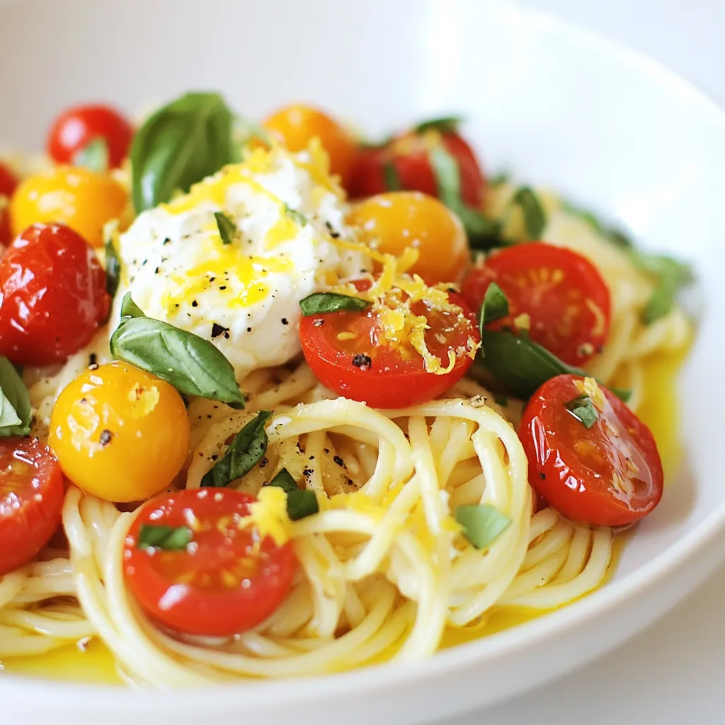 To make this tasty dish, gather these key ingredients: - 300g pasta (linguine or spaghetti) - 500g cherry tomatoes, halved - 250g fresh burrata cheese - 3 cloves garlic, minced - 3 tablespoons extra-virgin olive oil - 1 teaspoon red pepper flakes (adjust to taste) - Salt and freshly ground black pepper to taste - Fresh basil leaves, for garnish - Zest of 1 lemon These ingredients create a fresh and vibrant meal. The cherry tomatoes bring sweetness, while the burrata adds creaminess. You can add a few extra ingredients for more flavor: - Grated Parmesan cheese for a salty kick - Red onion, thinly sliced, for a sharp taste - Spinach, wilted in the pan, for extra greens - Capers for a briny touch - Prosciutto, crispy and crumbled, for a savory crunch These ingredients can elevate the dish, making it even more exciting. To prepare this dish, you'll need some basic tools: - A large pot for boiling pasta - A large skillet for sautéing - A colander for draining pasta - A cutting board and chef's knife for chopping - Tongs for serving Having the right tools makes cooking easier and more enjoyable. Enjoy the process of creating this delicious meal! {{ingredient_image_2}} Start by boiling a large pot of salted water. Once the water boils, add 300g of pasta. I like using linguine or spaghetti. Cook it according to the package directions until it’s al dente. Before you drain it, save about 1 cup of that pasta water. This water helps make a creamy sauce later. After saving the water, drain the rest and put the pasta back in the pot. Now, let’s make the sauce. Grab a large skillet and heat 3 tablespoons of extra-virgin olive oil over medium heat. When the oil shimmers, add 3 cloves of minced garlic. Sauté for about 30 seconds. You want it fragrant and golden, not burnt. Burnt garlic tastes bad. Next, add 500g of halved cherry tomatoes to the skillet. Season them with salt, pepper, and 1 teaspoon of red pepper flakes. Cook for 5-7 minutes, stirring often. The tomatoes should soften and burst, releasing their sweet juices. It’s time to mix! Return the cooked pasta to the skillet with the tomatoes. Toss everything together well. Gradually add the reserved pasta water, a little at a time. This will help create a silky sauce that coats the pasta. Cook for another 1-2 minutes to heat everything through. This is where the magic happens! Your pasta will be full of flavor and ready for the next step. To cook pasta just right, start with a large pot of salted water. Bring it to a rolling boil. Add the pasta and stir it. Follow the package time for cooking. I always check if it's al dente, meaning it’s firm to the bite. Before draining, save about 1 cup of that starchy water. This water helps the sauce stick to the pasta later. Fresh ingredients make this dish sing. Use ripe cherry tomatoes; they burst with flavor. I like to add fresh garlic for that aromatic touch. Don’t skip the lemon zest! It adds a bright note. Fresh basil leaves also bring a lovely herbal taste. You can use a good quality olive oil for richness. If you enjoy heat, adjust the red pepper flakes to your liking. Serving this dish well makes it even more appealing. I recommend using shallow bowls. Place the pasta in the center and top with torn burrata. The creamy cheese looks beautiful and adds a nice contrast. Finish it off with a sprinkle of lemon zest and fresh basil. A light drizzle of olive oil adds shine and flavor. The colors should pop and invite everyone to dig in! Pro Tips Use Seasonal Tomatoes: Opt for the ripest cherry tomatoes you can find, as they will enhance the flavor of the dish significantly. If it's tomato season, consider using heirloom varieties for a burst of different flavors. Perfect Pasta Cooking: Always cook your pasta until al dente for the best texture. Remember to reserve some pasta water before draining; it helps to create a silky sauce that clings to the pasta. Enhance with Fresh Herbs: Don't skimp on the fresh basil! It adds a fragrant touch that elevates the dish. You can also experiment with other herbs like oregano or mint for a different flavor profile. Serving Temperature: Serve the pasta warm but not boiling hot to allow the burrata to soften slightly without melting completely. This creates a delightful creaminess that enhances the overall experience. {{image_4}} You can easily make this dish vegetarian by using only plant-based ingredients. Instead of burrata, try using cashew cheese or tofu. These options still offer creaminess but keep the dish dairy-free. You can also add more vegetables like spinach or zucchini for extra flavor and nutrients. Feel free to swap in different ingredients to change the taste. Instead of cherry tomatoes, use sundried tomatoes for a richer flavor. You could also try using whole wheat pasta for more fiber. If you want a hint of sweetness, add roasted red peppers. For a more savory taste, include olives or capers. Using seasonal produce makes this dish even better. In spring, try adding asparagus or peas. In summer, mix in fresh corn or bell peppers. Fall brings great options like butternut squash or roasted pumpkin. Each season offers unique flavors that can brighten your pasta dish. You can adapt this recipe to fit any fresh ingredient you find at your local market. To store leftover Cherry Tomato Burrata Pasta, let it cool first. Place it in an airtight container. This keeps the pasta fresh for up to three days in the fridge. Be sure to seal it tight to avoid drying out. For reheating, I suggest using a skillet. Add a splash of water or olive oil to the pan. Heat on medium-low and stir gently. This method warms the pasta evenly and keeps it moist. You can also use the microwave. Just cover the dish with a damp paper towel to trap steam. You can freeze Cherry Tomato Burrata Pasta too. First, cool it completely. Spoon it into freezer-safe bags or containers. Squeeze out the air before sealing. It will stay good for up to two months. When ready to eat, thaw it in the fridge overnight and reheat as mentioned above. Yes, you can prepare this dish ahead of time. Cook the pasta and sauce separately. Store them in the fridge for up to two days. When ready to serve, heat the sauce and toss it with the pasta. Add the burrata just before serving for the best taste. I recommend using linguine or spaghetti for this recipe. Both types hold sauce well and complement the creamy burrata. If you want a different texture, try penne or fusilli. Just make sure to adjust the cooking time according to the package directions. To adjust the spice level, simply change the amount of red pepper flakes. For a mild dish, use less or skip them altogether. If you love heat, add more flakes or spicy oil. Taste as you go to find your perfect balance. This dish is simple and fun to make. We covered the key ingredients and tools needed for cherry tomato burrata pasta. The step-by-step guide showed you how to cook without fuss. I shared tips for flavor and presentation to impress anyone. You can also mix it up with variations and smart storage methods. Now you can enjoy tasty meals anytime. Use what you learned to create and have fun in the kitchen!