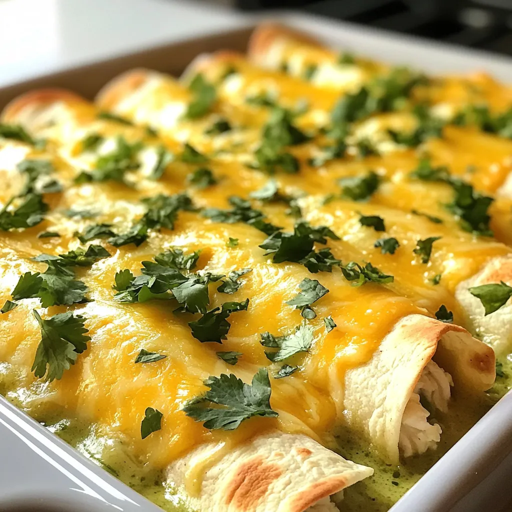- 2 cups cooked chicken, shredded - 1 cup cream cheese, softened - 1 cup sour cream - 1 cup shredded Monterey Jack cheese, divided - 1 can (10 oz) green enchilada sauce - 1/2 cup chopped green onions (scallions) - 8 flour tortillas - 1 teaspoon garlic powder - 1 teaspoon onion powder - Salt and pepper to taste - Fresh cilantro, for garnish The main ingredients make these creamy white chicken enchiladas a delight. The chicken gives protein, while cream cheese and sour cream create a rich base. The Monterey Jack cheese adds a melty touch. Green enchilada sauce ties in bright flavor. Green onions bring a fresh crunch, and the tortillas hold it all together. - Black beans, for added fiber and taste - Diced tomatoes, for a sweet burst - Jalapeños, for a spicy kick - Corn, to add sweetness and texture These optional ingredients let you customize your dish. Black beans add protein and fiber. Diced tomatoes brighten the dish with freshness. Jalapeños add heat for spice lovers. Corn provides a sweet crunch that balances the creaminess. - Mixing bowl for combining ingredients - Baking dish (9x13 inch) for baking the enchiladas - Spoon for filling tortillas - Aluminum foil to cover the dish - Knife and cutting board for chopping Having the right tools makes cooking easy and fun. A mixing bowl helps blend your creamy filling well. The baking dish holds all the enchiladas snugly. A spoon makes filling the tortillas simple. Using foil keeps the moisture in while baking, ensuring a tender finish. {{ingredient_image_2}} To start, preheat your oven to 350°F (175°C). This warm heat helps cook the enchiladas well. In a large bowl, combine 2 cups of shredded chicken, 1 cup of softened cream cheese, and 1 cup of sour cream. Add 1/2 cup of shredded Monterey Jack cheese, 1/2 cup of chopped green onions, 1 teaspoon of garlic powder, and 1 teaspoon of onion powder. Season with salt and pepper to taste. Mix until everything blends together smoothly. The mixture should be creamy and full of flavor. Now, lay a flour tortilla on a clean surface. Spoon about 1/4 cup of the chicken mixture onto the center of the tortilla. Gently roll the tortilla tightly around the filling. Place it seam-side down in a greased 9x13 inch baking dish. Repeat this with the remaining tortillas until you use all the filling. Make sure they fit snugly in the dish, so they cook evenly. After placing all the rolled tortillas in the dish, pour 10 oz of green enchilada sauce evenly over them. This sauce adds a delicious tang. Sprinkle the remaining 1/2 cup of shredded Monterey Jack cheese on top for a cheesy finish. Cover the dish with aluminum foil to keep the heat in. Bake in the preheated oven for 20 minutes. After that, carefully remove the foil and bake for another 10 minutes. Look for bubbly cheese that is golden and melted. Let the enchiladas cool for about 5 minutes. Garnish them with fresh cilantro before serving. Enjoy your meal! For the creamiest filling, use softened cream cheese and sour cream. This ensures a smooth blend. Mix them well with the shredded chicken. I recommend adding garlic and onion powder for extra flavor. If you want it richer, add more Monterey Jack cheese. Make sure to taste the filling before rolling it up. Adjust salt and pepper to your liking. A creamy filling makes each bite delightful. One common mistake is overcooking the cheese. Bake until bubbly but not burnt. Another mistake is using cold cream cheese. Always soften it first for easier mixing. Filling the tortillas too full can lead to messy rolling. Only use about 1/4 cup of the filling per tortilla. Lastly, don't skimp on the sauce. Cover your enchiladas well with the green sauce for great flavor. Garnishing adds a nice touch to your enchiladas. Fresh cilantro is my top choice. It adds color and brightness. You can also sprinkle some extra cheese on top after baking. For a pop of color, add chopped tomatoes or avocado slices. Serve with lime wedges for a zesty twist. These simple garnishes make your dish look and taste amazing. Pro Tips Use Rotisserie Chicken: For a quicker meal, you can use store-bought rotisserie chicken. It’s already cooked and adds great flavor! Customize the Heat: If you prefer a bit of spice, add diced jalapeños or a dash of hot sauce to the chicken mixture for an extra kick. Make Ahead: You can prepare the enchiladas a day in advance. Just cover them tightly and refrigerate before baking; they’ll taste just as delicious! Garnish Creatively: Besides cilantro, consider adding avocado slices or a drizzle of lime crema as a fresh garnish to enhance the presentation and flavor. {{image_4}} You can easily make a vegetarian version of creamy white chicken enchiladas. Start by replacing the chicken with cooked, shredded vegetables. Good options include zucchini, bell peppers, and mushrooms. You can also add black beans for protein and fiber. This mix adds color and flavor. Follow the same steps for preparing the filling and rolling the tortillas. The green enchilada sauce still works great with these veggies. Cheese is key to making your enchiladas creamy and tasty. While Monterey Jack is delicious, you can try other cheeses too. Consider using pepper jack for a spicy kick. Cheddar adds a sharper flavor, and cream cheese keeps it rich and creamy. You can even mix different cheeses for a unique taste. Just remember, the cheese you choose can change the flavor profile, so pick what you love! If you like heat, spice up your enchiladas! You can add chopped jalapeños to the chicken mixture for a kick. Another option is to use a spicier enchilada sauce. Look for sauces labeled as "hot" or "spicy." You can also sprinkle chili powder into the filling. Adjust the spice level to suit your taste. This twist gives your enchiladas an exciting flavor boost! You can store leftovers in an airtight container. Make sure the enchiladas cool first. Place them in the fridge for up to three days. If you want them fresh for longer, consider freezing instead. To reheat, preheat your oven to 350°F (175°C). Place the enchiladas in an oven-safe dish. Cover with foil to keep them moist. Heat for about 20 minutes, or until warm. You can also microwave them for a quicker option. Just heat for 1-2 minutes, checking often. Freezing is a great option if you want to save some for later. Wrap each enchilada tightly in plastic wrap. Then, place them in a freezer-safe bag or container. They can last up to three months in the freezer. When ready, thaw in the fridge overnight before reheating. Yes, you can use rotisserie chicken. It saves time and adds great flavor. Shred the chicken and mix it with the other ingredients. This makes your prep faster and still tasty. If you need a substitute for sour cream, try Greek yogurt. It has a similar texture and tang. You can also use cottage cheese for a lower-fat option. Blend it to make it smooth. To make this recipe gluten-free, use corn tortillas instead of flour tortillas. Check the enchilada sauce to ensure it’s gluten-free. This way, everyone can enjoy the dish. Yes, you can prepare these enchiladas ahead of time. Assemble them and cover the dish with foil. Store it in the fridge for up to 24 hours. Just bake them when you’re ready to eat. Some great side dishes include Mexican rice, black beans, or a fresh salad. You can also serve corn or guacamole for extra flavor. These sides complement the enchiladas well. This blog covered every key area of making creamy white chicken enchiladas. We explored the main and optional ingredients, plus the kitchen tools you need. I laid out easy steps from prep to baking and shared tips for the best taste. Consider trying variations like vegetarian options or different cheese. Don't forget to store, reheat, and freeze leftovers properly. With these details, you can create enchiladas that everyone will love! Enjoy your cooking adventure and impress your family with these delicious meals.