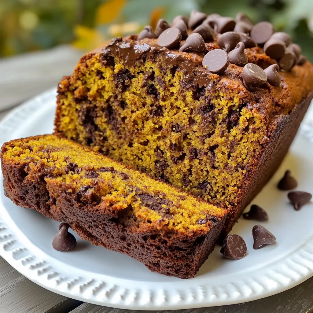 - 1 cup pumpkin puree (canned or homemade) - 1/2 cup vegetable oil - 1 cup brown sugar, packed - 1/2 cup granulated sugar - 2 large eggs - 1 tsp vanilla extract - 1 1/2 cups all-purpose flour - 1 tsp baking soda - 1/2 tsp baking powder - 1/2 tsp salt - 1 tsp ground cinnamon - 1/2 tsp ground nutmeg - 1/4 tsp ground ginger - 1 cup chocolate chips (semi-sweet or dark) - 1/2 cup chopped walnuts or pecans (optional) You can swap pumpkin puree with mashed banana or applesauce. This change gives a different taste but keeps it moist. Instead of vegetable oil, you can use melted coconut oil or unsweetened applesauce for a lighter version. If you want less sugar, use honey or maple syrup. For a gluten-free option, substitute all-purpose flour with almond flour or a gluten-free blend. You might add nuts like walnuts or pecans for a crunch. Dried fruit, like cranberries or raisins, can bring a nice touch too. You can also mix in spices like cardamom for extra warmth. For a richer flavor, try using dark chocolate chips instead of semi-sweet. {{ingredient_image_2}} Start by preheating your oven to 350°F (175°C). Take a 9x5 inch loaf pan and grease it lightly or line it with parchment paper. This helps the bread come out easily after baking. In a large bowl, mix 1 cup of pumpkin puree, 1/2 cup of vegetable oil, 1 cup of brown sugar, and 1/2 cup of granulated sugar. Whisk them until smooth. Then, add 2 large eggs, one at a time, beating well after each. Stir in 1 teaspoon of vanilla extract for flavor. In another bowl, sift together 1 1/2 cups of all-purpose flour, 1 teaspoon of baking soda, 1/2 teaspoon of baking powder, 1/2 teaspoon of salt, 1 teaspoon of ground cinnamon, 1/2 teaspoon of ground nutmeg, and 1/4 teaspoon of ground ginger. This step helps mix the dry ingredients evenly. Now, gently fold the dry mixture into the wet mix until just combined. You want a few lumps, so don’t overmix. Finally, fold in 1 cup of chocolate chips and optional nuts if you like. Pour the batter into your prepared loaf pan. Use a spatula to smooth the top. Place the pan in the oven and bake for 55-65 minutes. Check for doneness by inserting a toothpick into the center. If it comes out clean, your bread is ready. This baking time allows the flavors to meld perfectly. Once done, remove the pan from the oven. Let it cool in the pan for about 10 minutes. Then, transfer the bread to a wire rack to cool completely. For serving, slice the bread and enjoy it warm. A dollop of butter or cream cheese makes it even better. For a lovely touch, sprinkle some cinnamon and extra chocolate chips on top. Enjoy this sweet and savory delight with family and friends! To get the best texture in your chocolate chip pumpkin bread, you need to mix well. Start with the wet ingredients. Make sure the pumpkin puree, oils, and sugars blend smoothly. This helps create a moist base. When you add the dry mix, fold gently. Overmixing makes the bread tough. You want a soft, tender crumb. A few small lumps in the batter are okay! One common mistake is using cold eggs. Room temperature eggs blend better and help the bread rise. Another error is not measuring the flour correctly. Too much flour can dry out your bread. Always spoon flour into the cup and level it off with a knife. Lastly, don’t skip the cooling step. Letting the bread cool before slicing helps it set. When mixing, use a large bowl. This gives you space to stir without spilling. Start by whisking your wet ingredients until they shine. Then, add the dry mix in parts. Gently fold it in using a spatula. This keeps air in the batter. When you add chocolate chips or nuts, fold them in lightly. This ensures even flavor without breaking the chips. Pro Tips Use Fresh Pumpkin: If possible, use fresh pumpkin instead of canned for a richer flavor. Roast and puree your own pumpkin for the best results. Measure Flour Accurately: Use the spoon and level method to measure your flour. This prevents the bread from becoming dense or dry. Check for Doneness: Every oven is different; check your bread a few minutes before the recommended baking time to avoid overbaking. Customize Add-ins: Feel free to substitute the chocolate chips or nuts with your favorite mix-ins like dried cranberries or white chocolate for a unique twist. {{image_4}} You can change the flavor of your chocolate chip pumpkin bread easily. Add spices like allspice or cardamom for a warm twist. You can also mix in different types of chips, such as white or peanut butter chips. Each choice adds a new taste and keeps things fun. If you need a gluten-free version, swap the all-purpose flour for a gluten-free blend. Make sure the blend has xanthan gum for better texture. You might want to add a bit more liquid to keep the bread moist. This way, everyone can enjoy a slice. Adding nuts can elevate your bread's taste and texture. Chopped walnuts or pecans work well. You can also include dried fruits, like cranberries or raisins, for a sweet surprise. Each add-in brings a new layer of flavor, making every bite special. To keep your chocolate chip pumpkin bread fresh, wrap it tightly. Use plastic wrap or aluminum foil. You can also place it in an airtight container. Store it at room temperature for up to three days. If you want to save it longer, consider freezing. To freeze your bread, first let it cool completely. Wrap it well in plastic wrap. Then, wrap it again in foil or place it in a freezer bag. Label the bag with the date. You can keep it in the freezer for up to three months. When you are ready to eat it, just thaw it overnight in the fridge. To reheat your chocolate chip pumpkin bread, preheat your oven to 350°F (175°C). Remove the wrap and place the bread in the oven. Heat it for about 10-15 minutes. This warms it through and restores its moist texture. You can also microwave a slice for 20-30 seconds. Enjoy it warm with butter or cream cheese for an extra treat! You can check if the bread is done by using a toothpick. Insert the toothpick into the center of the loaf. If it comes out clean, the bread is ready. If there is wet batter on the toothpick, it needs more time. Bake it for another 5-10 minutes, then check again. The top should also look golden brown. Yes, you can use fresh pumpkin. Start by roasting a small pumpkin. Cut it in half, remove the seeds, and place it face down on a baking sheet. Roast it at 350°F (175°C) for about 45 minutes. Once it cools, scoop out the flesh and puree it. Use this puree in place of canned pumpkin. Fresh pumpkin adds a nice flavor and texture. If you need an egg substitute, try using applesauce. Use 1/4 cup of unsweetened applesauce for each egg. You can also use flaxseed meal. Mix 1 tablespoon of flaxseed meal with 2.5 tablespoons of water. Let it sit for about 5 minutes until it thickens. Both options will help bind the bread and keep it moist. We've covered ingredients, steps, tips, variations, and storage for chocolate chip pumpkin bread. Now, you have a clear guide to bake your own delicious bread. Remember to try different flavors or make it gluten-free. Avoid common mistakes to get the best texture. Store leftovers well to keep them fresh. With these insights, I hope you enjoy baking and sharing this treat!