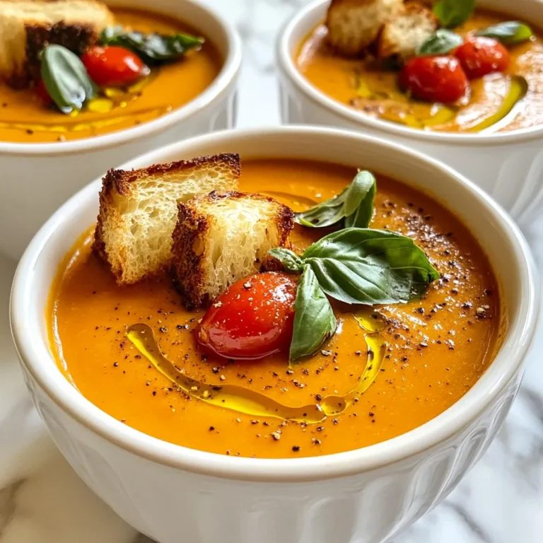 - 2 pounds ripe tomatoes, halved - 1 large onion, quartered - 4 garlic cloves, peeled - 2 tablespoons extra virgin olive oil - 1 teaspoon sea salt - 1/2 teaspoon freshly ground black pepper - 1 teaspoon sugar (optional) - 2 cups vegetable broth - 1 cup fresh basil leaves, tightly packed - 1/2 cup heavy cream (optional) - Fresh basil leaves for garnish - Crunchy croutons for garnish This recipe shines with simple ingredients. You need ripe tomatoes for flavor. Onions add sweetness, and garlic brings depth. Olive oil helps roast the veggies. Sea salt and pepper enhance everything. You can add sugar for balance if needed. Next, you need vegetable broth to create a rich soup base. Fresh basil adds brightness and aroma. If you love creamy soup, heavy cream is an option. Lastly, fresh basil leaves and crunchy croutons are perfect for garnish. They make the soup look and taste even better. Gather these ingredients, and you’re ready to start cooking! {{ingredient_image_2}} First, you need to preheat your oven to 425°F (220°C). This hot temperature helps the tomatoes and onions sweeten. Next, gather your ingredients. You will need: - 2 pounds ripe tomatoes, halved - 1 large onion, quartered - 4 garlic cloves, peeled - 2 tablespoons extra virgin olive oil - 1 teaspoon sea salt - 1/2 teaspoon freshly ground black pepper - 1 teaspoon sugar (optional) - 2 cups vegetable broth - 1 cup fresh basil leaves - 1/2 cup heavy cream (optional) - Fresh basil leaves and crunchy croutons for garnish Arrange the halved tomatoes, onion, and garlic on a large baking sheet. Drizzle them with olive oil, then sprinkle with salt, black pepper, and sugar if you choose. Toss these veggies to coat them evenly. Now, slide the baking sheet into your preheated oven. Roast the veggies for 25 to 30 minutes. You want the tomatoes to become caramelized and charred around the edges. The onions should soften and gain a nice color. This roasting deepens the flavors. After roasting, remove the baking sheet from the oven. Allow the vegetables to cool for a few minutes. Then, carefully move them into a large pot. Pour the vegetable broth into the pot with the roasted veggies. Heat the pot over medium heat. Let it simmer gently for about 10 minutes. This step helps the flavors mix well. Next, stir in the fresh basil leaves. Use an immersion blender to purée the soup until it meets your taste. If you prefer chunks, blend just half of it. If you want a creamy soup, gently stir in the heavy cream now. Keep heating until warmed through. Taste your soup and adjust the seasoning with more salt or pepper if needed. Serve it hot, garnished with fresh basil leaves and crunchy croutons for extra texture. Enjoy your comforting bowl of roasted tomato basil soup! Roasting tomatoes brings out their sweet flavor. Use ripe tomatoes for the best taste. Cut them in half and place them on a large baking sheet. Add onion and garlic for extra depth. Drizzle with olive oil and season well. Roasting at 425°F (220°C) for 25-30 minutes caramelizes the sugars. This step adds a beautiful char and enhances the taste. You can change the soup's flavor easily. If it tastes too sharp, add a teaspoon of sugar. This balances the acidity of the tomatoes. For a smoother soup, blend it longer. If you prefer chunks, blend only half. Adding heavy cream gives a rich texture. Stir it in gently when the soup is hot. Always taste before serving. Adjust salt and pepper to your liking. Serve the soup hot for the best experience. Garnish with fresh basil leaves for a pop of color. Crunchy croutons add a nice texture. Drizzle with a little olive oil for extra flavor. For a special touch, swirl in some cream on top. Present the soup in rustic bowls for a cozy vibe. Enjoy it with a slice of crusty bread for a complete meal. Pro Tips Use High-Quality Olive Oil: A good quality extra virgin olive oil enhances the flavor of your roasted vegetables and final soup, making a big difference in taste. Roast Until Caramelized: Don’t rush the roasting process; allow the tomatoes and onions to caramelize well for a richer, sweeter flavor profile in your soup. Customize Your Consistency: Blend the soup to your preferred texture—smooth for a creamy experience or leave some chunks for a heartier soup. Fresh Basil is Key: Adding fresh basil at the end of cooking preserves its vibrant flavor and aroma, elevating the overall taste of the soup. {{image_4}} To make a vegan version of roasted tomato basil soup, skip the heavy cream. The soup stays rich and tasty without it. You can add a little more vegetable broth for a thinner texture. This keeps it light and fresh. If you want creaminess, try adding soaked cashews or coconut milk instead. Both options blend well and add flavor. If you love a creamy soup, the heavy cream is perfect. Add it after blending your soup. This makes it smooth and rich. You can also try using half-and-half for a lighter version. Another option is to blend in some silken tofu. This gives you creaminess without added dairy. You can make this soup even better by adding other veggies. Carrots or bell peppers roast nicely with the tomatoes. They add flavor and sweetness. For herbs, try thyme or oregano for a new taste. Fresh parsley or chives can add brightness too. Just remember to adjust the cooking time if you add raw veggies. This way, they can soften well with the tomatoes. After enjoying this roasted tomato basil soup, let it cool first. Then, transfer it to an airtight container. Store it in the fridge. This soup stays fresh for about 3 to 5 days. Make sure to label the container with the date. This way, you know when to use it up. To freeze the soup, let it cool completely. Pour it into freezer-safe bags or containers. Leave some space at the top for expansion. Seal tightly and label with the date. You can freeze it for up to 3 months. When you are ready to enjoy it, just thaw it in the fridge overnight. Reheat the soup on the stovetop over medium heat. Stir it often to help it warm evenly. If it's too thick, add a splash of vegetable broth or water. You can also microwave it in a safe bowl. Heat in short intervals, stirring in between, until hot. Enjoy your warm, savory soup! The best tomatoes for soup are ripe, juicy ones. I love using Roma tomatoes. They have fewer seeds and more flesh. This makes for a rich and thick soup. Heirloom tomatoes are also great. They add a sweet flavor. Use what you can find, but fresh is best. Yes, you can use canned tomatoes. They are a good option if fresh tomatoes are not available. Choose whole or crushed tomatoes. Look for cans with no added sugar or salt. This helps keep the flavor pure. Just drain them a bit before adding to your soup. Homemade soup lasts about 3 to 4 days in the fridge. Make sure to store it in a tight container. Let it cool before sealing. This keeps it fresh and tasty for your next meal. If you see any signs of spoilage, throw it away. Absolutely! Making soup ahead is a great idea. The flavors blend better when it sits. You can make it a day or two ahead. Just cool, store it, and reheat when you’re ready. It will taste even better after a day in the fridge. This soup pairs well with many things. Try it with a grilled cheese sandwich for a classic combo. A fresh salad also works great. You can add crunchy croutons on top for texture. A sprinkle of Parmesan cheese can elevate the flavor, too. Enjoy! In this post, we explored how to make roasted tomato basil soup. We covered key ingredients like tomatoes, onions, and garlic, then walked through each step to make your soup tasty. I shared tips for flavor and texture, plus fun variations like vegan and creamy options. Finally, I provided storage and reheating methods to keep your soup fresh. Now, you have all the tools to make a delicious soup. Enjoy creating this comforting dish, and share your results with friends!