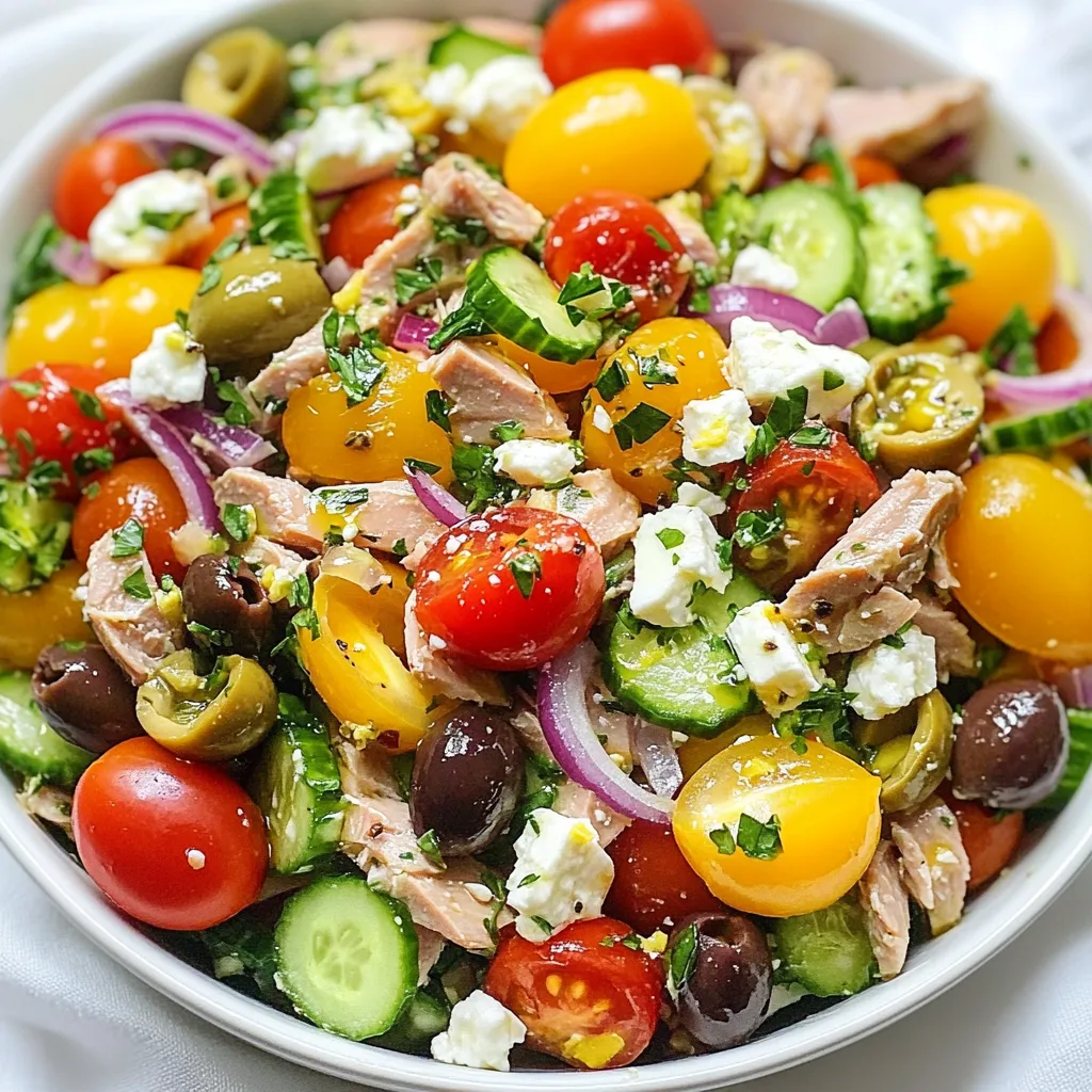 - 2 cans of premium tuna packed in olive oil, thoroughly drained - 1 cup vibrant cherry tomatoes, halved - 1/2 English cucumber, diced into small cubes - 1/4 red onion, finely minced - 1/4 cup Kalamata olives, pitted and sliced for easy eating - 1/4 cup feta cheese, crumbled into delectable chunks - 1/4 cup fresh parsley, finely chopped for a burst of flavor - 2 tablespoons capers, rinsed and drained - Juice of 1 zesty lemon - 3 tablespoons extra virgin olive oil for richness - Salt to taste - Freshly cracked black pepper to taste When choosing tuna, look for high-quality, premium brands. Tuna packed in olive oil has a rich taste. Always check for good packaging. Cans should not be dented or rusted. Freshness is key. If you can, opt for tuna that is sustainably sourced. This adds to the overall taste and helps the planet. {{ingredient_image_2}} Start by gathering your ingredients. In a large bowl, add the drained tuna. Next, toss in the halved cherry tomatoes, diced cucumber, minced red onion, sliced Kalamata olives, crumbled feta cheese, chopped parsley, and capers. Mix gently. Be careful not to mash the tuna. This salad is all about fresh flavors and textures. In a small bowl, combine the juice of one lemon, extra virgin olive oil, salt, and cracked black pepper. Whisk them together until well mixed. This dressing brings all the flavors to life. You want it to be bright and zesty, enhancing the salad without overpowering it. Drizzle the dressing over your salad mixture. Now, fold everything together gently. Keep the tuna pieces intact for the best texture. Taste your salad and adjust the salt and pepper if needed. Once you've got the right flavor, cover the bowl with plastic wrap. Chill it in the fridge for at least 30 minutes. This helps the flavors blend beautifully. Serve it chilled or at room temperature on greens or in crusty bread. Enjoy the fresh delight! To keep the tuna intact, you must handle it with care. After draining, add it to the bowl last. This way, you can mix other ingredients first. When you combine everything, gently fold the tuna in. Avoid stirring too hard, or it will break apart. The chunks should stay whole for a great texture. You can enhance flavors in your Mediterranean tuna salad easily. Add fresh herbs, like basil or dill, to give a new twist. Try mixing in a splash of red wine vinegar for a zing. If you like heat, add a pinch of red pepper flakes. Each addition creates a unique flavor that makes your salad stand out. Your tuna salad is great for many occasions. Serve it at picnics on a bed of greens. It also works well as a filling for sandwiches or wraps. For a more formal event, use a large, shallow bowl and garnish it. Add extra parsley and whole Kalamata olives for a beautiful look. Pair it with crusty bread for a delightful meal. Pro Tips Quality Tuna: Choose high-quality tuna packed in olive oil for a richer flavor and better texture, enhancing the overall taste of your salad. Chill for Flavor: Allowing the salad to chill for at least 30 minutes in the refrigerator helps the flavors meld together, resulting in a more delicious dish. Adjust Seasoning: Always taste your salad before serving and adjust the seasoning to your preference; a pinch more salt or pepper can elevate the dish significantly. Fresh Herbs: Using fresh parsley not only adds flavor but also a vibrant color; consider experimenting with other fresh herbs like dill or basil for a unique twist. {{image_4}} You can make this salad even more colorful by adding extra veggies. Try bell peppers for crunch or radishes for a peppery bite. Carrots add a sweet note, while avocados bring creaminess. You can even toss in some spinach or arugula for greens. Just chop them up and mix them in with the tuna. Remember to keep the ratios balanced so the tuna stays the star. If you want a twist, consider swapping tuna for another protein. Canned salmon works well and adds a different flavor. For a vegetarian option, use chickpeas or white beans. They are hearty and fill you up. Just rinse and drain them well before adding to the salad. Each choice changes the taste but keeps it just as tasty. Cheese can change the whole vibe of the salad. Feta gives a briny, rich taste, but you might enjoy goat cheese for a tangy kick. If you want a milder flavor, try mozzarella balls. You can also use a dairy-free cheese for a vegan option. Just crumble or chop the cheese and fold it in gently. Each cheese brings its own flair to the dish. To keep your Mediterranean tuna salad fresh, place it in an airtight container. Make sure to seal it tightly. This helps keep moisture out and flavors in. If you have leftovers, store them right after serving. You want to avoid letting them sit out too long. When stored well, the salad lasts about 2 to 3 days in the fridge. Check for any off smells or changes in color before eating. If you see any, it's best to toss it. For the best taste, enjoy your salad within this time frame. Freezing tuna salad is not the best idea due to the textures. The ingredients may change when thawed. If you want to freeze it, do so without the dressing. Store the salad without dressing in a freezer-safe bag. It can last up to a month. Thaw in the fridge overnight before serving. Add the dressing fresh when you’re ready to eat. I recommend using premium tuna packed in olive oil. This type tastes rich and adds great flavor. You can find it in cans at most grocery stores. Look for brands that use sustainable fishing practices. They often have a better taste and texture. Yes, you can make this salad ahead of time. It stays fresh in the fridge for up to two days. The flavors will meld and taste even better after a few hours. Just cover it well with plastic wrap. Remember to stir it gently before serving to keep it fresh. For a low-carb version, skip the feta and capers. You can add more fresh vegetables like bell peppers or zucchini. Instead of olives, try using avocado for creaminess. Replace the dressing with a mix of lemon juice and olive oil, keeping it light and fresh. This blog post covered fresh ingredients and pantry staples for the perfect tuna salad. You learned how to prepare the salad base, make a tasty dressing, and combine everything just right. I shared tips to keep the tuna intact and enhance flavors for any occasion. You also discovered fun variations and storage tips to keep your salad fresh. Now, you can confidently create a delicious tuna salad for any time. Enjoy your cooking and impress your friends and family with your new skills!