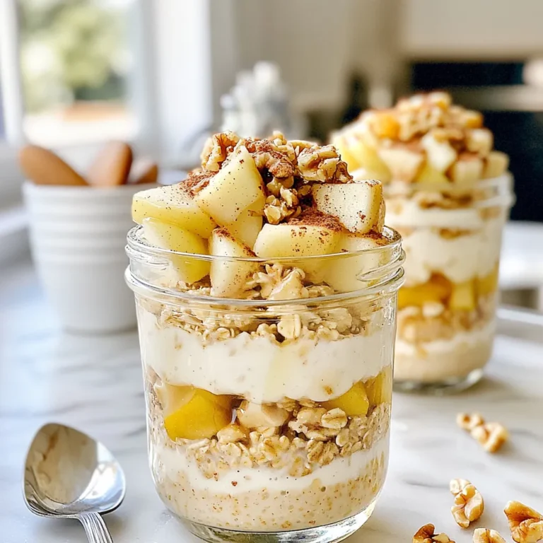 For a tasty bowl of apple pie overnight oats, gather these main ingredients: - 1 cup rolled oats - 1 ½ cups unsweetened almond milk (or your preferred milk) - 1 medium apple, peeled and diced into small chunks - 1 tablespoon apple cider vinegar - 2 tablespoons maple syrup (or substitute with honey if desired) - 1 teaspoon ground cinnamon - ½ teaspoon vanilla extract - 1 tablespoon chia seeds - Pinch of salt These ingredients work together to create a creamy, flavorful base. The oats soak up the almond milk overnight, making them soft and ready to eat. The diced apple adds a sweet crunch, while the cinnamon gives that warm, comforting flavor we all love. To make your oats even better, you can add these optional toppings and add-ins: - 1 handful of walnuts, chopped (for crunch) - Additional diced apples - A sprinkle of cinnamon - A drizzle of maple syrup These toppings add texture and make each bite more exciting. If you want extra sweetness, go for the maple syrup or honey! If you have dietary needs, don't worry! Here are some easy substitutions: - Use gluten-free oats if you avoid gluten. - Swap almond milk for any milk you like, like oat or soy milk. - Honey can replace maple syrup for a different flavor. These swaps let you enjoy apple pie overnight oats, no matter your diet. You can still taste that yummy apple pie flavor! {{ingredient_image_2}} Start by grabbing a large mixing bowl. Add 1 cup of rolled oats. Pour in 1 ½ cups of unsweetened almond milk. Next, add 1 tablespoon of apple cider vinegar. Then, mix in 2 tablespoons of maple syrup. Sprinkle in 1 teaspoon of ground cinnamon and ½ teaspoon of vanilla extract. Toss in 1 tablespoon of chia seeds and a pinch of salt. Use a whisk or spoon to blend everything well and make it smooth. Once your base is ready, it’s time for the apples. Take 1 medium apple, peel it, and cut it into small chunks. Gently fold these diced apples into the oat mixture. This helps spread the apple flavor throughout. If you want some crunch, add a handful of chopped walnuts. Mix them in gently, so they don’t break apart. Now, divide the oat mixture into two jars or bowls. Make sure to share it evenly. Seal the containers tightly to keep air out. Place them in the fridge to chill overnight. This step is crucial. It allows the oats and chia seeds to absorb the liquid and become soft. In the morning, take them out and stir well. If you like, splash in some extra milk for a creamier texture. Enjoy your tasty apple pie overnight oats! To get creamy oats, use enough liquid. I suggest sticking to the 1 ½ cups of almond milk. This amount helps your oats soften well. If you want it creamier, add a splash more milk in the morning. Stir well to blend everything together. You can mix in more spices for added flavor. Try nutmeg, cardamom, or even ginger. Just add a pinch, so it does not overpower the dish. Remember, spices should enhance the apple pie flavor, not mask it. To serve, use clear jars to show off the layers. This makes your dish look lovely and inviting. Top with extra apple pieces and a dusting of cinnamon. A drizzle of maple syrup adds a sweet touch. Adding a mint sprig makes it pop with color. Pro Tips Use Old-Fashioned Rolled Oats: Quick oats may become mushy after soaking overnight, while rolled oats maintain a pleasant texture. Choose the Right Apple: For a balanced flavor, use a mix of tart and sweet apples, such as Granny Smith and Honeycrisp. Make It Vegan: Substitute maple syrup with agave nectar or brown rice syrup for a fully plant-based version. Prep in Batches: Double or triple the recipe and store the extra jars in the fridge for quick breakfasts throughout the week. {{image_4}} You can use many types of milk for your oats. Almond milk gives a nice nutty taste. If you like creaminess, try coconut milk. Regular cow's milk works great too. Each milk changes the flavor a bit. Just pick your favorite! Maple syrup is my go-to sweetener, but you can switch it up. Honey adds a floral note. Agave syrup is also a good choice. For less sugar, try mashed banana or unsweetened apple sauce. Each option brings a unique flavor twist. Want to mix it up? Add nuts like pecans or almonds for crunch. Dried fruit, such as raisins or cranberries, adds chewiness. For a spice kick, try nutmeg or ginger. You can even toss in a scoop of protein powder. These add-ins make your oats even more fun and tasty! Store any leftover overnight oats in airtight containers. Glass jars work great for this. Ensure the lids are on tight to keep the oats fresh. You can keep them in the fridge for easy access. These oats taste great cold or can be warmed up. In the refrigerator, your apple pie overnight oats last for about three days. After this time, the oats may lose their flavor and texture. If you notice a sour smell or change in color, it's best to toss them. Fresh is always best! You can freeze apple pie overnight oats for later use. To freeze, place them in freezer-safe jars. Leave some space at the top for expansion. Do not add any fresh toppings before freezing. When ready to eat, thaw overnight in the fridge. Reheat or enjoy them cold. Avoid refreezing after thawing to keep them safe and tasty. Yes, you can use quick oats. They will soak up liquid faster. This may change the texture a bit. Quick oats will be softer. If you like a chewier bite, stick to rolled oats. You can keep them for up to five days. Just make sure to seal them well. The oats may get softer over time. If you notice any off smell, don’t eat them. If your oats are too thick, add more milk. Stir well to combine. You can also add yogurt for creaminess. Adjust the thickness to your liking before serving. Yes, these oats can be vegan. Just use almond milk or any plant-based milk. Maple syrup is already vegan. No need to change anything else in the recipe. Enjoy a delicious vegan treat! In this blog post, we explored how to make tasty Apple Pie Overnight Oats. You learned about the key ingredients, fun toppings, and simple swaps for different diets. I shared easy steps for making and storing your oats, plus tips for creaminess and spices. Variations let you pick your milk and sweeteners. Lastly, I answered FAQs to help you with any concerns. Try these oats for a quick breakfast. Enjoy the mix of flavors and textures!