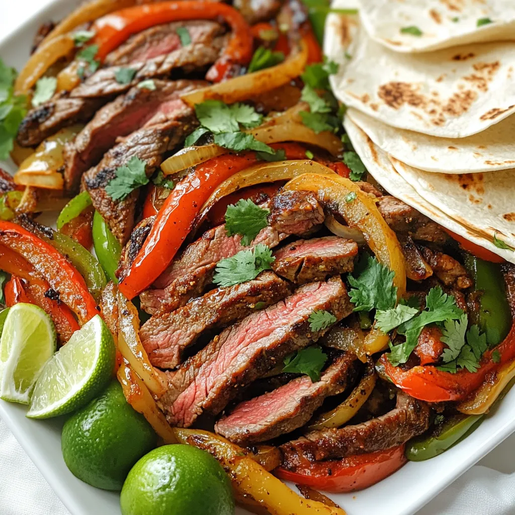 - 1 lb flank steak - 2 tablespoons chipotle in adobo sauce, blended until smooth - 2 tablespoons fresh lime juice - 1 teaspoon ground cumin - 2 cloves garlic, finely minced - 1 teaspoon smoked paprika - 1 red bell pepper, thinly sliced - 1 green bell pepper, thinly sliced - 1 medium onion, thinly sliced - 2 tablespoons olive oil, divided - Flour or corn tortillas, for serving - Fresh cilantro leaves, for garnish For the best flavor, use fresh ingredients. The flank steak is key, as it is tender and juicy when cooked right. The chipotle in adobo adds a smoky heat that makes the dish pop. Fresh lime juice brightens up all the flavors, while cumin and smoked paprika deepen the taste. - Salt - Black pepper Don’t forget to season well! Salt and fresh black pepper enhance the taste of the steak and veggies. Always taste your marinade to make sure the balance is right. - Lime wedges - Additional cilantro Garnishes add a nice touch. Fresh lime wedges give a burst of freshness. Extra cilantro brings a lovely herbaceous note that complements the dish. You can also let your guests choose how much they want. {{ingredient_image_2}} - In a bowl, mix chipotle sauce, lime juice, cumin, garlic, and paprika. - Add salt and pepper to taste. - Place the flank steak in the bowl and coat it well with the marinade. - Cover with plastic wrap. Let it marinate for 30 minutes at room temperature. - For a stronger flavor, marinate in the fridge for up to 2 hours. - Heat 1 tablespoon of olive oil in a large skillet over medium-high heat. - Add sliced red and green bell peppers, plus onion, into the hot skillet. - Sauté for 5-7 minutes until the veggies are tender and start to caramelize. - Stir occasionally and season with salt and pepper. - Once done, transfer the vegetables to a plate and set aside. - In the same skillet, add the other tablespoon of olive oil. - Increase the heat to high. - Remove the steak from the marinade and discard any leftover marinade. - When the pan is hot, place the steak in it. - Cook for 4-5 minutes on each side for medium-rare. - For different doneness, adjust the cooking time. - After cooking, transfer the steak to a cutting board and let it rest for 5 minutes. - Slice the steak thinly against the grain for the best texture. - Return the sliced steak to the skillet with the cooked vegetables. - Warm everything together over low heat for a couple of minutes. - To warm tortillas, heat them in a dry skillet or microwave for a few seconds. - Fill each tortilla with the steak and vegetable mix. - Top with fresh cilantro leaves for added flavor. For the best steak, aim for medium-rare. This gives a juicy and tender bite. Use a meat thermometer to check the temperature. It should reach 130°F to 135°F. After cooking, let the steak rest for 5 minutes. This helps keep the juices inside. Fresh herbs can boost flavor. Add chopped cilantro or parsley right before serving. If you like heat, consider adding sliced jalapeños or a dash of hot sauce. These add a nice kick without overpowering the dish. A cast-iron skillet works best for this recipe. It heats evenly and gives a nice sear to the steak. If you don’t have one, a heavy stainless-steel skillet will do. For tortillas, choose between flour or corn. Both work well, so pick your favorite! Pro Tips Marinate for Maximum Flavor: Allow the steak to marinate for at least 2 hours in the refrigerator. This enhances the flavors and tenderizes the meat, making it more succulent. Use High Heat for Searing: Ensure your skillet is very hot before adding the steak. This creates a beautiful sear on the outside while keeping the inside juicy and tender. Cut Against the Grain: When slicing the steak, always cut against the grain. This technique shortens the muscle fibers, resulting in a more tender bite. Warm Tortillas Properly: Warm your tortillas on a skillet or directly over a flame for a few seconds. This helps them become more pliable and enhances their flavor. {{image_4}} You can switch out the flank steak for other proteins. Chicken fajitas work great. Simply use chicken breasts or thighs. Marinate the chicken just like the steak. Cook it until it's juicy and tender. Shrimp fajitas are another tasty option. Use medium or large shrimp. Grill or sauté them for a quick meal. Both options keep the flavors vibrant and fresh. If you want a meatless dish, try using tofu or tempeh. Tofu absorbs flavors well. Press it to remove excess water, then marinate as you would the steak. Tempeh has a nutty taste and good texture. Slice it thin and cook it like the steak. You can also substitute the steak and veggies with a mix of colorful bell peppers and onions. Add mushrooms for extra flavor and texture. Adjust the spice levels to suit your taste. If you like heat, add more chipotle sauce. You can also mix in jalapeños or a pinch of cayenne. For a sweeter touch, consider adding honey or agave to your marinade. Try different marinades, too. A citrus marinade with orange juice or pineapple can give a fun twist. Each variation brings new life to your fajitas and keeps dinner exciting. To store cooked fajitas, let them cool first. Place the fajitas in an airtight container. This keeps the flavors fresh and prevents spoilage. I recommend using glass or plastic containers with tight lids. Make sure to store them in the fridge. They will stay good for up to three days. The best way to reheat fajitas is on the stovetop. Heat a skillet over medium heat. Add a splash of water or broth to keep them moist. Stir gently until heated through. You can also use the microwave. Place the fajitas in a microwave-safe dish and cover it. Heat in short bursts, stirring in between, to keep the texture right. Yes, you can freeze fajitas! They freeze well for up to three months. Place the cooled fajitas in freezer-safe bags. Remove as much air as possible before sealing. When ready to eat, thaw them overnight in the fridge. Reheat on the stovetop or in the microwave for best results. This keeps them tasty and fresh. To add heat, use more chipotle in adobo sauce. You can also add sliced jalapeños or a dash of cayenne pepper. If you prefer a fresh touch, consider adding diced fresh chili peppers. Adjust to your taste for the perfect kick! Yes, you can prep most ingredients ahead of time. Chop the bell peppers and onion, and store them in the fridge. Marinate the steak the night before for richer flavor. Keeping everything ready makes cooking quick and easy! Fajitas pair nicely with rice, beans, or a fresh salad. You can serve them with guacamole, salsa, or sour cream for extra flavor. Don't forget tortilla chips for a crunchy side! Yes, these fajitas are great for meal prep! Store the cooked steak and veggies in an airtight container. They last for up to four days in the fridge. Just reheat when you're ready to enjoy. You learned how to make delicious Chipotle Lime Steak Fajitas using fresh ingredients. We covered marinating the steak, cooking vegetables, and assembling your fajitas. I shared tips for perfecting flavor and texture. Remember, you can customize these fajitas with different proteins or vegetables. Store any leftovers properly to enjoy later. With these easy steps and options, you can impress friends or family with a tasty meal. Enjoy your cooking journey and the joy of these flavorful fajitas!