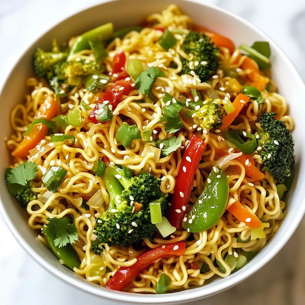 - 2 packs of instant ramen noodles - 4 cloves garlic, minced - 1-inch piece ginger, grated - 1 red bell pepper, thinly sliced - 1 cup broccoli florets - 1 small carrot, peeled and julienned - 1 cup snap peas, trimmed - 3 green onions, chopped - 2 tablespoons soy sauce - 1 tablespoon sriracha - 1 teaspoon rice vinegar - 2 tablespoons sesame oil - 1 tablespoon sesame seeds - Fresh cilantro leaves (optional) To make this spicy garlic ramen stir fry, you need some key ingredients. Start with two packs of instant ramen noodles. You can discard the seasoning packets since we're making our own sauce. Next, gather your aromatics: four cloves of minced garlic and a one-inch piece of grated ginger. For the veggies, you will need one red bell pepper, one cup of broccoli florets, one small peeled carrot, and one cup of trimmed snap peas. Don't forget three chopped green onions for a fresh touch. Now, let's talk about the sauces. You'll need two tablespoons of soy sauce, one tablespoon of sriracha for heat, and one teaspoon of rice vinegar to balance the flavors. To cook everything, use two tablespoons of sesame oil for a rich taste. Finally, garnish your dish with one tablespoon of sesame seeds and fresh cilantro leaves if you like. {{ingredient_image_2}} 1. Start by boiling water in a large pot. 2. Add the instant ramen noodles. Cook them according to the package instructions. 3. Once cooked, drain the noodles. Be sure to shake off any excess water. 4. Set the noodles aside in a bowl to prevent them from clumping together. 1. Heat two tablespoons of sesame oil in a large skillet or wok over medium-high heat. 2. Wait for the oil to get hot, about one minute. 3. Add four cloves of minced garlic and one inch of grated ginger. 4. Stir them constantly for about 30 seconds. This will bring out their aroma. 5. Now, turn up the heat to high. Add the sliced red bell pepper, one cup of broccoli florets, one small julienned carrot, and one cup of snap peas. 6. Stir-fry these veggies for 3-4 minutes. They should be bright and tender-crisp. 1. Next, add the cooked ramen noodles to the skillet with the veggies. 2. In a small bowl, mix two tablespoons of soy sauce, one tablespoon of sriracha, and one teaspoon of rice vinegar. 3. Whisk until blended, then drizzle this sauce over the noodles and veggies. 4. Toss everything together gently. Stir-fry for another 2-3 minutes until everything is warm and coated in sauce. 5. Remove the skillet from the heat and fold in three chopped green onions. 6. Serve the ramen stir fry hot in deep bowls. Top with sesame seeds and fresh cilantro if you like. High heat is the key to a great stir fry. It helps to cook the food fast and keeps it crisp. If you cook on low heat, vegetables can get soggy. To avoid soggy veggies, cut them into similar sizes. This way, they cook evenly. Stir them quickly and do not overcrowd the pan. You can customize the spice in this dish with sriracha. Start with one tablespoon and add more if you like it hotter. If sriracha is not your thing, try other options. Chili garlic sauce or red pepper flakes can also add heat. For a great presentation, serve the stir fry in deep bowls. Sprinkle some sesame seeds on top for crunch. Add more chopped green onions for color and flavor. You can pair this dish with a cold drink like iced tea or a light beer. Pro Tips Garlic and Ginger Timing: Always add garlic and ginger at the start of your cooking process, but be careful not to overcook them as they can burn quickly, leading to a bitter taste. Vegetable Crunch: For the best texture, stir-fry your vegetables until they are tender-crisp. This ensures they retain their vibrant color and nutritional value. Noodle Coating: When adding the sauce to the stir fry, ensure you toss the noodles and vegetables well to allow for even coating and flavor distribution throughout. Adjusting Spice Levels: Feel free to modify the amount of sriracha based on your spice tolerance. Start with less and add more as needed to find your perfect balance. {{image_4}} You can easily add protein to your spicy garlic ramen stir fry. Try chicken, shrimp, or tofu. - For chicken: Cut it into small pieces. Cook it in the sesame oil before adding garlic and ginger. This helps the chicken cook fully. - For shrimp: Add medium or large shrimp after the garlic and ginger. Cook for about 2-3 minutes until pink. - For tofu: Use firm tofu. Cut it into cubes and fry until golden brown. Then add it with the veggies. Adjust your cooking time based on your protein choice. Chicken needs about 5-7 minutes, shrimp takes 2-3 minutes, and tofu needs about 4-5 minutes. Feel free to swap out veggies based on the season. You can use zucchini, bell peppers, or bok choy. Each veggie brings a unique flavor. - Zucchini: Slice it thin and add it with the other veggies. - Bell peppers: Use any color for a sweet touch. - Bok choy: Chop it and add it near the end for a nice crunch. Changing your veggies alters the dish's taste. More sweet veggies can soften the spice, while leafy greens add a fresh flavor. If you prefer gluten-free options, use vegetable noodles or gluten-free ramen. - Vegetable noodles: Zucchini or carrot noodles are great choices. They add color and nutrients. - Gluten-free ramen: There are many brands available. Look for ones made from rice or buckwheat. When using these options, be aware that the texture may differ. Adjust your flavors by adding more soy sauce or sriracha to make up for it. To keep your spicy garlic ramen stir fry fresh, use airtight containers. Glass containers work well and don't hold odors. You can also use BPA-free plastic containers. Before sealing, let the stir fry cool down to room temperature to avoid steam buildup. If you plan to freeze it, divide it into smaller portions. This helps with quick thawing later. When reheating, the best method is to use a skillet. Heat it over medium heat, and add a splash of water or broth. This adds moisture and keeps your noodles nice and soft. Stir gently as you heat it up. If you use a microwave, cover the dish with a damp paper towel. This prevents the noodles from drying out. In the fridge, your stir fry lasts about 3 to 4 days. If you freeze it, it can last for up to 2 months. Always check for signs of spoilage, like a sour smell or mold. If it looks off or smells funny, it’s best to toss it. Enjoy your meals safely! Yes, you can use different types of ramen noodles. Instant ramen is quick and easy. Fresh ramen gives a great texture. You can also try egg noodles or udon noodles. Each type changes the dish's taste and feel. Just make sure to cook them as per the package. Discard the seasoning packets to avoid unwanted flavors. If you need an alternative to sriracha, hot sauce works well. You can use chili garlic sauce or sambal oelek for a similar kick. If you prefer less heat, try sweet chili sauce. You can also mix in some crushed red pepper flakes for a different flair. Adjust the amount based on your taste. This recipe can be made vegetarian easily. Just stick to the veggies and omit any meat. For a vegan option, ensure your ramen is egg-free. Most instant ramen is vegan, but check the label. The sauces used are also vegan-friendly. Enjoy a great meal without animal products! You now know how to make a tasty stir-fried ramen meal. We discussed ingredients, step-by-step cooking, and tips. You can customize it based on your taste and what you have. Try adding proteins or different veggies for a fun twist. Remember to store leftovers properly and reheat them right. Enjoy your cooking and feel free to experiment! Taste is all about what you like.