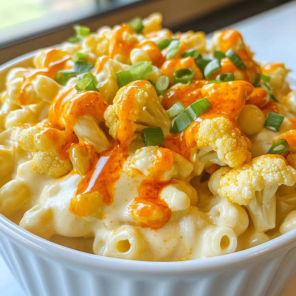 - Cauliflower florets - Elbow macaroni (or gluten-free pasta) - Olive oil and seasonings Cauliflower florets are the star of this dish. They add a great texture and flavor. Using elbow macaroni or gluten-free pasta makes it comforting and filling. Olive oil helps to roast the cauliflower perfectly and adds good flavor. - Cheddar cheese (or vegan alternative) - Dairy or plant-based milk - Cream cheese options Cheddar cheese brings that classic creamy taste. You can use a vegan cheese if you prefer. Milk, either dairy or plant-based, makes the sauce smooth. Cream cheese adds richness to the cheese sauce. - Buffalo sauce - Chopped green onions - Salt and pepper Buffalo sauce gives this dish its spicy kick. Chopped green onions add a fresh touch. A sprinkle of salt and pepper brings all the flavors together. This combination of ingredients creates a dish that warms your heart and excites your taste buds. Each part plays a role in making this Buffalo Cauliflower Mac and Cheese a true comfort food. {{ingredient_image_2}} - Preheat oven to 425°F (220°C). - In a large bowl, combine cauliflower florets with 2 tablespoons of olive oil, 1 teaspoon of garlic powder, 1 teaspoon of onion powder, and 1/2 teaspoon of smoked paprika. Add salt and pepper to taste. Toss until all florets are coated. Spread the florets in a single layer on a baking sheet. Roast in the oven for about 20 minutes until they are tender and slightly charred. Make sure to toss them halfway through cooking for even roasting. - Fill a large pot with salted water and bring it to a boil. - Add 8 ounces of elbow macaroni and cook until al dente, following package directions. - Drain the pasta and set it aside for later use. - In a medium saucepan over medium heat, pour in 1 cup of milk and add 1/4 cup of cream cheese. - Whisk continuously until smooth and well blended. - Gradually stir in 2 cups of shredded cheddar cheese and 1 cup of buffalo sauce. Mix until the cheese melts into a creamy sauce. Taste the sauce and adjust salt and pepper as needed. - In a large mixing bowl, combine the cooked macaroni, roasted cauliflower, and the cheese sauce. - Stir gently until everything is well blended. - Pour the mixture into a greased baking dish, spreading it out evenly. For extra flavor, drizzle a bit more buffalo sauce on top. - Bake in the oven for 15-20 minutes until bubbly and the top is golden brown. To boost the flavor, add these seasonings to your dish: - 1 teaspoon garlic powder - 1 teaspoon onion powder - 1/2 teaspoon smoked paprika For heat, use more buffalo sauce. If you prefer milder flavors, reduce the buffalo sauce. You can also mix in some pepper flakes for extra spice. You can make this dish plant-based. Use vegan cheese instead of cheddar and non-dairy milk. For cream cheese, choose a non-dairy option. If you need gluten-free, swap elbow macaroni for gluten-free pasta. This way, everyone can enjoy the dish. Roasting the cauliflower makes it tasty. Toss it with olive oil and spices before roasting. Spread it in a single layer on a baking sheet. Bake at 425°F (220°C) for about 20 minutes. Toss halfway for even cooking. For the cheese sauce, keep it smooth. Whisk the milk and cream cheese in a medium pot. Slowly add the cheddar and buffalo sauce. Stir until well combined. Adjust with salt and pepper to your taste. Pro Tips Roasting for Flavor: Ensure to roast the cauliflower until it’s slightly charred; this enhances the flavor and adds a delicious depth to your dish. Cheese Sauce Consistency: If your cheese sauce is too thick, add a splash more milk to achieve the desired creamy consistency. Spice Level: Adjust the amount of buffalo sauce according to your spice preference, and consider using a milder sauce for a less fiery dish. Make Ahead: You can prepare the mac and cheese mixture ahead of time and refrigerate it. Just bake it when you're ready to serve! {{image_4}} You can change the pasta for this dish. For a gluten-free choice, use brown rice pasta or chickpea pasta. These options keep the meal tasty and safe for gluten-sensitive eaters. You can also try different shapes like shells or penne. Each shape gives a unique texture and holds the sauce well. Mixing in proteins can make this dish heartier. Try adding cooked chicken or crispy tofu for a boost. Both pair nicely with the buffalo flavor. You can also add vegetables like spinach, peas, or bell peppers. These add color, nutrients, and extra flavor to your mac and cheese. Switching up the cheese can create new flavors. Use gouda or pepper jack for a smoky kick. For a vegan option, try cashew cheese or a store-bought alternative. You can also experiment with different sauce bases. A ranch or blue cheese dressing can add a tangy twist. Each change can lead to a new favorite dish! To keep your Buffalo Cauliflower Mac and Cheese fresh, allow it to cool first. Transfer it to airtight containers. This method keeps the flavors locked in. You can store it in the fridge or freeze it for later use. For refrigeration, place the container in the fridge. It will stay good for about 3-5 days. If you choose to freeze it, make sure to use freezer-safe containers. This will help prevent freezer burn. It can last up to 2-3 months in the freezer. When reheating, the best methods are using the oven or the microwave. If you use the oven, preheat it to 350°F (175°C). Place the mac and cheese in an oven-safe dish, cover it with foil, and heat for about 20 minutes. This keeps it moist and delicious. If you prefer the microwave, put your serving in a microwave-safe bowl. Add a splash of milk to help with moisture. Heat it in short bursts, stirring in between. This helps prevent drying out and keeps the dish creamy. In the refrigerator, your Buffalo Cauliflower Mac and Cheese lasts for about 3-5 days. Always check for off smells or changes in texture before eating leftovers. If you freeze it, the best practice is to label the container with the date. This way, you can easily track its age. The frozen dish is best used within 2-3 months. After that, it may lose flavor and texture. Yes, you can easily make this recipe vegan. Here are some simple swaps: - Use vegan cheese instead of cheddar cheese. - Replace milk with a plant-based option like almond or oat milk. - Use non-dairy cream cheese instead of regular cream cheese. These swaps keep the creamy texture and flavor without using animal products. If you love heat, here’s how to add spice: - Use extra buffalo sauce in the cheese mix. - Add crushed red pepper flakes to the cheese sauce. - Mix in diced jalapeños or hot sauce for more kick. Always taste as you go to get the heat just right for you! Absolutely! Here are some tips for making this dish ahead of time: - Prepare the cauliflower and pasta, then store them in the fridge. - Make the cheese sauce and let it cool before storing it. - Combine everything in the baking dish right before you bake. You can store it in the fridge for up to two days. Just bake it when you’re ready! This blog post covered a delicious and easy recipe using cauliflower and pasta. You learned how to make a cheesy sauce and add your favorite seasonings. We explored tips for enhancing flavor and healthier swaps. Plus, we discussed variations and storage tips to keep leftovers fresh. With these steps, you can create a tasty dish tailored to your needs. Enjoy cooking and experimenting with flavors to make this recipe your own!