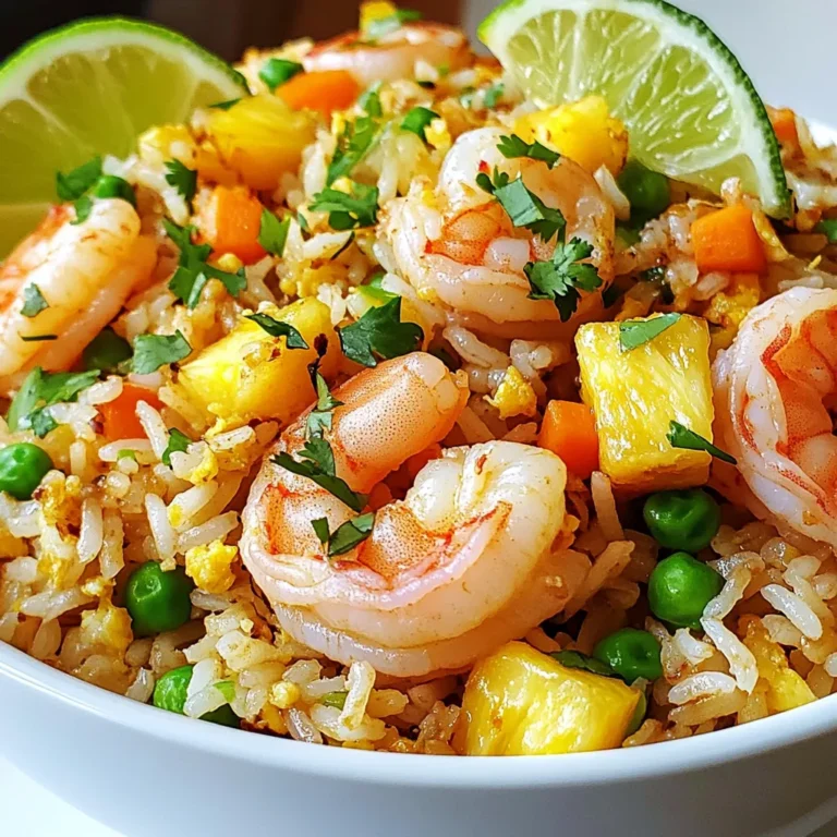 - 2 cups cooked jasmine rice - 1 cup shrimp, peeled and deveined - 1 cup fresh pineapple, diced - 1/2 cup peas and carrots - 1/2 onion, diced - 2 cloves garlic, minced - 2 tablespoons soy sauce - 1 tablespoon sesame oil - 1 tablespoon olive oil - Salt and pepper to taste The first step to making shrimp fried rice is gathering your ingredients. This dish shines with fresh flavors and simple items. Start with jasmine rice. Two cups of cooked jasmine rice work best. If you have leftover rice, that’s even better! It helps the dish stay fluffy. Next, you need shrimp. One cup of shrimp should be peeled and deveined. Fresh shrimp gives the best taste. If you prefer, frozen shrimp works too. Just make sure to thaw it well. Pineapple adds a sweet twist. You will want one cup of fresh pineapple. Dice it into small chunks for easy mixing. For added crunch and color, include 1/2 cup of peas and carrots. You can use fresh or frozen. You will also need 1/2 onion, diced finely. Onions bring flavor and depth. Don’t forget 2 cloves of garlic, minced. Garlic adds a nice aroma. Finally, season your dish well. You need 2 tablespoons of soy sauce for saltiness. Add 1 tablespoon of sesame oil for a nutty flavor. Use 1 tablespoon of olive oil for cooking. Adjust salt and pepper to your taste. With these ingredients ready, you are set for a tasty meal that your family will love! {{ingredient_image_2}} Using day-old rice is key for great fried rice. It has a firmer texture, which helps avoid mushiness. If you only have fresh rice, spread it on a tray to cool. This keeps the grains separate and helps them fry better. Start by heating olive oil in your skillet over medium-high heat. Once hot, add the diced onion and minced garlic. Cook them until the onion turns clear and you smell the garlic's nice scent. This should take about two minutes. Next, add the shrimp to the skillet. Cook them until they change to a lovely pink color, which takes about three to four minutes. Don’t forget to season with a bit of salt and pepper. This adds flavor to the shrimp. Now it's time to stir in the diced pineapple along with the peas and carrots. Stir everything together and cook for two more minutes. This makes the veggies tender and mixes in all those bright colors. Add the cooled jasmine rice to the skillet. Break up any clumps with your spatula. It’s important to mix everything well. Then, drizzle soy sauce and sesame oil over the rice mixture. Stir it well to coat the rice evenly. Cook for an extra three to four minutes, so everything is hot. Fold in the chopped green onions. Taste the dish and adjust the salt or pepper if needed. For a nice presentation, use a ring mold to shape the rice on a plate. Garnish with fresh cilantro and lime wedges for a pop of flavor. Using leftover rice gives you the best texture. Freshly cooked rice can clump together. Spread fresh rice out on a tray to cool. This helps keep the grains separate. A hot skillet is key to good fried rice. Heat your skillet to medium-high before adding oil. This step seals in flavors. You can use various seasonings to boost flavor. Soy sauce is a must for that savory taste. Try adding sesame oil for depth. If you want some heat, add a dash of chili sauce or red pepper flakes. This gives your dish a spicy kick. To make this dish vegetarian, swap shrimp for tofu. Firm tofu works best because it holds its shape. You can also use tempeh or seitan as alternatives. Adjust your cooking time for vegetables. Cook them until they are tender but still crisp. This keeps the dish vibrant and fresh. Pro Tips Use Day-Old Rice: Day-old jasmine rice has a firmer texture that prevents it from becoming mushy when fried, making it ideal for this dish. Customize Your Veggies: Feel free to add or substitute with your favorite vegetables such as bell peppers, broccoli, or corn for added flavor and nutrition. Adjust the Seasoning: Always taste your dish before serving and adjust the seasoning with salt, pepper, or more soy sauce to suit your preference. Garnish Creatively: Use fresh herbs like cilantro or mint and lime wedges for a vibrant presentation that enhances the dish’s tropical theme. {{image_4}} You can make shrimp fried rice even more fun by adding tropical fruits. Try mixing in mango or bell peppers. These fruits give the dish a sweet and vibrant twist. The juicy mango adds a burst of flavor, while bell peppers bring a nice crunch. Just chop them into small pieces and stir them in with the other ingredients. If you want a change from shrimp, consider other proteins. You can use chicken or beef instead. For chicken, use bite-sized pieces and cook them until they are golden. For beef, thin strips work best. Just make sure to adjust the cooking time. Both options still make a great fried rice meal. Want to pack in more veggies? You can add a variety of them! Try broccoli, snap peas, or even carrots. Chop them into small bits so they cook evenly. Add them when you stir in the pineapple. This not only makes your dish more colorful but also boosts the nutrition. Remember, the more veggies, the better! To keep your shrimp fried rice fresh, follow these steps: - Cool it down: Let the rice cool to room temperature before storing it. This helps prevent moisture build-up. - Use airtight containers: Store leftovers in airtight containers. This keeps out air and moisture, which can spoil the rice. In the fridge, shrimp fried rice lasts 3 to 4 days. Make sure to eat it within this time for the best taste and safety. You can reheat shrimp fried rice in two ways: - Stovetop method: Heat a pan over medium heat. Add a little oil or water. Then, add the rice. Stir often for even heating. This method keeps the texture nice. - Microwave method: Place the rice in a microwave-safe bowl. Add a splash of water to help steam it. Cover with a lid or a damp paper towel. Heat in short bursts, stirring in between, until hot. Both methods will bring your fried rice back to life, but the stovetop keeps the texture best. Enjoy your meal! Yes, you can use frozen shrimp! Just thaw them first. Place them in cold water for about 15-20 minutes. This helps keep the shrimp juicy. After thawing, pat them dry with a paper towel. This step is key. If they are wet, they will steam instead of sear. Cook them in the skillet until they turn pink. Jasmine rice is the best choice for fried rice. It has a light and fluffy texture. Using day-old rice gives you the best results. Freshly cooked rice can clump together. If you have to use fresh rice, let it cool on a tray. Spread it out to dry for better frying. Yes, you can make shrimp fried rice ahead of time. Cook it fully, then cool it down. Store it in an airtight container in the fridge. It will last for about 3 days. When ready to eat, reheat it in a skillet. Add a splash of soy sauce to refresh the flavors. This dish pairs well with many sides. Try serving it with a fresh salad. A cucumber salad adds a nice crunch. You can also serve egg rolls or spring rolls for extra texture. For a light touch, lime wedges brighten the dish. Enjoy your meal with family and friends! In this blog, we explored how to make delicious shrimp fried rice. We covered essential ingredients, step-by-step cooking methods, and tips for the best results. Remember to use day-old rice for perfect texture, and don’t skip on flavors like soy sauce and sesame oil. You can customize the recipe with different proteins or veggies. With these techniques, you can enjoy a tasty dish that’s easy to make and store. Happy cooking!