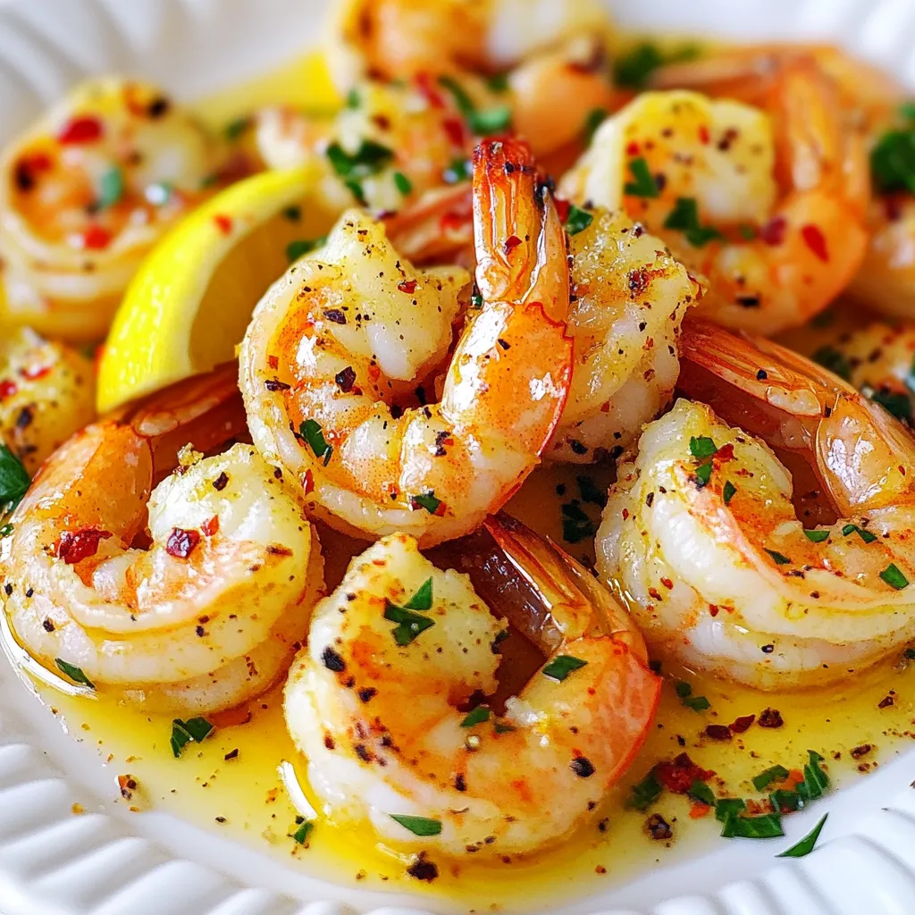 - 1 pound large shrimp, peeled and deveined - 4 cloves garlic, finely minced - 3 tablespoons extra virgin olive oil - Zest of 1 fresh lemon - Juice of 1 medium lemon - 1 teaspoon smoked paprika - ½ teaspoon red pepper flakes - Salt and freshly cracked black pepper to taste - 2 tablespoons fresh parsley, finely chopped Using fresh, high-quality ingredients makes a big difference. Fresh shrimp tastes sweet and tender. Quality olive oil adds rich flavor. Fresh garlic gives a strong aroma. The lemon zest brings bright notes. Each ingredient plays a key role. You want your dish to shine, and it starts with what you use. When buying shrimp, look for a few things. - Appearance: The shrimp should be shiny and firm. - Smell: Fresh shrimp should smell like the ocean, not fishy. - Color: Choose shrimp that are pink or gray. Avoid any with dark spots. - Texture: They should feel firm to the touch. If you can, buy shrimp that is wild-caught. This often means better taste and quality. {{ingredient_image_2}} Start by preheating your oven to 400°F (200°C). This heat will cook the shrimp well. While the oven warms up, line a baking sheet with parchment paper. This makes cleanup easier later. In a large bowl, mix the olive oil, minced garlic, lemon zest, and lemon juice. Add the smoked paprika, red pepper flakes, salt, and black pepper. Whisk everything together until it looks smooth and well mixed. This marinade is key to making the shrimp tasty. Now, add the peeled and deveined shrimp to the bowl. Gently toss the shrimp to coat them in the marinade. Let the shrimp sit for about 15 minutes. This step helps them soak up all the lovely flavors. Spread the marinated shrimp in a single layer on your baking sheet. Make sure they are not crowded. This helps them cook evenly. Place the tray in the oven and roast for 8-10 minutes. Watch closely until the shrimp turn pink and opaque. Remove them from the oven when they look perfect. Finally, sprinkle some fresh parsley on top for color before serving. To keep shrimp tender, watch the cooking time closely. Shrimp cook fast, usually in about 8-10 minutes. Once they turn pink and opaque, they are ready. If you leave them too long in the oven, they will become tough. A simple rule is to check them at 7 minutes. If they look done, take them out. To boost flavor, let shrimp marinate for 15 minutes. The marinade blends the garlic, lemon, and spices nicely. Fresh lemon juice and zest add brightness to the dish. You can also try adding herbs like dill or thyme for more depth. Adjust the red pepper flakes to control the heat level. This way, you can make it just right for your taste. Lemon garlic roasted shrimp pair well with many sides. Serve them with fluffy rice or creamy risotto. A fresh salad with greens and citrus complements the shrimp's flavors. For a hearty meal, consider roasted veggies or crusty bread. These options balance the dish and make your meal wholesome. Pro Tips Perfectly Cooked Shrimp: Keep an eye on the shrimp while roasting. They only need about 8-10 minutes to cook through. Overcooking can lead to a rubbery texture. Marination Magic: For even more flavor, consider marinating the shrimp for up to 30 minutes in the refrigerator. This allows the garlic and lemon to infuse deeper into the shrimp. Spice it Up: Adjust the amount of red pepper flakes based on your spice preference. You can also add a dash of hot sauce to the marinade for an extra kick. Garnish for Color: Fresh parsley not only adds color but also a fresh taste. You can substitute it with cilantro or chives for a different flavor profile. {{image_4}} If you like heat, try adding more red pepper flakes. Start with one teaspoon. You can also add a dash of hot sauce for extra zing. Mix it well in the marinade. This spicy twist will excite your taste buds and make each bite pop with flavor. For a fun twist, thread the shrimp onto skewers. You can use wooden or metal ones. Soak wooden skewers in water for 30 minutes to prevent burning. Marinate the shrimp as usual. Grill the skewers for about 5-7 minutes. This method gives you a great char and makes for an eye-catching dish. Add seasonal veggies for a complete meal. Bell peppers, zucchini, and cherry tomatoes work great. Toss the veggies in the marinade along with the shrimp. Place everything on the baking sheet. This way, you’ll have a colorful and healthy dish that’s full of flavor and nutrition. To store leftover lemon garlic roasted shrimp, place them in an airtight container. Make sure the shrimp cool down first. You can keep them in the fridge for up to three days. If you want to keep them longer, freezing is a better option. Always label the container with the date. When you are ready to eat the leftovers, reheat them gently. You can use the microwave, but be careful. Heat them in short bursts to avoid overcooking. I prefer using a skillet on low heat for even reheating. Add a splash of olive oil for extra flavor while warming. Freezing lemon garlic roasted shrimp is easy. First, let them cool completely. Then, place the shrimp in a single layer on a baking sheet. Freeze until solid, then transfer them to a freezer bag. Remove as much air as possible. You can freeze them for up to three months. When you are ready to eat, thaw them in the fridge overnight before reheating. Yes, you can use frozen shrimp. Just make sure to thaw them before cooking. Place the shrimp in the fridge overnight or run them under cold water to speed up the process. This way, they will soak up the marinade well. Lemon Garlic Roasted Shrimp pairs well with many sides. You can serve it with: - Rice - Quinoa - Pasta - A fresh salad - Roasted vegetables These sides balance the shrimp’s bright flavors and make a complete meal. Shrimp cook quickly. They are done when they turn pink and opaque. This usually takes about 8-10 minutes in the oven. Keep an eye on them to avoid overcooking. Overcooked shrimp become tough and chewy. Yes, you can prepare the marinade ahead of time. Just mix all the ingredients in a bowl and store them in the fridge. This saves time and helps the flavors develop. Marinate the shrimp just before cooking for the best taste. Yes, this recipe is great for meal prep. You can cook a large batch and store it in the fridge. It keeps well for up to three days. Just reheat in the oven or microwave when you’re ready to eat. This makes it easy to enjoy delicious meals throughout the week. In this blog post, we explored the key ingredients for Lemon Garlic Roasted Shrimp. Fresh, quality shrimp enhance flavors and textures. I shared tips for prepping, marinating, and roasting shrimp perfectly. You learned how to avoid overcooking and discovered flavorful variations. We also covered safe storage and reheating methods. I hope this guide helps you create a delicious dish that impresses everyone. Enjoy your cooking!